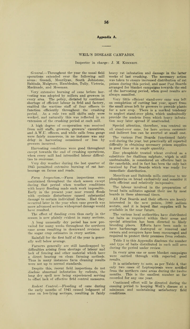 Appendix A. WEIL’S DISEASE CAMPAIGN. Inspector in charge: J. M. Kennedy. General.—Throughout the year the usual field operations extended over the following mill areas: Goondi, Mourilyan, South Johnstone, Babinda, Mulgrave, Ilambledon, Tully, Victoria, Macknade, and Mossman. Very extensive burning of cane before har¬ vesting was adopted by millers and growers in every area. The policy, dictated by continued shortage of efficient labour in field and factory, enabled the wartime staff of four officers to function efficiently throughout the crushing period. As a rule two mill shifts only were worked, and naturally this was reflected in an extension of the crushing period at each mill. A high degree of co-operation was received from mill staffs, growers, growers’ executives, and A.W.U. officers, and while calls from gangs were fairly numerous, in no instance was any delay in harvesting occasioned or loss by growers incurred. Harvesting conditions were good throughout except towards the end of crushing operations, when every mill had intensified labour difficul¬ ties to overcome. Very dry weather during the last cpiarter of 1945 permitted extensive burning of rat har¬ bourage on farms and roads. Farm inspection.—Farm inspections were maintained throughout the slack season except during that period when weather conditions with heavy flooding made such work impossible. Early in the present year near record floods with cyclonic disturbance caused substantial damage to certain individual farms. Had they occurred later in the year when cane growth was more advanced serious widespread damage would have resulted. The effect of Hooding even thus early in the season is now plainly evident in many sections. A long unusually dry period has now pre¬ vailed for many weeks throughout the northern cane areas resulting in downward revision of the sugar crop estimates in every section. Rainfall for the first half of the year is gener¬ ally well below average. Farmers generally are still handicapped by difficulties arising from shortage of labour and lack of fencing and other material which have a direct bearing on clean farming methods. Thus in many instances' farm cleaning results were not up to normal standards. Despite this, recent field inspections do not disclose abnormal infestation by rodents, the long dry spell now being experienced serving to offset lack of effective field control measures. Rodent Co7itrol.—Flooding of cane during the early months’ of 1945 caused lodgment of cane on low-lying sections, resulting in fairly heavy rat infestation and damage in the latter weeks of last crushing. The necessary action was taken to ensure increased distribution of rat poison during this period, and most Pest Boards arranged for blanket campaigns towards the end of the harvesting period, when good results are always manifest. Very little efficient stand-over cane was left on completion of cutting last year, apart from the small areas left by growers to provide plants for a new crop. There is a marked tendency to neglect stand-over plots, which undoubtedly provide the nucleus from which heavy infesta¬ tion may later spread if unattended. Special attention, therefore, was centred on all stand-over cane, for here serious economic and indirect loss can be averted at small cost. The various Pest Boards functioned fairly well during the year, but practically all reported difficulty in obtaining necessary poison supplies in good time or in ample quantity. Zinc phosphide treated wheat evolved as a substitute for thallium sulphate, wlpch is still unobtainable, is considered an effective bait in the canefields, and in fact has been the only bait received by Pest Boards which was ready for immediate distribution. Mourilyan and Babinda mills continue to use phosphorus on bread exclusively and consider it both efficient and relatively inexpensive. The labour involved in the preparation of bread baits militates against their use by most boards in these abnormal times. All Pest Boards and their officers are keenly interested in the new poison, 1080 sodium acetate, and it is hoped that supplies will be available in the near future. The various local authorities have distributed rat baits as required within their areas and special attention has been directed to likely breeding places. Efforts have been made to have harbourage destroyed or removed and owners and occupiers have been encouraged and required to protect their premises from rodents. Table 3 to this Appendix discloses the number and type of baits distributed in each mill area during the period under review. In every area one or more blanket campaigns were carried through with reported good results. It is satisfactory to note, as per Table 4, that only two cases' of Leptospirosis were notified from the northern cane areas during the twelve months. This is the smallest number so far recorded for any one year. Continued effort will be directed during the ensuing period to keeping Weil’s disease at a minimum and maintaining satisfactory field conditions.
