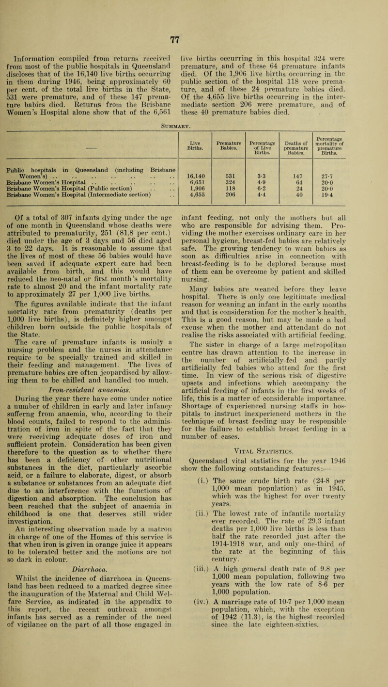 Information compiled from returns received from most of the public hospitals in Queensland discloses that of the 16.140 live births occurring in them during 1946, being approximately 60 per cent, of the total live births in the State, 531 were premature, and of these 147 prema¬ ture babies died. Returns from the Brisbane Women’s Hospital alone show that of the 6,561 live births occurring in this hospital 324 were premature, and of these 64 premature infants died. Of the 1,906 live births occurring in the public section of the hospital 118 were prema¬ ture, and of these 24 premature babies died. Of the 4,655 live births occurring in the inter¬ mediate section 206 were premature, and of these 40 premature babies died. Summary. Live Births. Premature Babies. Percentage of Live Births. Deaths of premature Babies. Percentage mortality of premature Births. Public hospitals in Queensland (including Brisbane Women’s) . . 16,140 531 3-3 147 27-7 Brisbane Women’s Hospital . . 6,651 324 4-9 64 20-0 Brisbane Women’s Hospital (Public section) 1,906 118 6-2 24 200 Brisbane Women’s Hospital (intermediate section) 4,655 206 4-4 40 19-4 Of a total of 307 infants dying under the age of one month in Queensland whose deaths were attributed to prematurity, 251 (81.8 per cent.) died under the age of 3 days and 56 died aged 3 to 22 days. It is reasonable to assume that the lives of most of these 56 babies would have been saved if adequate expert care had been available from birth, and this would have reduced the neo-natal or first month’s mortality rate to almost 20 and the infant mortality rate to approximately 27 per 1,000 live births. The figures available indicate that the infant mortality rate from prematurity (deaths per 1,000 live births), is definitely higher amongst children born outside the public hospitals of the State. The care of premature infants is mainly a nursing problem and the nurses in attendance require to be specially trained and skilled in their feeding and management. The lives of premature babies are often jeopardised by allow¬ ing them to be chilled and handled too much. Iron-resistant anaemias. During the year there have come under notice a number of children in early and later infancy sufferng from anaemia, who, according to their blood counts, failed to respond to the adminis¬ tration of iron in spite of the fact that, they were receiving adequate doses of iron and sufficient protein. Consideration has been given therefore to the question as to whether there has been a deficiency of other nutritional substances in the diet, particularly ascorbic acid, or a failure to elaborate, digest, or absorb a substance or substances from an adequate diet due to an interference with the functions of digestion and absorption. The conclusion has been reached that the subject of anaemia in childhood is one that deserves still wider investigation. An interesting observation made by a matron in charge of one of the Homes of this service is that when iron is given in orange juice it appears to be tolerated better and the motions are not so dark in colour. Diarrhoea. Whilst the incidence of diarrhoea in Queens¬ land has been reduced to a marked degree since the inauguration of the Maternal and Child Wel¬ fare Service, as indicated in the appendix to this report, the recent outbreak amongst infants has served as a reminder of the need of vigilance on the part of all those engaged in infant feeding, not only the mothers but all who are responsible for advising them. Pro¬ viding the mother exercises ordinary care in her personal hygiene, breast-fed babies are relatively safe. The growing tendency to wean babies as soon as difficulties arise in connection with breast-feeding is to be deplored because most of them can be overcome by patient and skilled nursing. Many babies are weaned before they leave hospital. There is only one legitimate medical reason for weaning an infant in the early months and that is consideration for the mother’s health. This is a good reason, but may be made a bad excuse when the mother and attendant do not realise the risks associated with artificial feeding. The sister in charge of a large metropolitan centre has drawn attention to the increase in the number of artificially-fed and partly artificially fed babies who attend for the first time. In view of the serious risk of digestive upsets and infections which accompany the artificial feeding of infants in the first weeks of life, this is a matter of considerable importance. Shortage of experienced nursing staffs in hos¬ pitals to instruct inexperienced mothers in the technique of breast feeding may be responsible for the failure to establish breast feeding in a number of cases. Vital Statistics. Queensland vital statistics for the year 1946 show the following outstanding features:— (i.) The same crude birth rate (24-8 per 1,000 mean population) as in 1945, which was the highest for over twenty years. (ii.) The lowest rate of infantile mortality ever recorded. The rate of 29.3 infant deaths per 1,000 live births is less than half the rate recorded just after the 1914-1918 war, and only one-tliird of the rate at the beginning of this century. (iii.) A high general death rate of 9.8 per 1,000 mean population, following two years with the low rate of 8-6 per 1,000 population. (iv.) A marriage rate of 10-7 per 1,000 mean population, which, with the exception of 1942 (11.3), is the highest recorded since the late eighteen-sixties.