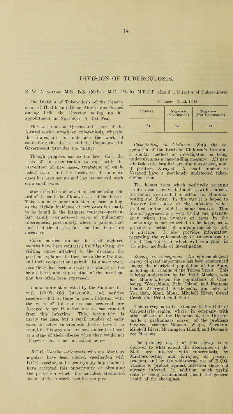 DIVISION OF TUBERCULOSIS. E. W. Abrahams, M.B., B.S. (Melb.), M.D. (Melb), M.R.C.P. (Bond.), Director of Tuberculosis. The Division of Tuberculosis of the Depart¬ ment of Health and Home Affairs was formed during 1949, the Director taking up his appointment in November of that year. This was done as Queensland’s part of the Australia-wide attack on tuberculosis, whereby the States are to undertake the work of controlling this disease and the Commonwealth Government provides the finance. Though progress has so far been slow, the basis of an organisation to cope with the prevention of new cases, treatment of estab¬ lished cases, and the discovery of unknown cases has been set up and has commenced work on a small scale. Much has been achieved in commencing con¬ trol of the contacts of known cases of the disease. This is a most important step in case finding, as the highest incidence of new cases is usually to be found in the intimate contacts—particu- lary family contacts—of cases of pulmonary tuberculosis, particularly where a patient may have had the disease for some time before its discovery. Cases notified during the past eighteen months have been contacted by Miss Craig, the visiting nurse attached to the division, the position explained to them or to their families, and their co-operation invited. In almost every case there has been a ready acceptance of the help offered, and appreciation of the investiga¬ tion has often been expressed. Contacts are skin tested by the Mantoux test with 1-1000 Old Tuberculin, and positive reactors—that is, those in whom infection with the germ of tuberculosis has occurred—are X-rayed to see if active disease has resulted from this infection. This, fortunately, is rarely the case, but a small number of early cases of active tuberculosis disease have been found in this way and are now under treatment at a stage of their disease when they would not otherwise have come to medical notice. B.C.G. Vaccine.—Contacts who are Mantoux negative have been offered vaccination with B.C.G. vaccine, and a gratifyingly large number have accepted this opportunity of obtaining the protection which this harmless attenuated strain of the tubercle bacillus can give. Contacts—Total, 1,013. Positive Negative Negative (Vaccinated) (Not Vaccinated) 564 375 74 Case-finding in Children.—With the co¬ operation of the Brisbane Children’s Hospital, a similar method of investigation is being undertaken, as a case-finding measure. All new admissions to hospital are Mantoux-tested, and, if positive, X-rayed. A small number so X-rayed have a previously undetected tuber¬ culous lesion. The homes from which positively reacting children come are visited and, as with contacts, the family are invited to attend for Mantoux- testing and X-ray. In this way it is hoped to discover the source of the infection which resulted in the child becoming positive. This line of approach is a very useful one, particu¬ larly where the number of cases in the community is not expected to be large, as it provides a method of pin-pointing likely foci of infection. It also provides information regarding the epidemiology of tuberculosis in the Brisbane district, which will be a guide in the other methods of investigation. Survey in Aboriginals.—An epidemiological survey of great importance has been commenced among the aboriginal population of the State, including the islands of the Torres Strait. This is being undertaken by Dr. Faith Macken, who has Mantoux-tested the populations of Cher¬ bourg, Woorabinda, Palm Island, and Fantome Island Aboriginal Settlements, and also at Yarrabah, Mona Mona, Mitchell River, Cowal Creek, and Red Island Point. This survey is to be extended to the Gulf of Carpentaria region, where, in company with other officers of the Department, the Director made a preliminary survey of the problems involved, visiting Mapoon, Weipa, Aurukun, Mitchell River, Mornington Island, and Doomad- gee Missions. The primary object of this survey is to discover to what extent the aborigines of the State are infected with tuberculosis, by Mantoux-testing and X-raying of positive reactors, and by the widespread use of B.C.G. vaccine to protect against infection those not already infected. In addition, much useful data is being accumulated about the general health of the aborigines.