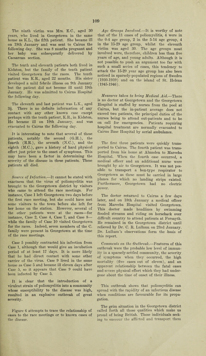 The ninth victim was Mrs. E.C., aged 30 years, who lived in Georgetown in the same house as K.L., the fifth patient. She became ill on 19th January and was sent to Cairns the following day. She was 8 months pregnant and her baby was subsequently delivered by Caesarean section. The tenth and eleventh patients both lived in Kidston, but the family of the tenth patient visited Georgetown for the races. The tenth patient was K.R., aged 22 months. His sister developed a mild febrile illness on 9th January but the patient did not become ill until 19th January. He was admitted to Cairns Hospital the following day. The eleventh and last patient was L.K., aged 3^. There is no definite information of any contact with any other known case except perhaps with the tenth patient, K.R., in Kidston, He became ill on 19th January, and was evacuated to Cairns the following day. It is interesting to note that several of these patients, notably the second (G.H.), the fourth (R.R.), the seventh (N.C.), and the eighth (M.C.), gave a history of hard physical effort just prior to the onset of symptoms. This may have been a factor in determining the severity of the disease in these patients. These patients all died. Source of Infection.—It cannot be stated with exactness that the virus of poliomyelitis was brought to the Georgetown district by visitors who came to attend the race meetings. For instance, Case 1 left Georgetown two days before the first race meeting, but she could have met some visitors to the town before she left for her home on the station. However, several of the other patients were at the races—for instance, Case 2, Case 4, Case 7, and Case 8— while the family of Case 10 visited Georgetown for the races. Indeed, seven members of the C. family were present in Georgetown at the time of the race meetings. Case 5 possibly contracted his infection from Case 1, although that would give an incubation period of at least 17 days. It is more likely that he had direct contact with some other carrier of the virus. Case 9 lived in the same house as Case 5 and became ill eleven days after Case 5, so it appears that Case 9 could have been infected by Case 5. It is clear that the introduction of a virulent strain of poliomyelitis into a community whose susceptibility to the disease was high, resulted in an explosive outbreak of great severity. Figure 6 attempts to trace the relationship of cases to the race meetings or to known cases of the disease. Age Groups Invoiced.—It is worthy of note that of the 11 cases of poliomyelitis, 4 were in the 0-4 age group, 2 in the 5-14 age group, 4 in the 15-29 age group, whilst the eleventh victim was aged 30. The age groups most involved were, therefore, children less than five years of age, and young adults. Although it is not possible to push an argument too far with such a small series of cases, this tendency to attack the 15-29 year age group has also been noticed in sparsely-populated regions of Sweden (1930-1939) and on the island of St. Helena (1945-1946). Measures taken to bring Medical Aid.—There is no doctor at Georgetown and the Georgetown Hospital is staffed by nurses from the pool at Cairns, but the in-patient average does not exceed two patients, the principal duties of the nurses being to attend out-patients and to be on call for emergencies. Patients requiring hospital treatment are normally evacuated to Cairns Base Hospital by aerial ambulance. The first three patients were quickly trans¬ ported to Cairns. The fourth patient was trans¬ ported from his home at Almaden to Mareeba Hospital. When the fourth case occurred, a medical officer and an additional nurse were brought by air to Georgetown. It was not pos¬ sible to transport a box-type respirator to Georgetown as these must be carried in large planes for which no landing strips existed. Furthermore, Georgetown had no electric power. The doctor returned to Cairns a few days later, and on 18th January a medical officer from Mareeba Hospital visited Georgetown. This doctor made headlines by swimming flooded streams and riding on horseback over difficult country to attend patients at Forsayth. He remained in the Georgetown district until relieved by Dr. C. R. Lulham on 23rd January. Dr. Lulham’s observations form the basis of this report. Comments on the Outbreak.—Features of this outbreak were the probable Ioav level of immun¬ ity in a sparsely-settled community, the severity of symptoms when they occurred, the high mortality (five cases out of eleven), and an apparent relationship between the fatal cases and severe physical effort which they had under¬ gone about the time of onset of their illness. This outbreak shows that poliomyelitis can spread with the rapidity of an infectious disease when conditions are favourable for its propa¬ gation. The grim situation in the Georgetown district called forth all those qualities which make us proud of being British. Those individuals seek¬ ing to succour the afflicted and transport them