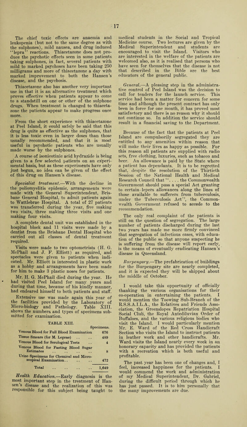 The chief toxic effects are anaemia and leukopenia (but not to the same degree as with the sulphones), mild nausea, and drug induced “lepra” reactions. Thiacetazone does not pro¬ duce the psychotic effects seen in some patients taking sulphones, in fact, several patients with mild to marked psychoses have been taking 250 milligrams and more of thiacetazone a day with marked improvement to both the Hansen’s disease, and the psychosis. Thiacetazone also has another very important use in that it is an, alternative treatment which proves effective when patients appear to come to a standstill on one or other of the sulphone drugs. When treatment is changed to thiaceta¬ zone the i>atients appear to make progress once more. From the short experience with thiacetazone at Peel Island, it could safely be said that this drug is quite as effective as the sulphones, that it is less toxic even in larger doses than those usually recommended, and that it is most useful in psychotic patients who are usually made worse by the sulphones. A course of isonicotinic acid hydrazide is being given to a few selected patients on an experi¬ mental basis, but as these experiments have only just begun, no idea can be given of the effect of this drug on Hansen’s disease. Specialist treatment.—With the decline in the poliomyelitis epidemic, arrangements were made with the General Superintendent, Bris¬ bane General Hospital, to admit patients again to Wattlebrae Hospital. A total of 27 patients was transferred during the year, five making two visits, three making three visits and one making four visits. A complete dental unit was established in the hospital block and 11 visits were made by a dentist from the Brisbane Dental Hospital who carried out all classes of dental treatment required. Visits were made to two optometrists (H. G. McPhail and J. F. Elliott) as required, and spectacles were given to patients when indi¬ cated. Mr. Elliott is interested in plastic work as a hobby and arrangements have been made for him to make 3 plastic noses for patients. Mr. H. G. McPhail died during the year. He had visited Peel Island for many years and during that time, because of his kindly manner, had endeared himself to both patients and staff. Extensive use was made again this year of the facilities provided by the Laboratory of Micro-biology and Pathology. Table XIII. shows the numbers and types of specimens sub¬ mitted for examination. TABLE XIII. Specimens. Venous Blood for Full Blood Examination 676 Tissue Smears (for M. Leprae) .. . . 489 Venous Blood for Serological Tests .. 4 Venous Blood for Fasting Blood Sugar Estimates .. .. .. .. 8 Urine Specimens for Chemical and Micro¬ scopical Examination. . .. .. 472 Total . 1,649 Health Education.—Early diagnosis is the most important step in the treatment of Han¬ sen’s disease and the realization of this was responsible for this subject being taught to medical students in the Social and Tropical Medicine course. Two lectures are given by the Medical Superintendent and students are encouraged to visit the Island. Visitors who are interested in the welfare of the patients are welcomed also, as it is realised that persons who have seen for themselves that the disease is not that described in the Bible are the best educators of the general public. General.—A pleasing step in the administra¬ tive control of Peel Island was the decision to call for tenders for the launch service. This service had been a matter for concern for some time and although the present contract has only been in force for one month, it has proved most satisfactory and there is no reason why it should not continue so. In addition the service should result in a financial saving to the Department. Because of the fact that the patients at Peel Island are compulsorily segregated they are entitled to any amenities within reason that will make their lives as happy as possible. For this reason all patients are supplied with radio sets, free clothing, luxuries, such as tobacco and beer. An allowance is paid by the State where a patient has dependants. It is to be regretted that, despite the resolution of the Thirtieth Session of the National Health and Medical Research Council that'“.... the Commonwealth Government should pass a special Act granting to certain lepers allowances along the lines of those available to sufferers from tuberculosis, under the Tuberculosis Act”, the Common¬ wealth Government refused to accede to the recommendation. The only real complaint of the patients is still on the question of segregation. The large number of patients discharged during the last two years has made me more firmly convinced that segregation of infectious cases, with educa¬ tion of the public so that anyone suspecting he is suffering from the disease will report early, is the means of eventually eradicating Hansen’s disease in Queensland. Burpengary.—The prefabrication of buildings for the Burpengary site are nearly completed, and it is expected they will be shipped about the middle of October. I would take this opportunity of officially thanking the various organisations for their co-operation in entertaining the patients. I would mention the Toowing Sub-Branch of the R.S.S.A.I.L.A., the Relatives and Friends Asso¬ ciation, the Greenslopes Repatriation Hospital Social Club, the Royal Antediluvian Order of Buffaloes, and the various religious bodies who visit the Island. I would particularly mention Mr. E. Ward of the Red 'Cross Handicraft Section who visits the Island to instruct patients in leather work and other handicrafts. Mr. Ward visits the Island nearly every week in an honorary capacity and has provided the patients with a recreation which is both useful and profitable. The past year has been one of changes and, I feel, increased happiness for the patients. I would commend the work and administration of my Medical Superintendent, Dr. Gabriel, during the difficult period through which he has just passed. It is to him personally that the many improvements are due.