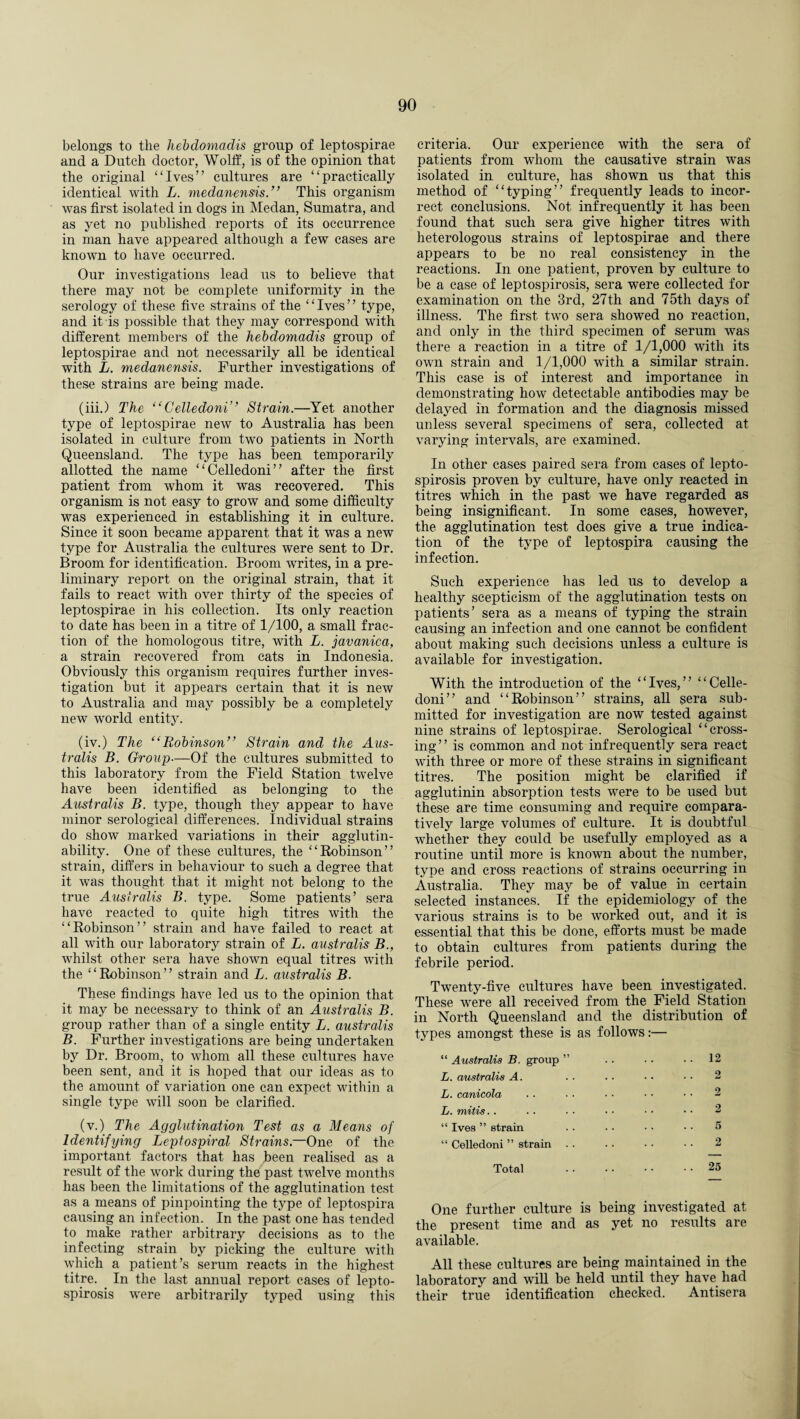 belongs to tlie hebdomadis group of leptospirae and a Dutch doctor, Wolff, is of the opinion that the original “Ives” cultures are “practically identical with L. medanensis.” This organism was first isolated in dogs in Medan, Sumatra, and as yet no published reports of its occurrence in man have appeared although a few cases are known to have occurred. Our investigations lead us to believe that there may not be complete uniformity in the serology of these five strains of the ‘ ‘ Ives ’ ’ type, and it is possible that they may correspond with different members of the hebdomadis group of leptospirae and not necessarily all be identical with L. medanensis. Further investigations of these strains are being made. (iii.) The “Celledoni” Strain.—Yet another type of leptospirae new to Australia has been isolated in culture from two patients in North Queensland. The type has been temporarily allotted the name “Celledoni” after the first patient from whom it was recovered. This organism is not easy to grow and some difficulty was experienced in establishing it in culture. Since it soon became apparent that it was a new type for Australia the cultures were sent to Dr. Broom for identification. Broom writes, in a pre¬ liminary report on the original strain, that it fails to react with over thirty of the species of leptospirae in his collection. Its only reaction to date has been in a titre of 1/100, a small frac¬ tion of the homologous titre, with L. javanica, a strain recovered from cats in Indonesia. Obviously this organism requires further inves¬ tigation but it appears certain that it is new to Australia and may possibly be a completely new world entity. (iv.) The “Robinson” Strain and the Aus¬ tralis B. Group.—Of the cultures submitted to this laboratory from the Field Station twelve have been identified as belonging to the Australis B. type, though they appear to have minor serological differences. Individual strains do show marked variations in their agglutin- ability. One of these cultures, the “Robinson” strain, differs in behaviour to such a degree that it was thought that it might not belong to the true Australis B. type. Some patients’ sera have reacted to quite high titres with the “Robinson” strain and have failed to react at all with our laboratory strain of L. australis B., whilst other sera have shown equal titres with the ‘ ‘ Robinson ’ ’ strain and L. australis B. These findings have led us to the opinion that it may be necessary to think of an Australis B. group rather than of a single entity L. australis B. Further investigations are being undertaken by Dr. Broom, to whom all these cultures have been sent, and it is hoped that our ideas as to the amount of variation one can expect within a single type will soon be clarified. (v.) The Agglutination Test as a Means of Identifying Leptospiral Strains.—One of the important factors that has been realised as a result of the work during the past twelve months has been the limitations of the agglutination test as a means of pinpointing the type of leptospira causing an infection. In the past one has tended to make rather arbitrary decisions as to the infecting strain by picking the culture with which a patient’s serum reacts in the highest titre. In the last annual report cases of lepto¬ spirosis were arbitrarily typed using this criteria. Our experience with the sera of patients from whom the causative strain was isolated in culture, has shown us that this method of “typing” frequently leads to incor¬ rect conclusions. Not infrequently it has been found that such sera give higher titres with heterologous strains of leptospirae and there appears to be no real consistency in the reactions. In one patient, proven by culture to be a case of leptospirosis, sera were collected for examination on the 3rd, 27th and 75th days of illness. The first two sera showed no reaction, and only in the third specimen of serum was there a reaction in a titre of 1/1,000 with its own strain and 1/1,000 with a similar strain. This case is of interest and importance in demonstrating how detectable antibodies may be delayed in formation and the diagnosis missed unless several specimens of sera, collected at varying intervals, are examined. In other cases paired sera from cases of lepto¬ spirosis proven by culture, have only reacted in titres which in the past we have regarded as being insignificant. In some cases, however, the agglutination test does give a true indica¬ tion of the type of leptospira causing the infection. Such experience has led us to develop a healthy scepticism of the agglutination tests on patients’ sera as a means of typing the strain causing an infection and one cannot be confident about making such decisions unless a culture is available for investigation. With the introduction of the “Ives,” “Celle¬ doni” and “Robinson” strains, all sera sub¬ mitted for investigation are now tested against nine strains of leptospirae. Serological “cross¬ ing” is common and not infrequently sera react with three or more of these strains in significant titres. The position might be clarified if agglutinin absorption tests were to be used but these are time consuming and require compara¬ tively large volumes of culture. It is doubtful whether they could be usefully employed as a routine until more is known about the number, type and cross reactions of strains occurring in Australia. They may be of value in certain selected instances. If the epidemiology of the various strains is to be worked out, and it is essential that this be done, efforts must be made to obtain cultures from patients during the febrile period. Twenty-five cultures have been investigated. These were all received from the Field Station in North Queensland and the distribution of types amongst these is as follows:— “ Australis B. group ” .. . . 12 L. australis A. .. .. • • • • 2 L. canicola .. . . • ■ ■ • • • 2 L. mitis.. .. • • • • • • • • 2 “ Ives ” strain . . • • • • • • 5 “ Celledoni ” strain . . .. • • - • 2 Total .25 One further culture is being investigated at the present time and as yet no results are available. All these cultures are being maintained in the laboratory and will be held until they have had their true identification checked. Antisera