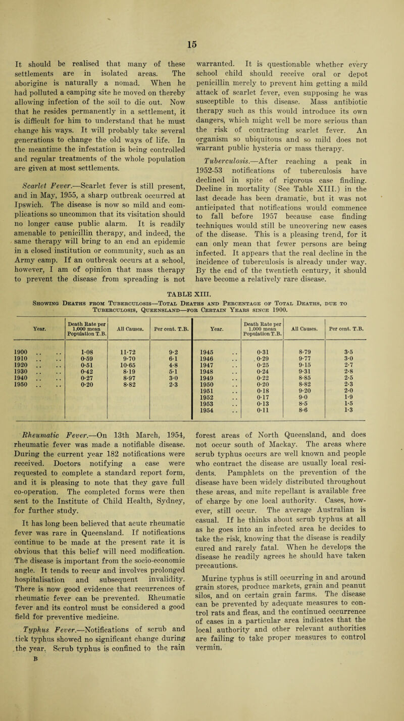 It should be realised that many of these settlements are in isolated areas. The aborigine is naturally a nomad. When he had polluted a camping site he moved on thereby allowing infection of the soil to die out. Now that he resides permanently in a settlement, it is difficult for him to understand that he must change his ways. It will probably take several generations to change the old ways of life. In the meantime the infestation is being controlled and regular treatments of the whole population are given at most settlements. Scarlet Fever.—Scarlet fever is still present, and in May, 1955, a sharp outbreak occurred at Ipswich. The disease is now so mild and com¬ plications so uncommon that its visitation should no longer cause public alarm. It is readily amenable to penicillin therapy, and indeed, the same therapy will bring to an end an epidemic in a closed institution or community, such as an Army camp. If an outbreak occurs at a school, however, I am of opinion that mass therapy to prevent the disease from spreading is not warranted. It is questionable whether every school child should receive oral or depot penicillin merely to prevent him getting a mild attack of scarlet fever, even supposing he was susceptible to this disease. Mass antibiotic therapy such as this would introduce its own dangers, which might well be more serious than the risk of contracting scarlet fever. An organism so ubiquitous and so mild does not warrant public hysteria or mass therapy. Tuberculosis.—After reaching a peak in 1952-53 notifications of tuberculosis have declined in spite of rigorous case finding. Decline in mortality (See Table XIII.) in the last decade has been dramatic, but it was not anticipated that notifications would commence to fall before 1957 because case finding techniques wrould still be uncovering new cases of the disease. This is a pleasing trend, for it can only mean that fewer persons are being infected. It appears that the real decline in the incidence of tuberculosis is already under way. By the end of the twentieth century, it should have become a relatively rare disease. TABLE XIII. Showing Deaths prom Tuberculosis—Total Deaths and Percentage op Total Deaths, due to Tuberculosis, Queensland—por Certain Years since 1900. Year. Death Rate per 1,000 mean Population T.B. All Causes. Per cent. T.B. Year. Death Rate per 1,000 mean Population T.B. All Causes. Per cent. T.B. 1900 .. 1-08 11-72 9-2 1945 0-31 8-79 3-5 1910 .. 0-59 9-70 6-1 1946 0-29 9-77 3-0 1920 .. 0-51 10-65 4-8 1947 0-25 9-15 2-7 1930 .. 0-42 8-19 5-1 1948 0-24 9-31 2-8 1940 .. 0-27 8-97 3-0 1949 0-22 8-85 2-5 1950 . . 0-20 8-82 2-3 1950 0-20 8-82 2-3 1951 0-18 9-20 2-0 1952 0-17 9-0 1-9 1953 0-13 8-5 1-5 1954 0-11 8-6 1-3 Rheumatic Fever.—On 13th March, 1954, rheumatic fever was made a notifiable disease. During the current year 182 notifications were received. Doctors notifying a case were requested to complete a standard report form, and it is pleasing to note that they gave full co-operation. The completed forms were then sent to the Institute of Child Health, Sydney, for further study. It has long been believed that acute rheumatic fever was rare in Queensland. If notifications continue to be made at the present rate it is obvious that this belief will need modification. The disease is important from the socio-economic angle. It tends to recur and involves prolonged hospitalisation and subsequent invalidity. There is now good evidence that recurrences of rheumatic fever can be prevented. Rheumatic fever and its control must be considered a good field for preventive medicine. Typhus Fever.—Notifications of scrub and tick typhus showed no significant change during .the year. Scrub typhus is confined to the rain B forest areas of North Queensland, and does not occur south of Mackay. The areas where scrub typhus occurs are well known and people who contract the disease are usually local resi¬ dents. Pamphlets on the prevention of the disease have been widely distributed throughout these areas, and mite repellant is available free of charge by one local authority. Cases, how¬ ever, still occur. The average Australian is casual. If he thinks about scrub typhus at all as he goes into an infected area he decides to take the risk, knowing that the disease is readily cured and rarely fatal. When he develops the disease he readily agrees he should have taken precautions. Murine typhus is still occurring in and around grain stores, produce markets, grain and peanut silos, and on certain grain farms. The disease can be prevented by adequate measures to con¬ trol rats and fleas, and the continued occurrence of cases in a particular area indicates that the local authority and other relevant authorities are failing to take proper measures to control vermin,