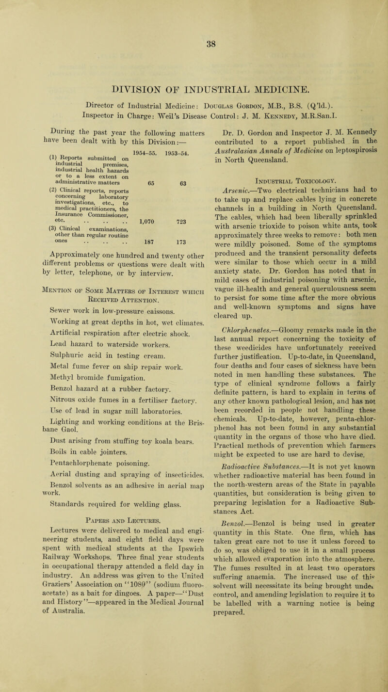 DIVISION OF INDUSTRIAL MEDICINE. Director of Industrial Medicine: Douglas Gordon, M.B., B.S. (Q’ld.). Inspector in Charge: Weil’s Disease Control: J. M. Kennedy, M.R.San.I. During the past year the following matters have been dealt with by this Division:— ... „ 1954-55. 1953-54. (1) Keports submitted on industrial premises, industrial health hazards or to a less extent on administrative matters 65 63 (2) Clinical reports, reports concerning laboratory investigations, etc., to medical practitioners, the Insurance Commissioner, etc. 1,070 723 (3) Clinical examinations, other than regular routine ones 187 173 Approximately one hundred and twenty other different problems or questions were dealt with by letter, telephone, or by interview. Mention of Some Matters of Interest which Received Attention. Sewer work in low-pressure caissons. Working at great depths in hot, wet climates. Artificial respiration after electric shock. Lead hazard to waterside workers. Sulphuric acid in testing cream. Metal fume fever on ship repair work. Methyl bromide fumigation. Benzol hazard at a rubber factory. Nitrous oxide fumes in a fertiliser factory. Use of lead in sugar mill laboratories. Lighting and working conditions at the Bris¬ bane Gaol. Dust arising from stuffing toy koala bears. Boils in cable jointers. Pentachlorphenate poisoning. Aerial dusting and spraying of insecticides. Benzol solvents as an adhesive in aerial map work. Standards required for welding glass. Papers and Lectures. Lectures were delivered to medical and engi¬ neering students, and eight field days were spent with medical students at the Ipswich Railway Workshops. Three final year students in occupational therapy attended a field day in industry. An address was given to the United Graziers’ Association on “1080” (sodium fluoro- acetate) as a bait for dingoes. A paper—“Dust and History”—appeared in the Medical Journal of Australia. Dr. D. Gordon and Inspector J. M. Kennedy contributed to a report published in the. Australasian Annals of Medicine on leptospirosis in North Queensland. Industrial Toxicology. Arsenic.—Two electrical technicians had to to take up and replace cables lying in concrete channels in a building in North Queensland. The cables, which had been liberally sprinkled with arsenic trioxide to poison white ants, took approximately three weeks to remove: both men were mildly poisoned. Some of the symptoms produced and the transient personality defects were similar to those which occur in a mild anxiety state. Dr. Gordon has noted that in mild cases of industrial poisoning wdth arsenic, vague ill-health and general querulousness seem to persist for some time after the more obvious and well-known symptoms and signs have cleared up. Chlorphenates.—Gloomy remarks made in the last annual report concerning the toxicity of these weedicides have unfortunately received further justification. Up-to-date, in Queensland, four deaths and four cases of sickness have been noted in men handling these substances. The type of clinical syndrome follows a fairly definite pattern, is hard to explain in terms of any other known pathological lesion, and has not been recorded in people not handling these chemicals. Up-to-date, however, penta-chlor- phenol has not been found in any substantial quantity in the organs of those who have died. Practical methods of prevention which farmers might be expected to use are hard to devise. Radioactive Substances.—It is not yet known whether radioactive material has been found in the north-western areas of the State in payable quantities, but consideration is being given to preparing legislation for a Radioactive Sub¬ stances Act. Benzol.—Benzol is being used in greater quantity in this State. One firm, which has taken great care not to use it unless forced to do so, was obliged to use it in a small process which allowed evaporation into the atmosphere. The fumes resulted in at least two operators suffering anaemia. The increased use of thw solvent will necessitate its being brought unde* control, and amending legislation to require it to be labelled with a warning notice is being prepared.