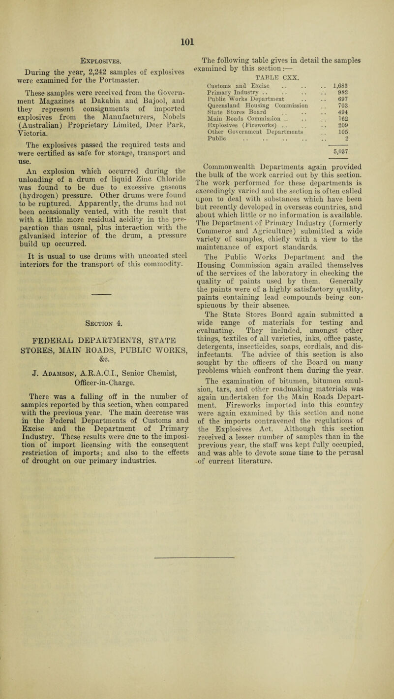 Explosives. During the year, 2,242 samples of explosives were examined for the Portmaster. These samples were received from the Govern¬ ment Magazines at Dakabin and Bajool, and they represent consignments of imported explosives from the Manufacturers, Nobels (Australian) Proprietary Limited, Deer Park, Victoria. The explosives passed the required tests and were certified as safe for storage, transport and use. An explosion which occurred during the unloading of a drum of liquid Zinc Chloride was found to be due to excessive gaseous (hydrogen) pressure. Other drums were found to be ruptured. Apparently, the drums had not been occasionally vented, with the result that with a little more residual acidity in the pre¬ paration than usual, plus interaction with the galvanised interior of the drum, a pressure build up occurred. It is usual to use drums with uncoated steel interiors for the transport of this commodity. Section 4. FEDERAL DEPARTMENTS, STATE STORES, MAIN ROADS, PUBLIC WORKS, &e. J. Adamson, A.R.A.C.I., Senior Chemist, Officer-in- Charge. There was a falling off in the number of samples reported by this section, when compared with the previous year. The main decrease was in the Federal Departments of Customs and Excise and the Department of Primary Industry. These results were due to the imposi¬ tion of import licensing with the consequent restriction of imports; and also to the effects of drought on our primary industries. The following table gives in detail the samples examined by this section:— TABLE CXX. Customs and Excise Primary Industry Public Works Department Queensland Housing Commission State Stores Board Main Boads Commission ... Explosives (Fireworks) Other Government Departments Public 1,683 982 697 703 494 162 209 105 2 5,037 Commonwealth Departments again provided the bulk of the work carried out by this section. The work performed for these departments is exceedingly varied and the section is often called upon to deal with substances which have been but recently developed in overseas countries, and about which little or no information is available. The Department of Primary Industry (formerly Commerce and Agriculture) submitted a wide variety of samples, chiefly with a view to the maintenance of export standards. The Public Works Department and the Housing Commission again availed themselves of the services of the laboratory in checking the quality of paints used by them. Generally the paints were of a highly satisfactory quality, paints containing lead compounds being con¬ spicuous by their absence. The State Stores Board again submitted a wide range of materials for testing and evaluating. They included, amongst other things, textiles of all varieties, inks, office paste, detergents, insecticides, soaps, cordials, and dis¬ infectants. The advice of this section is also sought by the officers of the Board on many problems which confront them during the year. The examination of bitumen, bitumen emul¬ sion, tars, and other roadmaking materials was again undertaken for the Main Roads Depart¬ ment. Fireworks imported into this country were again examined by this section and none of the imports contravened the regulations of the Explosives Act. Although this section received a lesser number of samples than in the previous year, the staff was kept fully occupied, and was able to devote some time to the perusal of current literature.