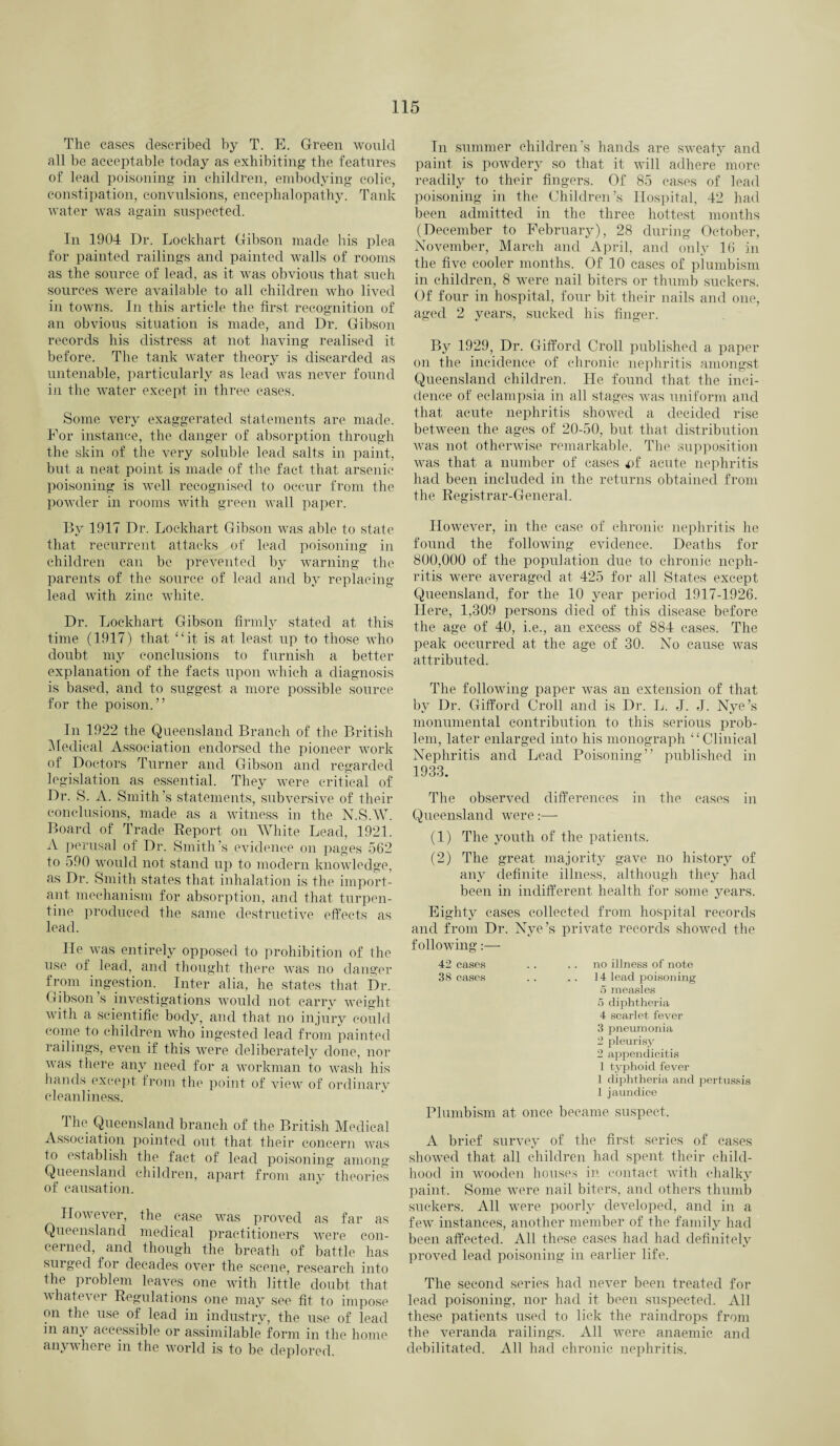 The cases described by T. E. Green would all be acceptable today as exhibiting the features of lead poisoning in children, embodying colic, constipation, convulsions, encephalopathy. Tank water was again suspected. In 1904 Dr. Lockhart Gibson made his plea for painted railings and painted walls of rooms as the source of lead, as it was obvious that such sources were available to all children who lived in towns. In this article the first recognition of an obvious situation is made, and Dr. Gibson records his distress at not having realised it before. The tank water theory is discarded as untenable, particularly as lead was never found in the water except in three cases. Some very exaggerated statements are made. For instance, the danger of absorption through the skin of the very soluble lead salts in paint, but a neat point is made of the fact that arsenic poisoning is well recognised to occur from the powder in rooms with green wall paper. By 1917 Dr. Lockhart Gibson was able to state that recurrent attacks of lead poisoning in children can be prevented by warning the parents of the source of lead and by replacing lead with zinc white. Dr. Lockhart Gibson firmly stated at this time (1917) that “it is at least up to those who doubt my conclusions to furnish a better explanation of the facts upon which a diagnosis is based, and to suggest a more possible source for the poison.” In 1922 the Queensland Branch of the British Medical Association endorsed the pioneer work of Doctors Turner and Gibson and regarded legislation as essential. They were critical of Dr. S. A. Smith’s statements, subversive of their conclusions, made as a witness in the N.SAV. Board of Trade Report on White Lead, 1921. A perusal of Dr. Smith’s evidence on pages 562 to 590 would not stand up to modern knowledge, as Dr. Smith states that inhalation is the import¬ ant mechanism for absorption, and that turpen¬ tine produced the same destructive effects as lead. He was entirely opposed to prohibition of the use of lead, and thought there was no danger from ingestion. Inter alia, he states that Dr. Gibson’s investigations would not carry weight with a scientific body, and that no injury could come to children who ingested lead from painted railings, even if this were deliberately done, nor was there any need for a workman to wash his hands except from the point of view of ordinary cleanliness. The Queensland branch of the British Medical Association pointed out that their concern was to establish the fact of lead poisoning among Queensland children, apart from any theories of causation. However, the case was proved as far as Queensland medical practitioners were con¬ cerned, and though the breath of battle has surged for decades over the scene, research into the problem leaves one with little doubt that whatever Regulations one may see fit to impose on the use of lead in industry, the use of lead in am accessible or assimilable form in the home anywhere in the world is to be deplored. In summer children's hands are sweaty and paint is powdery so that it will adhere more readily to their fingers. Of 85 cases of lead poisoning in the Children’s Hospital, 42 had been admitted in the three hottest months (December to February), 28 during October, November, March and April, and only 16 in the five cooler months. Of 10 cases of plumbism in children, 8 were nail biters or thumb suckers. Of four in hospital, four bit their nails and one, aged 2 years, sucked his finger. By 1929, Dr. Gifford Croll published a paper on the incidence of chronic nephritis amongst Queensland children. He found that the inci¬ dence of eclampsia in all stages was uniform and that acute nephritis showed a decided rise between the ages of 20-50, but that distribution was not otherwise remarkable. The supposition was that a number of cases 4)f acute nephritis had been included in the returns obtained from the Registrar-General. However, in the case of chronic nephritis he found the following evidence. Deaths for 800,000 of the population due to chronic neph¬ ritis were averaged at 425 for all States except Queensland, for the 10 year period 1917-1926. Here, 1,309 persons died of this disease before the age of 40, i.e., an excess of 884 cases. The peak occurred at the age of 30. No cause was attributed. The following paper was an extension of that by Dr. Gifford Croll and is Dr. L. J. J. Nye’s monumental contribution to this serious prob¬ lem, later enlarged into his monograph ‘‘Clinical Nephritis and Lead Poisoning” published in 1933. The observed differences in the cases in Queensland were:— (1) The youth of the patients. (2) The great majority gave no history of any definite illness, although they had been in indifferent health for some years. Eighty cases collected from hospital records and from Dr. Nye’s private records showed the following 42 cases . . . . no illness of note 38 cases . . . . 14 lead poisoning 5 measles 5 diphtheria 4 scarlet fever 3 pneumonia 2 pleurisy 2 appendicitis 1 typhoid fever 1 diphtheria and pertussis 1 jaundice Plumbism at once became suspect. A brief survey of the first series of cases showed that all children had spent their child¬ hood in wooden houses in contact with chalky paint. Some were nail biters, and others thumb suckers. All were poorly developed, and in a few instances, another member of the family had been affected. All these cases had had definitely proved lead poisoning in earlier life. The second series had never been treated for lead poisoning, nor had it been suspected. All these patients used to lick the raindrops from the veranda railings. All were anaemic and debilitated. All had chronic nephritis.