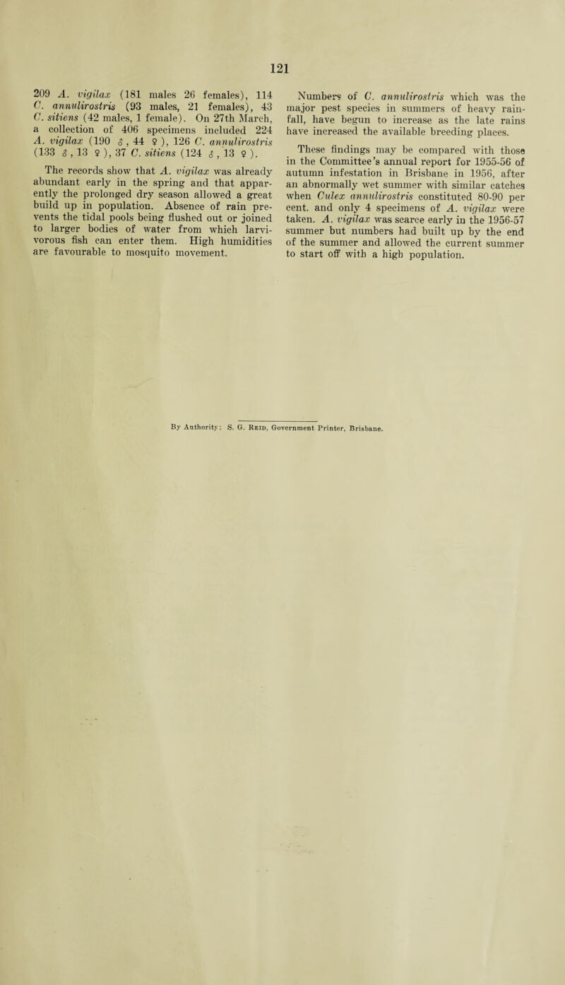 209 A. vigilax (181 males 26 females), 114 C. annulirostris (93 males, 21 females), 43 C. sitiens (42 males, 1 female). On 27th March, a collection of 406 specimens included 224 A. vigilax (190 $,44 $ ), 126 C. annulirostris (133 $ , 13 9 ), 37 C. sitiens (124 $ , 13 $ ). The records show that A. vigilax was already abundant early in the spring and that appar¬ ently the prolonged dry season allowed a great build up in population. Absence of rain pre¬ vents the tidal pools being flushed out or joined to larger bodies of water from which larvi- vorous fish can enter them. High humidities are favourable to mosquito movement. Numbers of C. annulirostris wThich was the major pest species in summers of heavy rain¬ fall, have begun to increase as the late rains have increased the available breeding places. These findings may be compared with those in the Committee’s annual report for 1955-56 of autumn infestation in Brisbane in 1956, after an abnormally wet summer with similar catches when Culex annulirostris constituted 80-90 per cent, and only 4 specimens of A. vigilax were taken. A. vigilax was scarce early in the 1956-57 summer but numbers had built up by the end of the summer and allowed the current summer to start off with a high population.