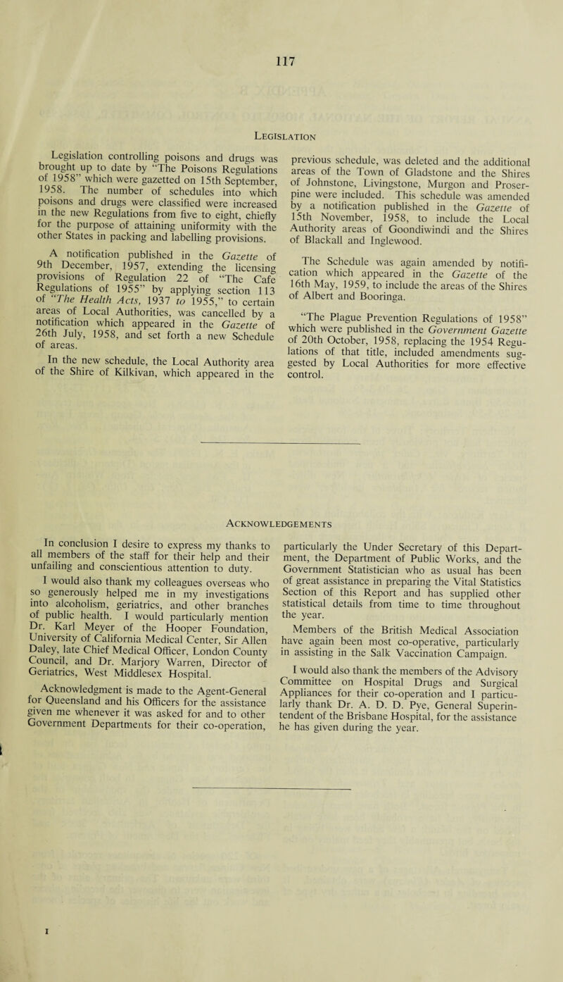 Legislation Legislation controlling poisons and drags was brought up to date by “The Poisons Regulations of 1958” which were gazetted on 15th September, 1958. The number of schedules into which poisons and drugs were classified were increased in the new Regulations from five to eight, chiefly for the purpose of attaining uniformity with the other States in packing and labelling provisions. A notification published in the Gazette of 9th December, 1957, extending the licensing provisions of Regulation 22 of “The Cafe Regulations of 1955” by applying section 113 of “The Health Acts, 1937 to 1955,” to certain areas of Local Authorities, was cancelled by a notification which appeared in the Gazette of 26th July, 1958, and set forth a new Schedule of areas. In the new schedule, the Local Authority area of the Shire of Kilkivan, which appeared in the previous schedule, was deleted and the additional areas of the Town of Gladstone and the Shires of Johnstone, Livingstone, Murgon and Proser¬ pine were included. This schedule was amended by a notification published in the Gazette of 15th November, 1958, to include the Local Authority areas of Goondiwindi and the Shires of Blackall and Inglewood. The Schedule was again amended by notifi¬ cation which appeared in the Gazette of the 16th May, 1959, to include the areas of the Shires of Albert and Booringa. “The Plague Prevention Regulations of 1958” which were published in the Government Gazette of 20th October, 1958, replacing the 1954 Regu¬ lations of that title, included amendments sug¬ gested by Local Authorities for more effective control. Acknowledgements In conclusion I desire to express my thanks to all members of the staff for their help and their unfailing and conscientious attention to duty. I would also thank my colleagues overseas who so generously helped me in my investigations into alcoholism, geriatrics, and other branches of public health. I would particularly mention Dr. Karl Meyer of the Hooper Foundation, University of California Medical Center, Sir Allen Daley, late Chief Medical Officer, London County Council, and Dr. Marjory Warren, Director of Geriatrics, West Middlesex Hospital. Acknowledgment is made to the Agent-General for Queensland and his Officers for the assistance given me whenever it was asked for and to other Government Departments for their co-operation, particularly the Under Secretary of this Depart¬ ment, the Department of Public Works, and the Government Statistician who as usual has been of great assistance in preparing the Vital Statistics Section of this Report and has supplied other statistical details from time to time throughout the year. Members of the British Medical Association have again been most co-operative, particularly in assisting in the Salk Vaccination Campaign. I would also thank the members of the Advisory Committee on Hospital Drugs and Surgical Appliances for their co-operation and I particu¬ larly thank Dr. A. D. D. Pye, General Superin¬ tendent of the Brisbane Hospital, for the assistance he has given during the year. 1