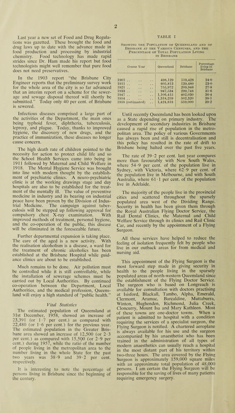 Last year a new set of Food and Drug Regula¬ tions was gazetted. These brought the food and drug laws up to date with the advance made in food production and processing by industrial chemistry. Food technology has made rapid strides since Dr. Ham made his report but food technologists might well remember that pure food does not need preservatives. In the 1903 report “the Brisbane City Engineer reports that the preliminary survey work for the whole area of the city is so far advanced that an interim report on a scheme for the sewer¬ age and sewage disposal thereof will shortly be submitted.” Today only 40 per cent, of Brisbane is sewered. Infectious diseases comprised a large part of the activities of the Department, the main ones being typhoid fever, diphtheria, tuberculosis, leprosy, and plague. Today, thanks to improved hygiene, the discovery of new drugs, and the practice of immunization, these diseases no longer cause concern. The high death rate of children pointed to the necessity for action to protect child life and so the School Health Services came into being in 1911 followed by Maternal and Child Welfare in 1918. The Mental Hygiene Service was brought into line with modern thought by the establish¬ ment of psychiatric clinics. A neuro-psychiatric clinic is at the working drawings stage and day hospitals are also to be established for the treat¬ ment of the mentally ill. The value of preventive medicine in industry and its bearing on industrial peace have been proven by the Division of Indus¬ trial Medicine. The campaign against tuber¬ culosis will be stepped up following approval for compulsory chest X-ray examination. With improved methods of treatment, personal hygiene, and the co-operation of the public, this disease will be eliminated in the foreseeable future. Further departmental expansion is taking place. The care of the aged is a new activity. With the realisation alcoholism is a disease, a ward for the treatment of chronic alcoholics has been established at the Brisbane Hospital while guid¬ ance clinics are about to be established. Much remains to be done. Air pollution must be controlled while it is still controllable, while the installation of sewerage schemes must be carried out by Local Authorities. By continued co-operation between the Department, Local Authorities, and the medical profession, Queens¬ land will enjoy a high standard of “public health.” Vital Statistics The estimated population of Queensland at 31st December, 1958, showed an increase of 23,391 (or 1-7 per cent.) as compared with 22,480 (or 1-6 per cent.) for the previous year. The estimated population in the Greater Bris¬ bane area showed an increase of 12,500 (or 2-3 per cent.) as compared with 15,500 (or 2-9 per cent.) during 1957, while the ratio of the number of people living in the metropolitan area to the number living in the whole State for the past two years was 38-9 and 39-2 per cent, respectively. It is interesting to note the percentage of persons living in Brisbane since the beginning of the century. TABLE I Showing the Population of Queensland and of Brisbane at the Various Censuses, and the Percentage of Total Population Living in Brisbane Census Year Queensland Brisbane Percentage living in Brisbane 1901. 498,129 119,428 24-0 1911. 605,813 139,480 23-0 1921. 755,972 209,946 27-8 1933 . 947,534 299,748 31-6 1947 . 1,106,415 402,030 36-4 1954 . 1,318,259 502,320 38-1 1958 (estimated) 1,424,818 559,000 39-2 Until recently Queensland has been looked upon as a State depending on primary industry. The development of secondary industries in Brisbane caused a rapid rise of population in the metro¬ politan area. The policy of various Governments has always been and still is decentralisation and this policy has resulted in the rate of drift to Brisbane being halted over the past five years. The rate of 39-2 per cent, last year compares more than favourably with New South Wales, where 54-9 per cent, of the population live in Sydney, with Victoria, where 62-9 per cent, of the population live in Melbourne, and with South Australia, where 61-1 per cent, of the population live in Adelaide. The majority of the people live in the provincial cities and scattered throughout the sparsely populated area west of the Dividing Range. Security in health has been given them through the Royal Australian Flying Doctor Service, the Rail Dental Clinics, the Maternal and Child Welfare Service through its clinics and Rail Clinic Car, and recently by the appointment of a Flying Surgeon. All these services have helped to reduce the feeling of isolation frequently felt by people who live in our outback areas for from medical and nursing aid. This appointment of the Flying Surgeon is the most forward step made in giving security in health to the people living in the sparsely populated areas of north-western Queensland since the establishment of the Flying Doctor Service. The surgeon who is based on Longreach is available for consultation with doctors practising at Isisford, Blackall, Tambo, Alpha, Emerald, Clermont, Aramae, Barcaldine, Muttaburra, Winton, Hughenden, Richmond, Julia Creek, Cloncurry, Mount Isa and Mary Kathleen. Most of these towns are one-doctor towns. When a patient is admitted to hospital with a condition requiring the services of a specialist surgeon, the Flying Surgeon is notified. A chartered aeroplane is always available for his use and the surgeon accompanied by his anaesthetist who has been trained in the administration of all types of modern anaesthetics can usually reach a hospital in the most distant part of his territory within two-three hours. The area covered by the Flying Surgeon is approximately 159,000 square miles with an approximate total population of 48,000 persons. I am certain the Flying Surgeon will be responsible for the saving of lives of many patients requiring emergency surgery.
