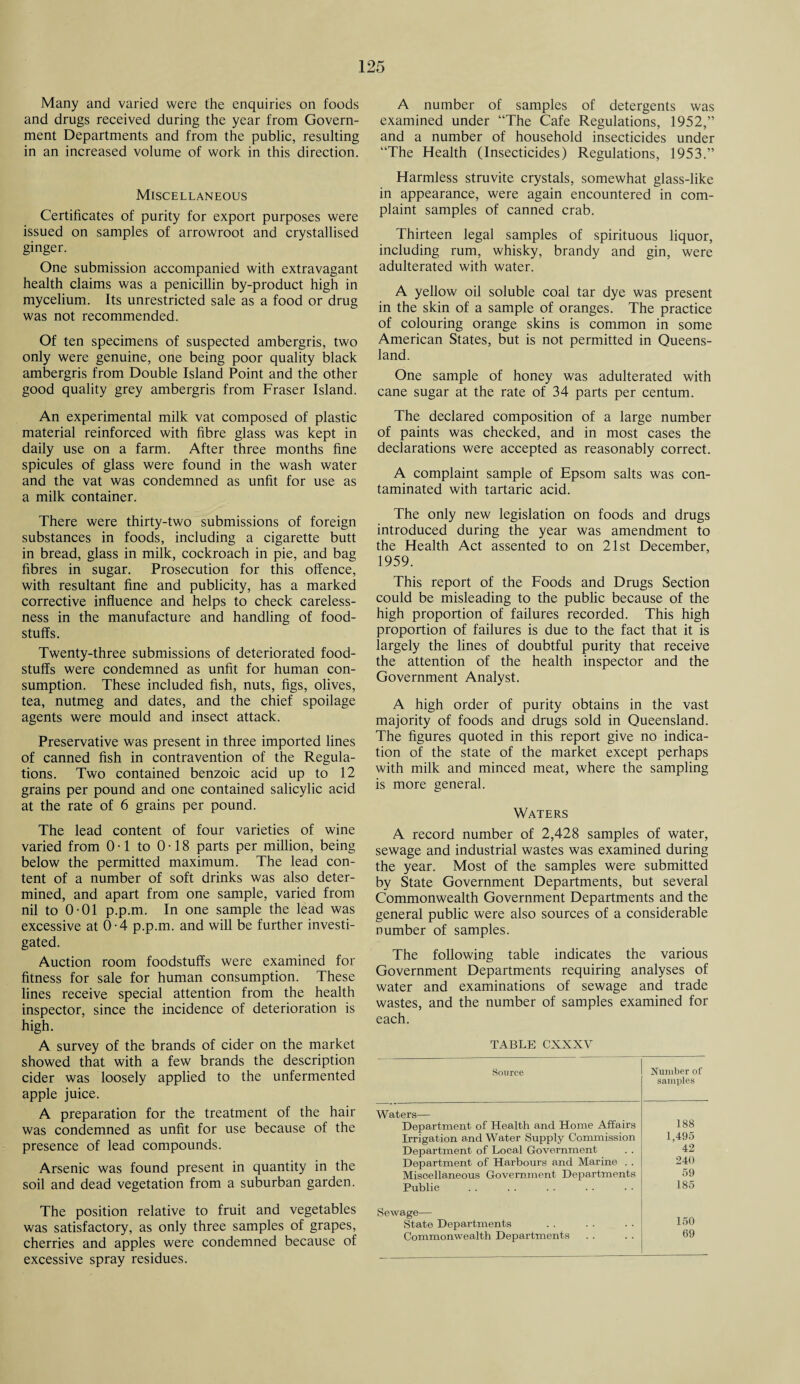 Many and varied were the enquiries on foods and drugs received during the year from Govern¬ ment Departments and from the public, resulting in an increased volume of work in this direction. Miscellaneous Certificates of purity for export purposes were issued on samples of arrowroot and crystallised ginger. One submission accompanied with extravagant health claims was a penicillin by-product high in mycelium. Its unrestricted sale as a food or drug was not recommended. Of ten specimens of suspected ambergris, two only were genuine, one being poor quality black ambergris from Double Island Point and the other good quality grey ambergris from Fraser Island. An experimental milk vat composed of plastic material reinforced with fibre glass was kept in daily use on a farm. After three months fine spicules of glass were found in the wash water and the vat was condemned as unfit for use as a milk container. There were thirty-two submissions of foreign substances in foods, including a cigarette butt in bread, glass in milk, cockroach in pie, and bag fibres in sugar. Prosecution for this offence, with resultant fine and publicity, has a marked corrective influence and helps to check careless¬ ness in the manufacture and handling of food¬ stuffs. Twenty-three submissions of deteriorated food¬ stuffs were condemned as unfit for human con¬ sumption. These included fish, nuts, figs, olives, tea, nutmeg and dates, and the chief spoilage agents were mould and insect attack. Preservative was present in three imported lines of canned fish in contravention of the Regula¬ tions. Two contained benzoic acid up to 12 grains per pound and one contained salicylic acid at the rate of 6 grains per pound. The lead content of four varieties of wine varied from 0-1 to 0-18 parts per million, being below the permitted maximum. The lead con¬ tent of a number of soft drinks was also deter¬ mined, and apart from one sample, varied from nil to 0-01 p.p.m. In one sample the lead was excessive at 0-4 p.p.m. and will be further investi¬ gated. Auction room foodstuffs were examined for fitness for sale for human consumption. These lines receive special attention from the health inspector, since the incidence of deterioration is high. A survey of the brands of cider on the market showed that with a few brands the description cider was loosely applied to the unfermented apple juice. A preparation for the treatment of the hair was condemned as unfit for use because of the presence of lead compounds. Arsenic was found present in quantity in the soil and dead vegetation from a suburban garden. The position relative to fruit and vegetables was satisfactory, as only three samples of grapes, cherries and apples were condemned because of excessive spray residues. A number of samples of detergents was examined under “The Cafe Regulations, 1952,” and a number of household insecticides under “The Health (Insecticides) Regulations, 1953.” Harmless struvite crystals, somewhat glass-like in appearance, were again encountered in com¬ plaint samples of canned crab. Thirteen legal samples of spirituous liquor, including rum, whisky, brandy and gin, were adulterated with water. A yellow oil soluble coal tar dye was present in the skin of a sample of oranges. The practice of colouring orange skins is common in some American States, but is not permitted in Queens¬ land. One sample of honey was adulterated with cane sugar at the rate of 34 parts per centum. The declared composition of a large number of paints was checked, and in most cases the declarations were accepted as reasonably correct. A complaint sample of Epsom salts was con¬ taminated with tartaric acid. The only new legislation on foods and drugs introduced during the year was amendment to the Health Act assented to on 21st December, 1959. This report of the Foods and Drugs Section could be misleading to the public because of the high proportion of failures recorded. This high proportion of failures is due to the fact that it is largely the lines of doubtful purity that receive the attention of the health inspector and the Government Analyst. A high order of purity obtains in the vast majority of foods and drugs sold in Queensland. The figures quoted in this report give no indica¬ tion of the state of the market except perhaps with milk and minced meat, where the sampling is more general. Waters A record number of 2,428 samples of water, sewage and industrial wastes was examined during the year. Most of the samples were submitted by State Government Departments, but several Commonwealth Government Departments and the general public were also sources of a considerable number of samples. The following table indicates the various Government Departments requiring analyses of water and examinations of sewage and trade wastes, and the number of samples examined for each. TABLE CXXXY Source Number of samples Waters— Department of Health and Home Affairs 188 Irrigation and Water Supply Commission 1,495 Department of Local Government 42 Department of Harbours and Marine . . 240 Miscellaneous Government Departments 59 Public 185 Sewage— 150 State Departments Commonwealth Departments 69