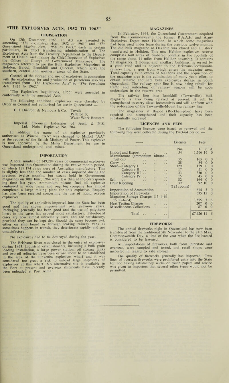 “THE EXPLOSIVES ACTS, 1952 TO 1963” LEGISLATION On 13th December, 1963, an Act was assented to amending “The Explosives Acts, 1952 to 1961” and “The Queensland Marine Acts, 1958 to 1963,” each in certain particulars, in effect transferring administration of The Explosives Acts from the Treasury Department to the Depart¬ ment of Health, and making the Chief Inspector of Explosives the Officer in Charge of Government Magazines. The magazines referred to are the Bulk Explosives Magazines at Helidon, Bajool, Brookhill and Queerah, which serve the southern, central and northern areas of the State. Control of the storage and use of explosives in connection with the exploration for and production of petroleum also was transferred from “The Explosives Acts” to “The Petroleum Acts, 1923 to 1962.” “The Explosives Regulations, 1955” were amended in conformity with the amended Acts. The following additional explosives were classified by Order in Council and authorised for use in Queensland: — E. I. Du-Pont de Nemours & Co.—Toval; Pelletol S; Water Work Boosters. Imperial Chemical Industries of Aust. & N.Z. Ltd.—Nobel Explosive No. 704. In addition the name of an explosive previously authorised as Wincoal “AA” was changed to Mipkol “AA” at the request of the British Ministry of Power. This explosive is now approved by the Mines Department for use in Queensland underground coal mines. IMPORTATION A total number of 149,284 cases of commercial explosives was imported into Queensland during the twelve month period, of which 127,174 cases were of Australian manufacture. This is slightly less than the number of cases imported during the previous twelve months, but stocks held in Government magazines on 30th lune, 1964 were less than at the correspond¬ ing time last year. Ammonium nitrate—fuel oil explosive continued in wide usage and one big company has almost completed a large mixing plant for this explosive. Enquiry has also been received concerning the use of liquid oxygen explosives. The quality of explosives imported into the State has been good and has shown improvement over previous years. Packaging generally has been good and the use of polythene liners in the cases has proved most satisfactory. Fibreboard cases are now almost universally used, and are satisfactory, provided they can be kept dry. Should the cases become wet, either on ship board or through leaking railway vans as sometimes happens in transit, they deteriorate rapidly and are unsatisfactory. No explosives had to be destroyed during the year. The Brisbane River was closed to the entry of explosives during 1963. Industrial establishments, including a bulk grain loading installation, a large power station, oil storage tanks and two oil refineries have been or are about to be established in the area of the Pinkenba explosives wharf and it was considered too great a risk to unload large shipments of explosives at this wharf. No alternative site is available in the Port at present and overseas shipments have recently been unloaded at Port Alma. MAGAZINES In February, 1964, the Queensland Government acquired from the Commonwealth the former R.A.A.F. and Army Explosives Depot near Helidon, in which some magazines had been used under lease during the previous twelve months. The old bulk magazine at Dakabin was closed and all stock transferred to Helidon. This new Helidon explosives reserve comprises 640 acres of timbered country in the foothills of the range about 11 miles from Helidon township. It contains 21 magazines, 2 houses and ancillary buildings, is served by a good road and is adjacent to the Brisbane-Toowoomba railway line, a spur from which enters the magazine area. Total capacity is in excess of 600 tons and the acquisition of the magazine area is the culmination of many years effort to obtain suitable and safe bulk explosives storage in South Queensland. The railway spur line is now being rebuilt for traffic and unloading of railway wagons will be soon undertaken in the reserve area. The railway line into Brookhill (Townsville) bulk magazine is also being relayed at present. It will be strengthened to carry diesel locomotives and will conform with the re-location of the Townsville-Mount Isa railway line. The magazines at Bajool (Rockhampton) have been repaired and strengthened and their capacity has been substantially increased. LICENCES AND FEES The following licences were issued or renewed and the following fees were collected during the 1963-64 period:— Licences Fees No. £ s. d. Import and Export .. 54 1,766 16 0 Manufacture (ammonium nitrate— fuel oil) 55 165 0 0 Carry. 28 84 0 0 Store—Category I 129 129 0 0 Category II .. 17 51 0 0 Category III .. 33 330 0 0 Category IV .. 15 45 0 0 Sell . 82 164 0 0 Fruit Ripening 39 92 10 0 Importation of Ammunition (185 rooms) 614 3 0 Importation of Fireworks 635 15 0 Magazine Storage Charges (13-1-64 to 30-6-64) . 3,555 7 6 Heat Testing Charges 207 0 0 Miscellaneous Collections .. 87 0 0 Total .. £7,926 11 6 FIREWORKS The annual fireworks night in Queensland has now been transferred from the traditional 5th November to the 24th May, Commonwealth Day, a time of the year when the fire hazard is considered to be lessened. All importations of fireworks, both from interstate and overseas, were sampled and tested, and retail shops were inspected in regard to safe storage. The quality of fireworks generally has improved. Two lines of overseas fireworks were prohibited entry into the State for not having satisfactory wicks or touch papers and advice was given to importers that several other types would not be permitted.