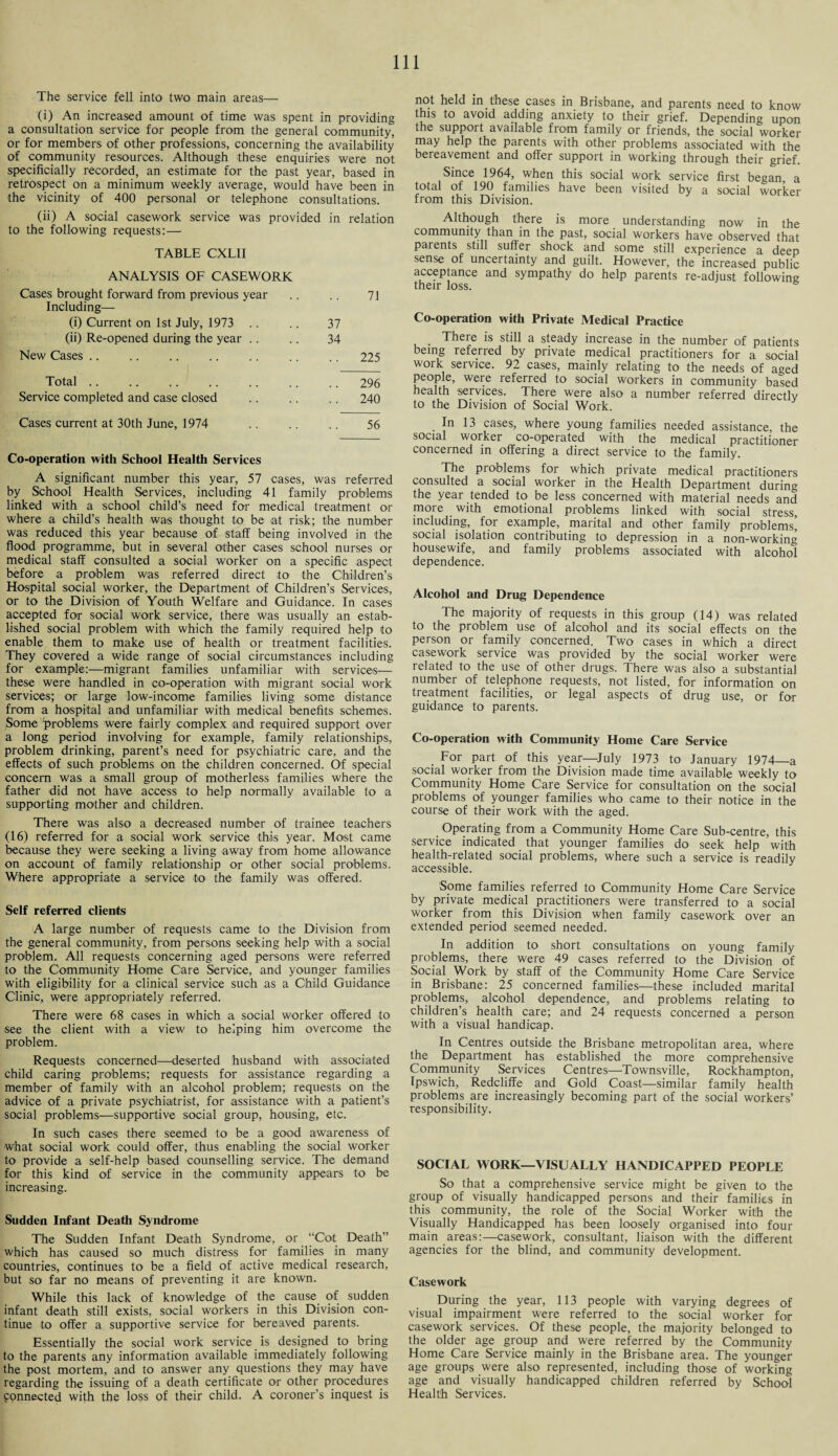 The service fell into two main areas— (i) An increased amount of time was spent in providing a consultation service for people from the general community, or for members of other professions, concerning the availability of community resources. Although these enquiries were not specificially recorded, an estimate for the past year, based in retrospect on a minimum weekly average, would have been in the vicinity of 400 personal or telephone consultations. (ii) A social casework service was provided in relation to the following requests:— TABLE CXLII ANALYSIS OF CASEWORK Cases brought forward from previous year .. .. 71 Including— (i) Current on 1st July, 1973 .. .. 37 (ii) Re-opened during the year .. .. 34 New Cases .. .. .. .. .. .. .. 225 Total.296 Service completed and case closed .240 Cases current at 30th June, 1974 . 56 Co-operation with School Health Services A significant number this year, 57 cases, was referred by School Health Services, including 41 family problems linked with a school child’s need for medical treatment or where a child’s health was thought to be at risk; the number was reduced this year because of staff being involved in the flood programme, but in several other cases school nurses or medical staff consulted a social worker on a specific aspect before a problem was referred direct to the Children’s Hospital social worker, the Department of Children’s Services, or to the Division of Youth Welfare and Guidance. In cases accepted for social work service, there was usually an estab¬ lished social problem with which the family required help to enable them to make use of health or treatment facilities. They covered a wide range of social circumstances including for example:—migrant families unfamiliar with services— these were handled in co-operation with migrant social work services; or large low-income families living some distance from a hospital and unfamiliar with medical benefits schemes. Some ‘problems were fairly complex and required support over a long period involving for example, family relationships, problem drinking, parent’s need for psychiatric care, and the effects of such problems on the children concerned. Of special concern was a small group of motherless families where the father did not have access to help normally available to a supporting mother and children. There was also a decreased number of trainee teachers (16) referred for a social work service this year. Most came because they were seeking a living away from home allowance on account of family relationship or other social problems. Where appropriate a service to the family was offered. Self referred clients A large number of requests came to the Division from the general community, from persons seeking help with a social problem. All requests concerning aged persons were referred to the Community Home Care Service, and younger families with eligibility for a clinical service such as a Child Guidance Clinic, were appropriately referred. There were 68 cases in which a social worker offered to see the client with a view to helping him overcome the problem. Requests concerned—deserted husband with associated child caring problems; requests for assistance regarding a member of family with an alcohol problem; requests on the advice of a private psychiatrist, for assistance with a patient’s social problems—supportive social group, housing, etc. In such cases there seemed to- be a good awareness of what social work could offer, thus enabling the social worker to provide a self-help based counselling service. The demand for this kind of service in the community appears to be increasing. Sudden Infant Death Syndrome The Sudden Infant Death Syndrome, or “Cot Death” which has caused so much distress for families in many countries, continues to be a field of active medical research, but so far no means of preventing it are known. While this lack of knowledge of the cause of sudden infant death still exists, social workers in this Division con¬ tinue to offer a supportive service for bereaved parents. Essentially the social work service is designed to bring to the parents any information available immediately following the post mortem, and to answer any questions they may have regarding the issuing of a death certificate or other procedures connected with the loss of their child. A coroner’s inquest is not held in these cases in Brisbane, and parents need to know this to avoid adding anxiety to their grief. Depending upon the support available from family or friends, the social worker may help the parents with other problems associated with the bereavement and offer support in working through their grief. Since 1964, when this social work service first began, a total of 190 families have been visited by a social worker from this Division. Although there is more understanding now in the community than in the past, social workers have observed that parents still suffer shock and some still experience a deep sense of uncertainty and guilt. However, the increased public acceptance and sympathy do help parents re-adjust following their loss. Co-operation with Private Medical Practice . There is still a steady increase in the number of patients being referred by private medical practitioners for a social work service. 92 cases, mainly relating to the needs of aged people, were referred to social workers in community based health services. There were also a number referred directly to the Division of Social Work. In 13 cases, where young families needed assistance the social worker co-operated with the medical practitioner concerned in offering a direct service to the family. The problems for which private medical practitioners consulted a social worker in the Health Department during the year tended to be less concerned with material needs and more with emotional problems linked with social stress including, for example, marital and other family problems’ social isolation contributing to depression in a non-working housewife, and family problems associated with alcohol dependence. Alcohol and Drug Dependence The majority of requests in this group (14) was related to the problem use of alcohol and its social effects on the person or family concerned. Two cases in which a direct casework service was provided by the social worker were related to the use of other drugs. There was also a substantial number of telephone requests, not listed, for information on treatment facilities, or legal aspects of drug use, or for guidance to parents. Co-operation with Community Home Care Service For part of this year—July 1973 to January 1974_a social worker from the Division made time available weekly to Community Home Care Service for consultation on the social problems of younger families who came to their notice in the course of their work with the aged. Operating from a Community Home Care Sub-centre, this service indicated that younger families do seek help with health-related social problems, where such a service is readily accessible. Some families referred to Community Home Care Service by private medical practitioners were transferred to a social worker from this Division when family casework over an extended period seemed needed. In addition to short consultations on young family problems, there were 49 cases referred to the Division of Social Work by staff of the Community Home Care Service in Brisbane: 25 concerned families—these included marital problems, alcohol dependence, and problems relating to children’s health care; and 24 requests concerned a person with a visual handicap. In Centres outside the Brisbane metropolitan area, where the Department has established the more comprehensive Community Services Centres—Townsville, Rockhampton, Ipswich, Redcliffe and Gold Coast—similar family health problems are increasingly becoming part of the social workers’ responsibility. SOCIAL WORK—VISUALLY HANDICAPPED PEOPLE So that a comprehensive service might be given to the group of visually handicapped persons and their families in this community, the role of the Social Worker with the Visually Handicapped has been loosely organised into four main areas:—casework, consultant, liaison with the different agencies for the blind, and community development. Casework During the year, 113 people with varying degrees of visual impairment were referred to the social worker for casework services. Of these people, the majority belonged to the older age group and were referred by the Community Home Care Service mainly in the Brisbane area. The younger age groups were also represented, including those of working age and visually handicapped children referred by School Health Services.