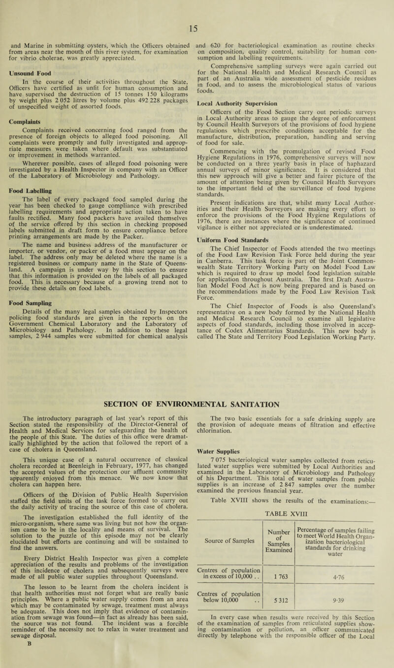 and Marine in submitting oysters, which the Officers obtained from areas near the mouth of this river system, for examination for vibrio cholerae, was greatly appreciated. Unsound Food In the course of their activities throughout the State, Officers have certified as unfit for human consumption and have supervised the destruction of 15 tonnes 150 kilograms by weight plus 2 052 litres by volume plus 492 228 packages of unspecified weight of assorted foods. Complaints Complaints received concerning food ranged from the presence of foreign objects to alleged food poisoning. All complaints were promptly and fully investigated and approp¬ riate measures were taken where default was substantiated or improvement in methods warranted. Wherever possible, cases of alleged food poisoning were investigated by a Health Inspector in company with an Officer of the Laboratory of Microbiology and Pathology. Food Labelling The label of every packaged food sampled during the year has been checked to gauge compliance with prescribed labelling requirements and appropriate action taken to have faults rectified. Many food packers have availed themselves of the service offered by this section in checking proposed labels submitted in draft form to ensure compliance before printing arrangements are made by the Packer. The name and business address of the manufacturer or importer, or vendor, or packer of a food must appear on the label. The address only may be deleted where the name is a registered business or company name in the State of Queens¬ land. A campaign is under way by this section to ensure that this information is provided on the labels of all packaged food. This is necessary because of a growing trend not to provide these details on food labels. Food Sampling Details of the many legal samples obtained by Inspectors policing food standards are given in the reports on the Government Chemical Laboratory and the Laboratory of Microbiology and Pathology. In addition to these legal samples, 2 944 samples were submitted for chemical analysis and 620 for bacteriological examination as routine checks on composition, quality control, suitability for human con¬ sumption and labelling requirements. Comprehensive sampling surveys were again carried out for the National Health and Medical Research Council as part of an Australia wide assessment of pesticide residues in food, and to assess the microbiological status of various foods. Local Authority Supervision Officers of the Food Section carry out periodic surveys in Local Authority areas to gauge the degree of enforcement by Council Health Surveyors of the provisions of food hygiene regulations which prescribe conditions acceptable for the manufacture, distribution, preparation, handling and serving of food for sale. Commencing with the promulgation of revised Food Hygiene Regulations in 1976, comprehensive surveys will now be conducted on a three yearly basis in place of haphazard annual surveys of minor significance. It is considered that this new approach will give a better and fairer picture of the amount of attention being given by Council Health Surveyors to the important field of the surveillance of food hygiene standards. Present indications are that, whilst many Local Author¬ ities and their Health Surveyors are making every effort to enforce the provisions of the Food Hygiene Regulations of 1976, there are instances where the significance of continued vigilance is either not appreciated or is underestimated. Uniform Food Standards The Chief Inspector of Foods attended the two meetings of the Food Law Revision Task Force held during the year in Canberra. This task force is part of the Joint Common¬ wealth State Territory Working Party on Model Food Law which is required to draw up model food legislation suitable for application throughout Australia. The first Draft Austra¬ lian Model Food Act is now being prepared and is based on the recommendations made by the Food Law Revision Task Force. The Chief Inspector of Foods is also Queensland’s representative on a new body formed by the National Health and Medical Research Council to examine all legislative aspects of food standards, including those involved in accep¬ tance of Codex Alimentarius Standards. This new body is called The State and Territory Food Legislation Working Party. SECTION OF ENVIRONMENTAL SANITATION The introductory paragraph of last year’s report of this Section stated the responsibility of the Director-General of Health and Medical Services for safeguarding the health of the people of this State. The duties of this office were dramat¬ ically highlighted by the action that followed the report of a case of cholera in Queensland. This unique case of a natural occurrence of classical cholera recorded at Beenleigh in February, 1977, has changed the accepted values of the protection our affluent community apparently enjoyed from this menace. We now know that cholera can happen here. Officers of the Division of Public Health Supervision staffed the field units of the task force formed to carry out the daily activity of tracing the source of this case of cholera. The investigation established the full identity of the micro-organism, where same was living but not how the organ¬ ism came to be in the locality and means of survival. The solution to the puzzle of this episode may not be clearly elucidated but efforts are continuing and will be sustained to find the answers. Every District Health Inspector was given a complete appreciation of the results and problems of the investigation of this incidence of cholera and subsequently surveys were made of all public water supplies throughout Queensland. The lesson to be learnt from the cholera incident is that health authorities must not forget what are really basic principles. Where a public water supply comes from an area which may be contaminated by sewage, treatment must always be adequate. This does not imply that evidence of contamin¬ ation from sewage was found—in fact as already has been said, the source was not found. The incident was a forcible reminder of the necessity not to relax in water treatment and sewage disposal. B The two basic essentials for a safe drinking supply are the provision of adequate means of filtration and effective chlorination. Water Supplies 7 075 bacteriological water samples collected from reticu¬ lated water supplies were submitted by Local Authorities and examined in the Laboratory of Microbiology and Pathology of his Department. This total of water samples from public supplies is an increase of 2 847 samples over the number examined the previous financial year. Table XVIII shows the results of the examinations:_ TABLE XVIII Source of Samples Number of Samples Examined Percentage of samples failing to meet World Health Organ¬ ization bacteriological standards for drinking water Centres of population in excess of 10,000 .. 1 763 4-76 Centres of population below 10,000 5 312 9-39 In every case when results were received by this Section of the examination of samples from reticulated supplies show¬ ing contamination or pollution, an officer communicated directly by telephone with the responsible officer of the Local