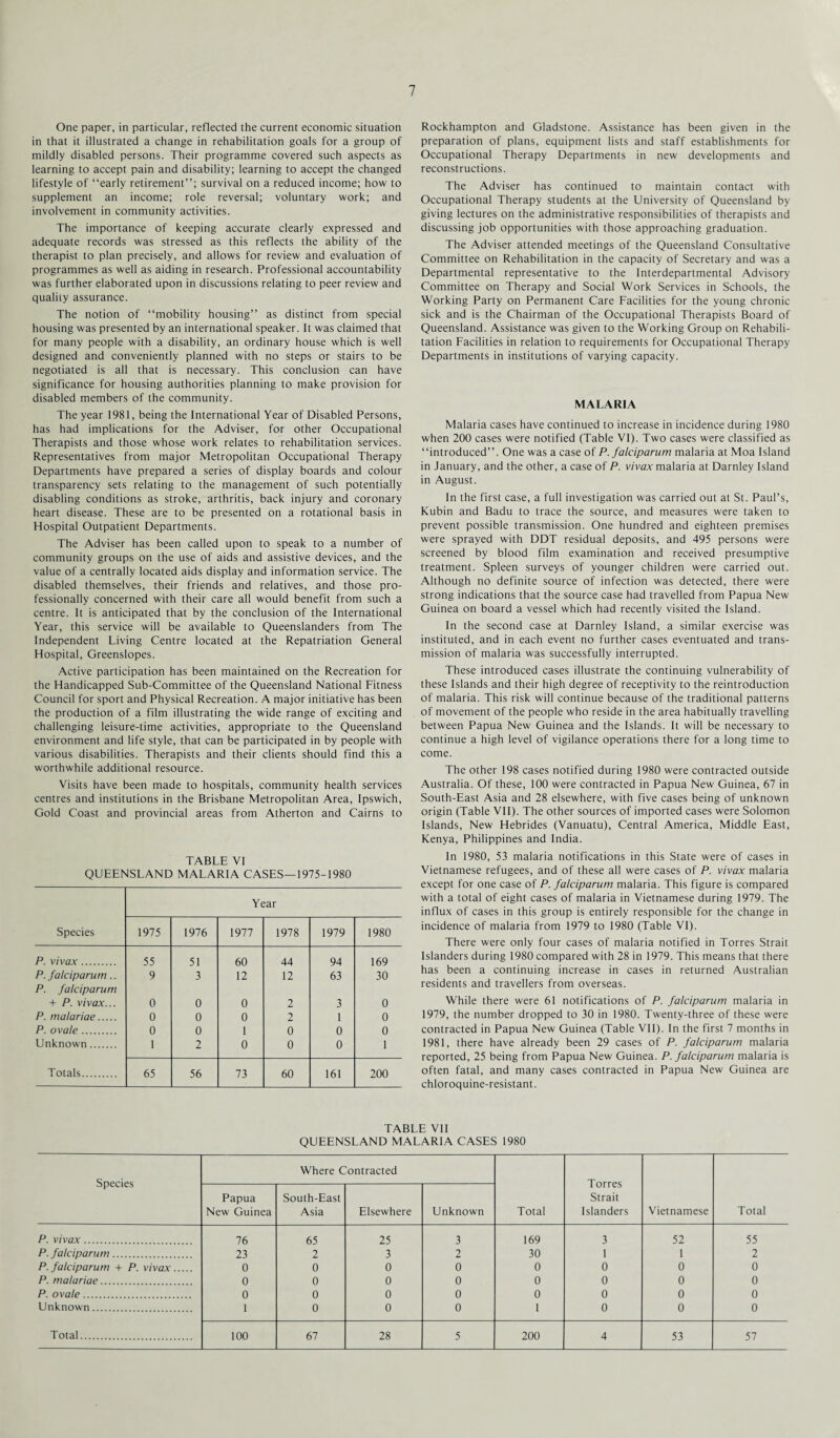 One paper, in particular, reflected the current economic situation in that it illustrated a change in rehabilitation goals for a group of mildly disabled persons. Their programme covered such aspects as learning to accept pain and disability; learning to accept the changed lifestyle of “early retirement”; survival on a reduced income; how to supplement an income; role reversal; voluntary work; and involvement in community activities. The importance of keeping accurate clearly expressed and adequate records was stressed as this reflects the ability of the therapist to plan precisely, and allows for review and evaluation of programmes as well as aiding in research. Professional accountability was further elaborated upon in discussions relating to peer review and quality assurance. The notion of “mobility housing” as distinct from special housing was presented by an international speaker. It was claimed that for many people with a disability, an ordinary house which is well designed and conveniently planned with no steps or stairs to be negotiated is all that is necessary. This conclusion can have significance for housing authorities planning to make provision for disabled members of the community. The year 1981, being the International Year of Disabled Persons, has had implications for the Adviser, for other Occupational Therapists and those whose work relates to rehabilitation services. Representatives from major Metropolitan Occupational Therapy Departments have prepared a series of display boards and colour transparency sets relating to the management of such potentially disabling conditions as stroke, arthritis, back injury and coronary heart disease. These are to be presented on a rotational basis in Hospital Outpatient Departments. The Adviser has been called upon to speak to a number of community groups on the use of aids and assistive devices, and the value of a centrally located aids display and information service. The disabled themselves, their friends and relatives, and those pro¬ fessionally concerned with their care all would benefit from such a centre. It is anticipated that by the conclusion of the International Year, this service will be available to Queenslanders from The Independent Living Centre located at the Repatriation General Hospital, Greenslopes. Active participation has been maintained on the Recreation for the Handicapped Sub-Committee of the Queensland National Fitness Council for sport and Physical Recreation. A major initiative has been the production of a film illustrating the wide range of exciting and challenging leisure-time activities, appropriate to the Queensland environment and life style, that can be participated in by people with various disabilities. Therapists and their clients should find this a worthwhile additional resource. Visits have been made to hospitals, community health services centres and institutions in the Brisbane Metropolitan Area, Ipswich, Gold Coast and provincial areas from Atherton and Cairns to TABLE VI QUEENSLAND MALARIA CASES—1975-1980 Year Species 1975 1976 1977 1978 1979 1980 P. vivax. 55 51 60 44 94 169 P. falciparum.. P. falciparum 9 3 12 12 63 30 + P. vivax... 0 0 0 2 3 0 P. malariae. 0 0 0 2 1 0 P. ovale. 0 0 1 0 0 0 Unknown. 1 2 0 0 0 1 Totals. 65 56 73 60 161 200 Rockhampton and Gladstone. Assistance has been given in the preparation of plans, equipment lists and staff establishments for Occupational Therapy Departments in new developments and reconstructions. The Adviser has continued to maintain contact with Occupational Therapy students at the University of Queensland by giving lectures on the administrative responsibilities of therapists and discussing job opportunities with those approaching graduation. The Adviser attended meetings of the Queensland Consultative Committee on Rehabilitation in the capacity of Secretary and was a Departmental representative to the Interdepartmental Advisory Committee on Therapy and Social Work Services in Schools, the Working Party on Permanent Care Facilities for the young chronic sick and is the Chairman of the Occupational Therapists Board of Queensland. Assistance was given to the Working Group on Rehabili¬ tation Facilities in relation to requirements for Occupational Therapy Departments in institutions of varying capacity. MALARIA Malaria cases have continued to increase in incidence during 1980 when 200 cases were notified (Table VI). Two cases were classified as “introduced”. One was a case of P. falciparum malaria at Moa Island in January, and the other, a case of P. vivax malaria at Darnley Island in August. In the first case, a full investigation was carried out at St. Paul’s, Kubin and Badu to trace the source, and measures were taken to prevent possible transmission. One hundred and eighteen premises were sprayed with DDT residual deposits, and 495 persons were screened by blood film examination and received presumptive treatment. Spleen surveys of younger children were carried out. Although no definite source of infection was detected, there were strong indications that the source case had travelled from Papua New Guinea on board a vessel which had recently visited the Island. In the second case at Darnley Island, a similar exercise was instituted, and in each event no further cases eventuated and trans¬ mission of malaria was successfully interrupted. These introduced cases illustrate the continuing vulnerability of these Islands and their high degree of receptivity to the reintroduction of malaria. This risk will continue because of the traditional patterns of movement of the people who reside in the area habitually travelling between Papua New Guinea and the Islands. It will be necessary to continue a high level of vigilance operations there for a long time to come. The other 198 cases notified during 1980 were contracted outside Australia. Of these, 100 were contracted in Papua New Guinea, 67 in South-East Asia and 28 elsewhere, with five cases being of unknown origin (Table VII). The other sources of imported cases were Solomon Islands, New Hebrides (Vanuatu), Central America, Middle East, Kenya, Philippines and India. In 1980, 53 malaria notifications in this State were of cases in Vietnamese refugees, and of these all were cases of P. vivax malaria except for one case of P. falciparum malaria. This figure is compared with a total of eight cases of malaria in Vietnamese during 1979. The influx of cases in this group is entirely responsible for the change in incidence of malaria from 1979 to 1980 (Table VI). There were only four cases of malaria notified in Torres Strait Islanders during 1980 compared with 28 in 1979. This means that there has been a continuing increase in cases in returned Australian residents and travellers from overseas. While there were 61 notifications of P. falciparum malaria in 1979, the number dropped to 30 in 1980. Twenty-three of these were contracted in Papua New Guinea (Table VII). In the first 7 months in 1981, there have already been 29 cases of P. falciparum malaria reported, 25 being from Papua New Guinea. P. falciparum malaria is often fatal, and many cases contracted in Papua New Guinea are chloroquine-resistant. TABLE VII QUEENSLAND MALARIA CASES 1980 Species Where Contracted Total Torres Strait Islanders Vietnamese Total Papua New Guinea South-East Asia Elsewhere Unknown P. vivax. 76 65 25 3 169 3 52 55 P. falciparum. 23 2 3 2 30 1 1 2 P. falciparum + P. vivax. 0 0 0 0 0 0 0 0 P. malariae. 0 0 0 0 0 0 0 0 P. ovale. 0 0 0 0 0 0 0 0 Unknown. 1 0 0 0 1 0 0 0 Total. 100 67 28 5 200 4 53 57