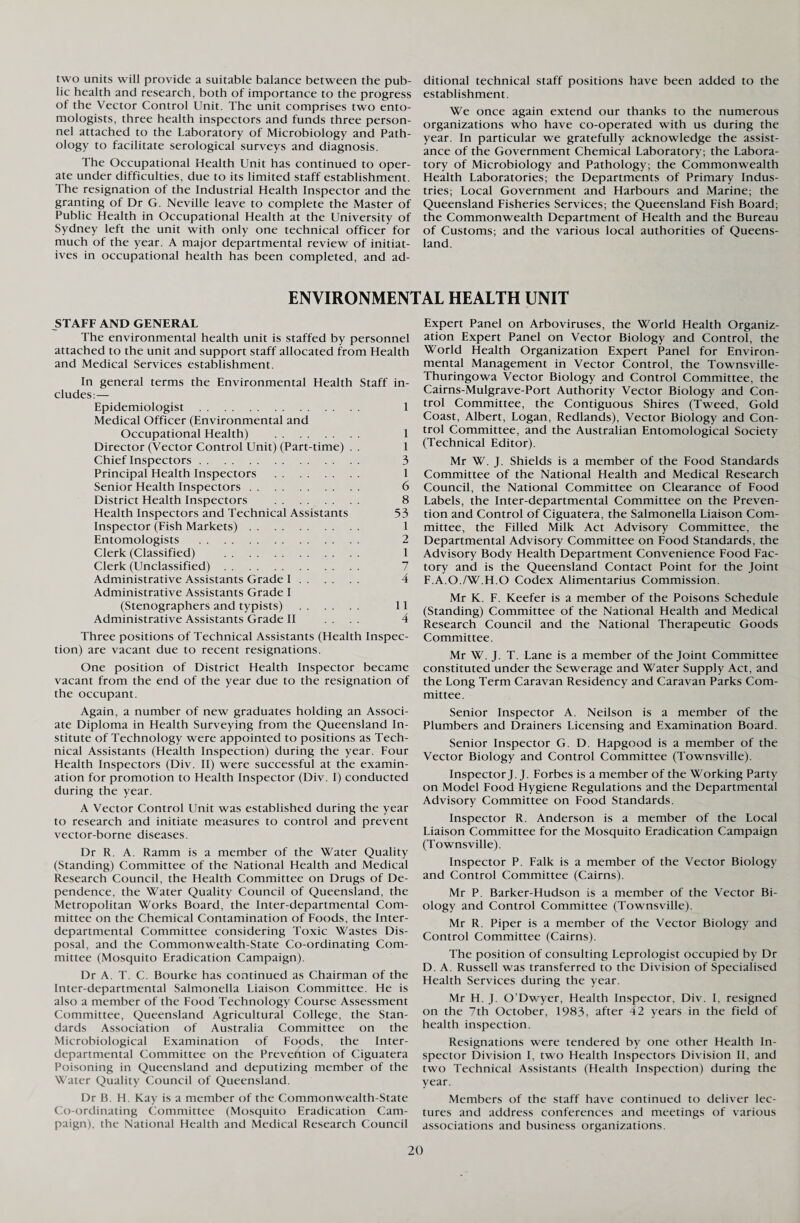 two units will provide a suitable balance between the pub¬ lic health and research, both of importance to the progress of the Vector Control Unit. The unit comprises two ento¬ mologists, three health inspectors and funds three person¬ nel attached to the Laboratory of Microbiology and Path¬ ology to facilitate serological surveys and diagnosis. The Occupational Health Unit has continued to oper¬ ate under difficulties, due to its limited staff establishment. The resignation of the Industrial Health Inspector and the granting of Dr G. Neville leave to complete the Master of Public Health in Occupational Health at the University of Sydney left the unit with only one technical officer for much of the year. A major departmental review of initiat¬ ives in occupational health has been completed, and ad¬ ditional technical staff positions have been added to the establishment. We once again extend our thanks to the numerous organizations who have co-operated with us during the year. In particular we gratefully acknowledge the assist¬ ance of the Government Chemical Laboratory; the Labora¬ tory of Microbiology and Pathology; the Commonwealth Health Laboratories; the Departments of Primary Indus¬ tries; Local Government and Harbours and Marine; the Queensland Fisheries Services; the Queensland Fish Board; the Commonwealth Department of Health and the Bureau of Customs; and the various local authorities of Queens¬ land. ENVIRONMENTAL HEALTH UNIT STAFF AND GENERAL The environmental health unit is staffed by personnel attached to the unit and support staff allocated from Health and Medical Services establishment. In general terms the Environmental Health Staff in¬ cludes:— Epidemiologist . 1 Medical Officer (Environmental and Occupational Health) . 1 Director (Vector Control Unit) (Part-time) . . 1 Chief Inspectors. 3 Principal Health Inspectors . 1 Senior Health Inspectors. 6 District Health Inspectors . 8 Health Inspectors and Technical Assistants 53 Inspector (Fish Markets). 1 Entomologists . 2 Clerk (Classified) . 1 Clerk (Unclassified). Administrative Assistants Grade I. 4 Administrative Assistants Grade I (Stenographers and typists) . 11 Administrative Assistants Grade II .... 4 Three positions of Technical Assistants (Health Inspec¬ tion) are vacant due to recent resignations. One position of District Health Inspector became vacant from the end of the year due to the resignation of the occupant. Again, a number of new graduates holding an Associ¬ ate Diploma in Health Surveying from the Queensland In¬ stitute of Technology were appointed to positions as Tech¬ nical Assistants (Health Inspection) during the year. Four Health Inspectors (Div. II) were successful at the examin¬ ation for promotion to Health Inspector (Div. I) conducted during the year. A Vector Control Unit was established during the year to research and initiate measures to control and prevent vector-borne diseases. Dr R. A. Ramm is a member of the Water Quality (Standing) Committee of the National Health and Medical Research Council, the Health Committee on Drugs of De¬ pendence, the Water Quality Council of Queensland, the Metropolitan Works Board, the Inter-departmental Com¬ mittee on the Chemical Contamination of Foods, the Inter¬ departmental Committee considering Toxic Wastes Dis¬ posal, and the Commonwealth-State Co-ordinating Com¬ mittee (Mosquito Eradication Campaign). Dr A. T. C. Bourke has continued as Chairman of the Inter-departmental Salmonella Liaison Committee. He is also a member of the Food Technology Course Assessment Committee, Queensland Agricultural College, the Stan¬ dards Association of Australia Committee on the Microbiological Examination of Foods, the Inter¬ departmental Committee on the Prevention of Ciguatera Poisoning in Queensland and deputizing member of the Water Quality Council of Queensland. Dr B. H. Kay is a member of the Commonwealth-State Co-ordinating Committee (Mosquito Eradication Cam¬ paign), the National Health and Medical Research Council Expert Panel on Arboviruses, the World Health Organiz¬ ation Expert Panel on Vector Biology and Control, the World Health Organization Expert Panel for Environ¬ mental Management in Vector Control, the Townsville- Thuringowa Vector Biology and Control Committee, the Cairns-Mulgrave-Port Authority Vector Biology and Con¬ trol Committee, the Contiguous Shires (Tweed, Gold Coast, Albert, Logan, Redlands), Vector Biology and Con¬ trol Committee, and the Australian Entomological Society (Technical Editor). Mr W. J. Shields is a member of the Food Standards Committee of the National Health and Medical Research Council, the National Committee on Clearance of Food Labels, the Inter-departmental Committee on the Preven¬ tion and Control of Ciguatera, the Salmonella Liaison Com¬ mittee, the Filled Milk Act Advisory Committee, the Departmental Advisory Committee on Food Standards, the Advisory Body Health Department Convenience Food Fac¬ tory and is the Queensland Contact Point for the Joint F.A.O./W.H.O Codex Alimentarius Commission. Mr K. F. Keefer is a member of the Poisons Schedule (Standing) Committee of the National Health and Medical Research Council and the National Therapeutic Goods Committee. Mr W. J. T. Lane is a member of the Joint Committee constituted under the Sewerage and Water Supply Act, and the Long Term Caravan Residency and Caravan Parks Com¬ mittee. Senior Inspector A. Neilson is a member of the Plumbers and Drainers Licensing and Examination Board. Senior Inspector G. D. Hapgood is a member of the Vector Biology and Control Committee (Townsville). Inspector J. J. Forbes is a member of the Working Party on Model Food Hygiene Regulations and the Departmental Advisory Committee on Food Standards. Inspector R. Anderson is a member of the Local Liaison Committee for the Mosquito Eradication Campaign (Townsville). Inspector P. Falk is a member of the Vector Biology and Control Committee (Cairns). Mr P. Barker-Hudson is a member of the Vector Bi¬ ology and Control Committee (Townsville). Mr R. Piper is a member of the Vector Biology and Control Committee (Cairns). The position of consulting Leprologist occupied by Dr D. A. Russell was transferred to the Division of Specialised Health Services during the year. Mr H. J. O’Dwyer, Health Inspector, Div. I, resigned on the 7th October, 1983, after 42 years in the field of health inspection. Resignations were tendered by one other Health In¬ spector Division I, two Health Inspectors Division II, and two Technical Assistants (Health Inspection) during the year. Members of the staff have continued to deliver lec¬ tures and address conferences and meetings of various associations and business organizations.