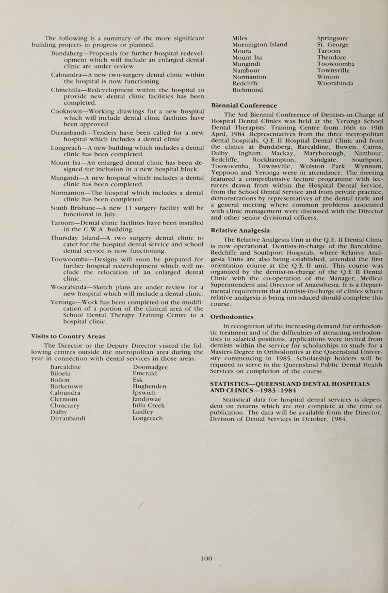 The following is a summary of the more significant building projects in progress or planned: Bundaberg—Proposals for further hospital redevel¬ opment which will include an enlarged dental clinic are under review. Caloundra—A new two-surgery dental clinic within the hospital is now functioning. Chinchilla—Redevelopment within the hospital to provide new dental clinic facilities has been completed. Cooktown—Working drawings for a new hospital which will include dental clinic facilities have been approved. Dirranbandi—Tenders have been called for a new hospital which includes a dental clinic. Longreach—A new building which includes a dental clinic has been completed. Mount Isa—An enlarged dental clinic has been de¬ signed for inclusion in a new hospital block. Mungindi—A new hospital which includes a dental clinic has been completed. Normanton—The hospital which includes a dental clinic has been completed. South Brisbane—A new 11 surgery facility will be functional in July. Taroom—Dental clinic facilities have been installed in the C.W.A. building. Thursday Island—A two surgery dental clinic to cater for the hospital dental service and school dental service is now functioning. Toowoomba—Designs will soon be prepared for further hospital redevelopment which will in¬ clude the relocation of an enlarged dental clinic. Woorabinda—Sketch plans are under review for a new hospital which will include a dental clinic. Yeronga—Work has been completed on the modifi¬ cation of a portion of the clinical area of the School Dental Therapy Training Centre to a hospital clinic. Visits to Country Areas The Director or the Deputy Director visited the fol¬ lowing centres outside the metropolitan area during the year in connection with dental services in those areas. Barcaldine Biloela Bollon Burketown Caloundra Clermont Cloncurry Dalby Dirranbandi Doomadgee Emerald Esk Hughenden Ipswich Jandowae Julia Creek Laidley Longreach Miles Mornington Island Moura Mount Isa Mungindi Nambour Normanton Redcliffe Richmond Biennial Conference The 3rd Biennial Conference of Dentists-in-Charge of Hospital Dental Clinics was held at the Yeronga School Dental Therapists’ Training Centre from 16th to 19th April, 1984. Representatives from the three metropolitan dental hospitals, Q.E. II Hospital Dental Clinic and from the clinics at Bundaberg, Barcaldine, Bowen, Cairns, Dalby, Ingham, Mackay, Maryborough, Nambour, Redcliffe, Rockhampton, Sandgate, Southport, Toowoomba, Townsville, Wolston Park, Wynnum, Yeppoon and Yeronga were in attendance. The meeting featured a comprehensive lecture programme with lec¬ turers drawn from within the Hospital Dental Service, from the School Dental Service and from private practice, demonstrations by representatives of the dental trade and a general meeting where common problems associated with clinic management were discussed with the Director and other senior divisional officers. Relative Analgesia The Relative Analgesia Unit at the Q.E. II Dental Clinic is now operational. Dentists-in-charge of the Barcaldine, Redcliffe and Southport Hospitals, where Relative Anal¬ gesia Units are also being established, attended the first orientation course at the Q.E. II unit. This course was organized by the dentist-in-charge of the Q.E. II Dental Clinic with the co-operation of the Manager, Medical Superintendent and Director of Anaesthesia. It is a Depart¬ mental requirement that dentists-in-charge of clinics where relative analgesia is being introduced should complete this course. Orthodontics In recognition of the increasing demand for orthodon¬ tic treatment and of the difficulties of attracting orthodon¬ tists to salaried positions, applications were invited from dentists within the service for scholarships to study for a Masters Degree in Orthodontics at the Queensland Univer¬ sity commencing in 1985- Scholarship holders will be required to serve in the Queensland Public Dental Health Services on completion of the course. STATISTICS—QUEENSLAND DENTAL HOSPITALS AND CLINICS—1983-1984 Statistical data for hospital dental services is depen¬ dent on returns which are not complete at the time of publication. The data will be available from the Director, Division of Dental Services in October, 1984. Springsure St. George Taroom Theodore Toowoomba Townsville Winton Woorabinda