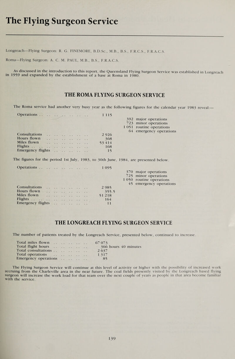 The Flying Surgeon Service Longreach—Flying Surgeon: R. G. FINEMORE, B.D.Sc., M.B., B.S., F.R.C.S., F.R.A.C.S. Roma—Flying Surgeon: A. C. M. PAUL, M.B., B.S., F.R.A.C.S. As discussed in the introduction to this report, the Queensland Flying Surgeon Service was established in Longreach in 1959 and expanded by the establishment of a base at Roma in 1980. THE ROMA FLYING SURGEON SERVICE The Roma service had another very busy year as the following figures for the calendar year 1983 reveal:— Operations. 1 115 392 major operations 723 minor operations 1 051 routine operations Consultations . 64 emergency operations .... 2 926 Hours flown . . . .. 368 Miles flown . .. .. 53 414 Flights. .. . . 168 Emergency flights . .... 15 The figures for the period 1st July, 1983, to 30th June, 1984, are presented below. Operations. 1 095 370 major operations 725 minor operations 1 050 routine operations 45 emergency operations 2 985 355.5 51 218 164 11 Consultations Hours flown Miles flown . . Flights. Emergency flights THE LONGREACH FLYING SURGEON SERVICE The number of patients treated by the Longreach Service, presented below, continued to increase. Total miles flown . . Total flight hours . . Total consultations . . Total operations Emergency operations 67 073 366 hours 40 minutes 2 637 1 317 85 The Flying Surgeon Service will continue at this level of activity or higher with the possibility of increased work accruing from the Charleville area in the near future. The coal fields presently visited by the Longreach based flying surgeon will increase the work load for that team over the next couple of years as people in that area become familiar with the service.
