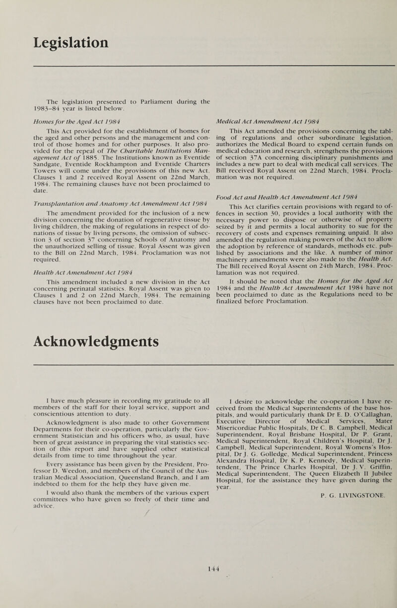 Legislation The legislation presented to Parliament during the 1983-84 year is listed helow. Homes for the Aged Act 1984 This Act provided for the establishment of homes for the aged and other persons and the management and con¬ trol of those homes and for other purposes. It also pro¬ vided for the repeal of The Charitable Institutions Man¬ agement Act of 1885. The Institutions known as Eventide Sandgate, Eventide Rockhampton and Eventide Charters Towers will come under the provisions of this new Act. Clauses 1 and 2 received Royal Assent on 22nd March, 1984. The remaining clauses have not been proclaimed to date. Transplantation and Anatomy Act Amendment Act 1984 The amendment provided for the inclusion of a new division concerning the donation of regenerative tissue by living children, the making of regulations in respect of do¬ nations of tissue by living persons, the omission of subsec¬ tion 3 of section 37 concerning Schools of Anatomy and the unauthorized selling of tissue. Royal Assent was given to the Bill on 22nd March, 1984. Proclamation was not required. Health Act Amendment Act 1984 This amendment included a new division in the Act concerning perinatal statistics. Royal Assent was given to Clauses 1 and 2 on 22nd March, 1984. The remaining clauses have not been proclaimed to date. Medical Act Amendment Act 1984 This Act amended the provisions concerning the tabl¬ ing of regulations and other subordinate legislation, authorizes the Medical Board to expend certain funds on medical education and research, strengthens the provisions of section 37A concerning disciplinary punishments and includes a new part to deal with medical call services. The Bill received Royal Assent on 22nd March, 1984. Procla¬ mation was not required. Food Act and Health Act Amendment Act 1984 This Act clarifies certain provisions with regard to of¬ fences in section 30, provides a local authority with the necessary power to dispose or otherwise of property seized by it and permits a local authority to sue for the recovery of costs and expenses remaining unpaid. It also amended the regulation making powers of the Act to allow the adoption by reference of standards, methods etc. pub¬ lished by associations and the like. A number of minor machinery amendments were also made to the Health Act. The Bill received Royal Assent on 24th March, 1984. Proc¬ lamation was not required. It should be noted that the Homes for the Aged Act 1984 and the Health Act Amendment Act 1984 have not been proclaimed to date as the Regulations need to be finalized before Proclamation. Acknowledgments I have much pleasure in recording my gratitude to all members of the staff for their loyal service, support and conscientious attention to duty. Acknowledgment is also made to other Government Departments for their co-operation, particularly the Gov¬ ernment Statistician and his officers who, as usual, have been of great assistance in preparing the vital statistics sec¬ tion of this report and have supplied other statistical details from time to time throughout the year. Every assistance has been given by the President, Pro¬ fessor D. Weedon, and members of the Council of the Aus¬ tralian Medical Association, Queensland Branch, and I am indebted to them for the help they have given me. I would also thank the members of the various expert committees who have given so freely of their time and advice. / I desire to acknowledge the co-operation I have re¬ ceived from the Medical Superintendents of the base hos¬ pitals, and would particularly thank Dr E. D. O’Callaghan, Executive Director of Medical Services, Mater Misericordiae Public Hospitals, Dr C. B. Campbell, Medical Superintendent, Royal Brisbane Hospital, Dr P. Grant, Medical Superintendent, Royal Children’s Hospital, Dr J. Campbell, Medical Superintendent, Royal Womens’s Hos¬ pital, Dr J. G. Golledge, Medical Superintendent, Princess Alexandra Hospital, Dr K. P. Kennedy, Medical Superin¬ tendent, The Prince Charles Hospital, Dr J. V. Griffin, Medical Superintendent, The Queen Elizabeth II Jubilee Hospital, for the assistance they have given during the year. P. G. LIVINGSTONE.