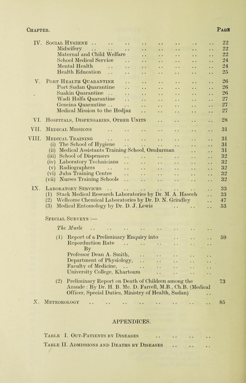 Chapter. Page IV. Social Hygiene .. . * . * . * * * .. .. .. 22 Midwifery .. . . .. .. .. .. .. .. 22 Maternal and Child Welfare .. . . .. .. .. 22 School Medical Service . . .. .. .. .. .. 24 Mental Health . . . . . . .. . . .. .. 24 Health Education .. .. . . .. .. .. .. 25 V. Port Health Quarantine .. .. .. .. .. .. 26 Port Sudan Quarantine . . .. .. .. . . . . 26 Suakin Quarantine . . . . .. .. .. . . . . 26 Wadi Haifa Quarantine . . .. . . . . .. . . 27 Geneina Quarantine . . .. .. .. . . . . .. 27 Medical Mission to the Hedjaz .. .. . . . . .. 27 VI. Hospitals, Dispensaries, Other Units . . .. .. .. 28 VII. Medical Missions .. .. .. .. .. .. .. 31 VIII. Medical Training .. .. .. .. .. .. .. 31 (i) The School of Hygiene .. .. .. .. .. .. 31 (ii) Medical Assistants Training School, Omdurman .. .. 31 (iii) School of Dispensers .. . . . . . . . . . . 32 (iv) Laboratory Technicians . . . . .. . . . . . . 32 (v) Radiographers . . .. . . .. . . . . . . 32 (vi) Juba Training Centre .. . . .. .. . . . . 32 (vii) Nurses Training Schools . . . . . . . . .. . . 32 IX. Laboratory Services .. .. .. .. .. .. .. 33 (1) Stack Medical Research Laboratories by Dr. M. A. Haseeb . . 33 (2) Wellcome Chemical Laboratories by Dr. D. N. Grindley . . 47 (3) Medical Entomology by Dr. D. J. Lewis . . . . . . 53 Special Surveys :— The Murle (1) Report of a Preliminary Enquiry into ., . . . . 59 Reporduction Rate By Professor Dean A. Smith, Department of Physiology, Faculty of Medicine, .. University College, Khartoum (2) Preliminary Report on Death of Children among the 73 Azande : By Dr. II. B. Me. D. Farrell, M.B., Ch.B. (Medical Officer, Special Duties, Ministry of Health, Sudan) X. Meteorology .. .. .. .. .. .. .. .. 85 APPENDICES. Table I. Out-Patients by Diseases Table II. Admissions and Deaths by Diseases