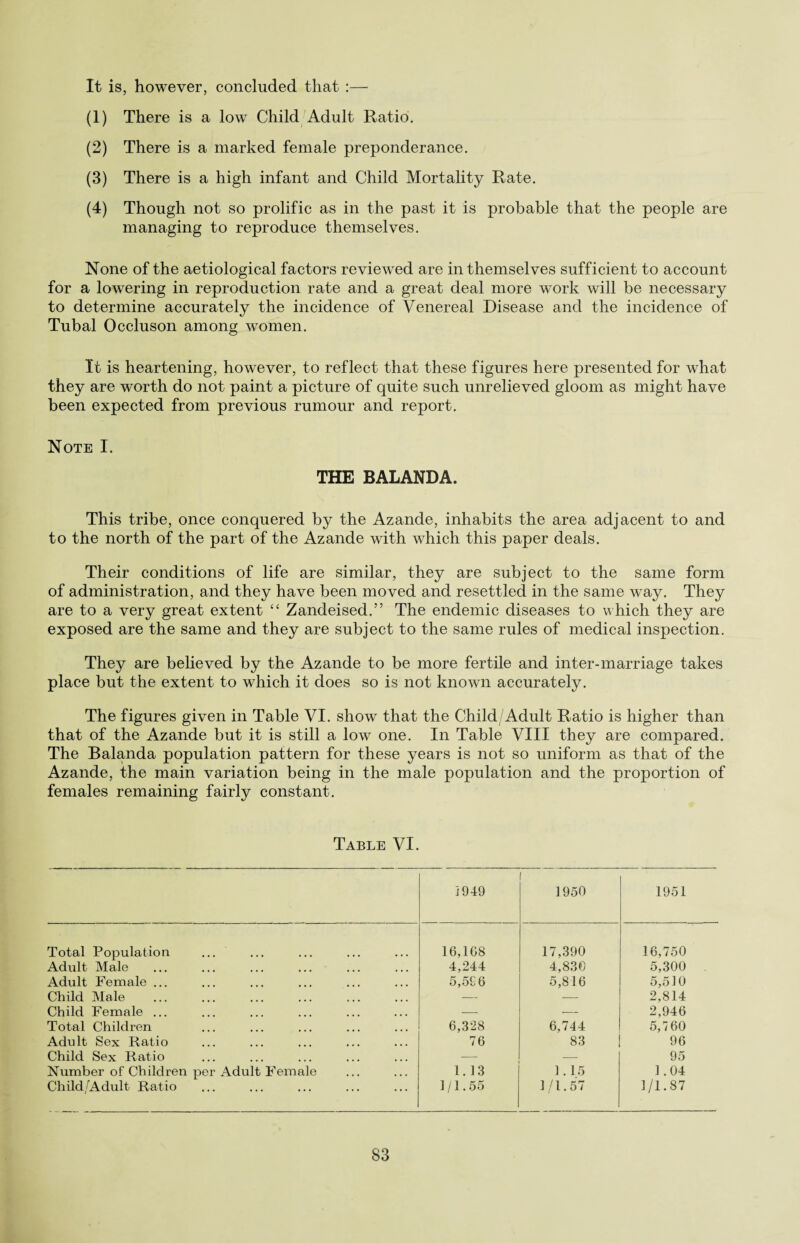 It is, however, concluded that :— (1) There is a low Child Adult Ratio. (2) There is a marked female preponderance. (3) There is a high infant and Child Mortality Rate. (4) Though not so prolific as in the past it is probable that the people are managing to reproduce themselves. None of the aetiological factors reviewed are in themselves sufficient to account for a lowering in reproduction rate and a great deal more work will be necessary to determine accurately the incidence of Venereal Disease and the incidence of Tubal Occluson among women. It is heartening, however, to reflect that these figures here presented for what they are worth do not paint a picture of quite such unrelieved gloom as might have been expected from previous rumour and report. Note I. THE BALANDA. This tribe, once conquered by the Azande, inhabits the area adjacent to and to the north of the part of the Azande with which this paper deals. Their conditions of life are similar, they are subject to the same form of administration, and they have been moved and resettled in the same way. They are to a very great extent “ Zandeised.” The endemic diseases to which they are exposed are the same and they are subject to the same rules of medical inspection. They are believed by the Azande to be more fertile and inter-marriage takes place but the extent to which it does so is not known accurately. The figures given in Table VI. show that the Child/Adult Ratio is higher than that of the Azande but it is still a low one. In Table VIII they are compared. The Balanda population pattern for these years is not so uniform as that of the Azande, the main variation being in the male population and the proportion of females remaining fairly constant. Table VI. 1949 [ 1950 1951 Total Population ... 16,168 17,390 16,750 Adult Male 4,244 4,830 5,300 . Adult Female ... 5,596 5,816 5,510 Child Male — — 2,814 Child Female ... — — 2,946 Total Children 6,328 6,744 5,760 Adult Sex Ratio 76 83 96 Child Sex Ratio -—- — 95 Number of Children per Adult Female 1.13 1 . 15 1.04 Child/Adult Ratio 1/1.55 1/1.57 1/1.87