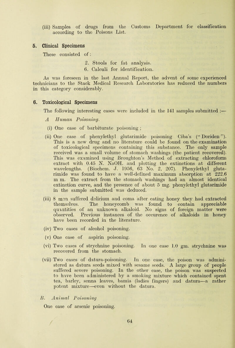 (iii) Samples of drugs from the Customs Department for classification according to the Poisons List. 5. Clinical Specimens These consisted of: 2. Stools for fat analysis. 6. Calculi for identification. As was foreseen in the last Annual Report, the advent of some experienced technicians to the Stack Medical Research Laboratories has reduced the numbers in this category considerably. 6. Toxicological Specimens The following interesting cases were included in the 141 samples submitted — A Human Poisoning. (i) One case of barbiturate poisoning ; (ii) One case of phenylethyl glutarimide poisoning Ciba’s (“ Doriden ”). This is a new drug and no literature could be found on the examination of toxicological specimens containing this substance. The only sample received was a small volume of stomach washings (the patient recovered). This was examined using .Broughton’s Method of extracting chloroform extract with 0.45 N. NaOH. and plotting the extinctions at different wavelengths. (Biochem. J. 1956, 63 No. 2, 207). Phenylethyl gluta¬ rimide was found to have a well-defined maximum absorption at 222.6 m m. The extract from the stomach washings had an almost identical extinction curve, and the presence of about 5 mg. phenylethyl glutarimide in the sample submitted was deduced. (iii) 8 men suffered delirium and coma after eating honey they had extracted themselves. The honeycomb was found to contain appreciable quantities of an unknown alkaloid. No signs of foreign matter were observed. Previous instances of the occurence of alkaloids in honey have been recorded in the literature. (iv) Two cases of alcohol poisoning. (v) One case of aspirin poisoning. (vi) Two cases of strychnine poisoning. In one case 1.0 gm. strychnine was recovered from the stomach. (vii) Two cases of datura-poisoning. In one case, the poison was admini¬ stered as datura seeds mixed with sesame seeds. A large group of people suffered severe poisoning. In the other case, the poison was suspected to have been administered by a smoking mixture which contained spent tea, barley, senna leaves, bamia (ladies fingers) and datura—a rather potent mixture—even without the datura. B. Animal Poisoning One case of arsenic poisoning.