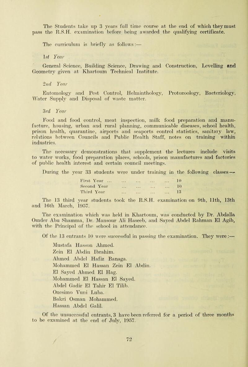 The Students take up 3 years full time course at the end of which they must pass the R.S.H. examination before being awarded the qualifying certificate. The curriculum is briefly as follows :— 1st Year General Science, Building Science, Drawing and Construction, Levelling and Geometry given at Khartoum Technical Institute. 2nd Year Entomology and Pest Control, Helminthology, Protozoology, Bacteriology, Water Supply and Disposal of waste matter. 3rd Year Food and food control, meat inspection, milk food preparation and manu¬ facture, housing, urban and rural planning, communicable diseases, school health, prison health, quarantine, airports and seaports control statistics, sanitary law, relations between Councils and Public Health Staff, notes on training within industries. The necessary demonstrations that supplement the lectures include visits to water works, food preparation places, schools, prison manufactures and factories of public health interest and certain council meetings. During the year 33 students were under training in the following classes — First Year ... . 10 Second Year . 10 Third Year . 13 The 13 third year students took the R.S.H. examination on 9th, 11th, 13th and 16th March, 1957. The examination which was held in Khartoum, was conducted by Dr. Abdalla Omder Abu Shamma, Dr. Mansour Ali Haseeb, and Sayed Abdel Rahman El Agib, with the Principal of the school in attendance. Of the 13 entrants 10 were successful in passing the examination. They were:— Mustafa Hasson Ahmed. Zein El Abdin Ibrahim. Ahmed Abdel Hafiz Banaga. Mohammed El Hassan Zein El Abdin. El Sayed Ahmed El Hag. Mohammed El Hassan El Sayed. Abdel Gadir El Tahir El Tilib. Onesimo Vuni Luba. Bakri Osman Mohammed. Hassan Abdel Galil. Of the unsuccessful entrants, 3 have been referred for a period of three months to be examined at the end of Julv, 1957. «/ *