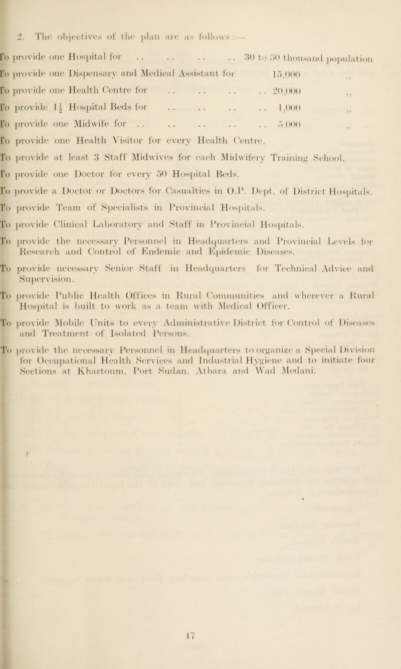 fo provide one Hospital for . . . . . . . . 30 to 50 thousand population fo provide one Dispensary and Medical Assistant for 15,000 lo provide one Health Centre for . . . . . . . . 20,000 Fo provide 1! Hospital Beds for .. .. .. .. 1,000 Fo provide one Midwife for . . . . . . . . 5.000 Fo provide one Health Visitor for every Health Centre. To provide at least 3 Staff Mid wives for each Midwifery Training School. Fo provide one Doctor for every 50 Hospital Beds. To provide a Doctor or Doctors for Casualties in O.P. Dept, of District Hospitals. To provide Team of Specialists in Provincial Hospitals. To provide Clinical Laboratory and Staff in Provincial Hospitals. To provide the necessary Personnel in Headquarters and Provincial Levels for Research and Control of Endemic and Epidemic Diseases. To provide necessary Senior Staff in Headquarters for Technical Advice and Supervision. To provide Public Health Offices in Rural Communities and wherever a Rural Hospital is built to work as a team with Medical Officer. To provide Mobile Units to every Administrative District for Control of Diseases and Treatment of Isolated Persons. To provide the necessary Personnel in Headquarters to organize a Special Division for Occupational Health Services and Industrial Hygiene and to initiate four Sections at Khartoum, Port Sudan. Atbara and Wad Medani. b