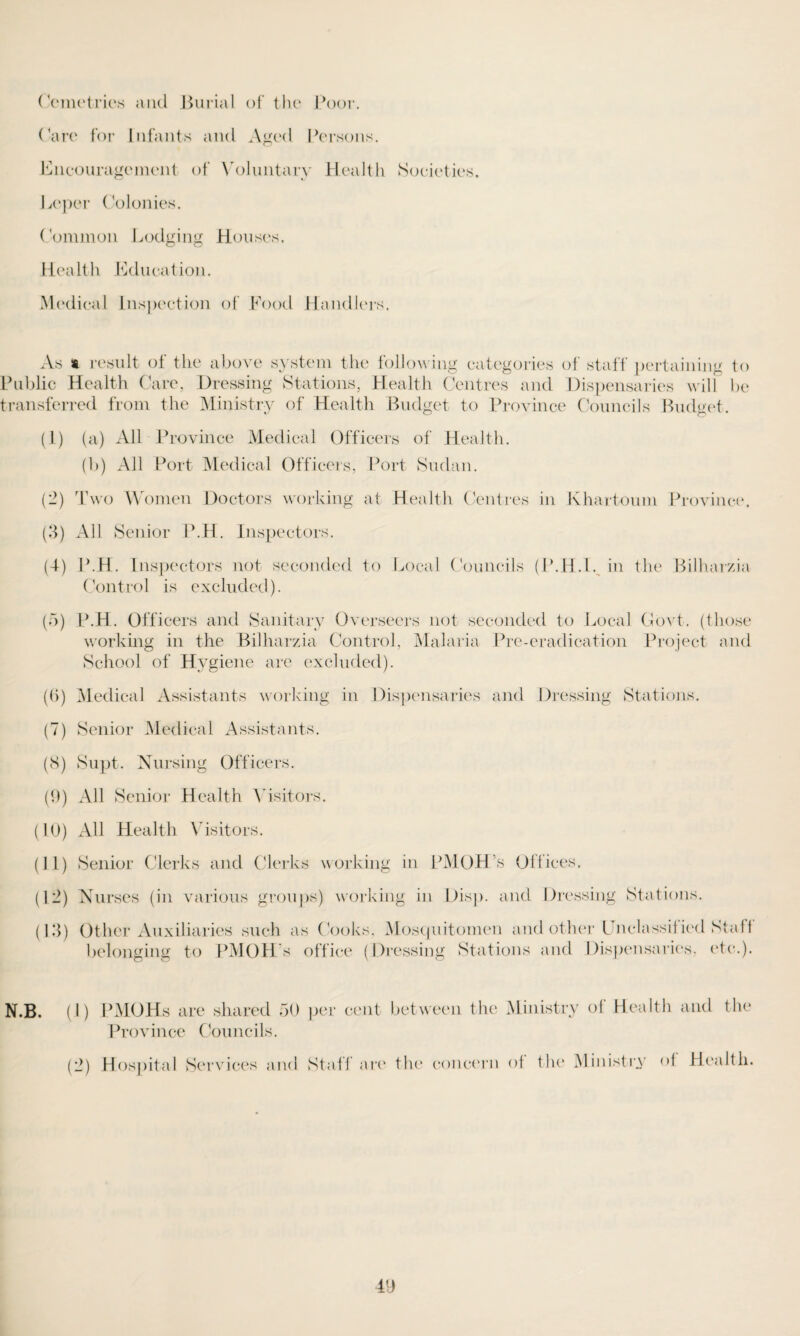 Cemetries and Burial of the Boor. (‘are for Infants and Aged Persons. Encouragement of Voluntary Health Societies. Leper Colonies. Common Lodging Houses. Health Education. Medical Inspection of Food Handlers. As * result of the above system the following categories of staff pertaining to Public Health Care, Dressing Stations, Health Centres and Dispensaries will be transferred from the Ministry of Health Budget to Province Councils Budget. (1) (a) All Province Medical Officers of Health, (b) All Port Medical Officers, Port Sudan. (2) Two Women Doctors working at Health Centres in Khartoum Province. (3) All Senior P.H. Inspectors. (4) P.H. Inspectors not seconded to Local Councils (P.H.I. in the Bilharzia Control is excluded). (5) P.H. Officers and Sanitary Overseers not seconded to Local Govt, (those working in the Bilharzia Control, Malaria Pre-eradication Project and School of Hygiene are excluded). ((>) Medical Assistants working in Dispensaries and Dressing Stations. (7) Senior Medical Assistants. (8) Supt. Nursing Officers. (9) All Senior Health Visitors. (10) All Health Visitors. (11) Senior Clerks and Clerks working in PMOH’s Offices. (12) Nurses (in various groups) working in Disp. and Dressing Stations. (13) Other Auxiliaries such as Cooks, Moscputomen and other Unclassified Stall belonging to PMOH s office (Dressing Stations and Dispensaries, etc.). N.B. (1) (->) PMOHs are shared 50 Province Councils. Hospital Services and per cent between the Ministry of Health and the Staff are the concern of the Ministry of Health.