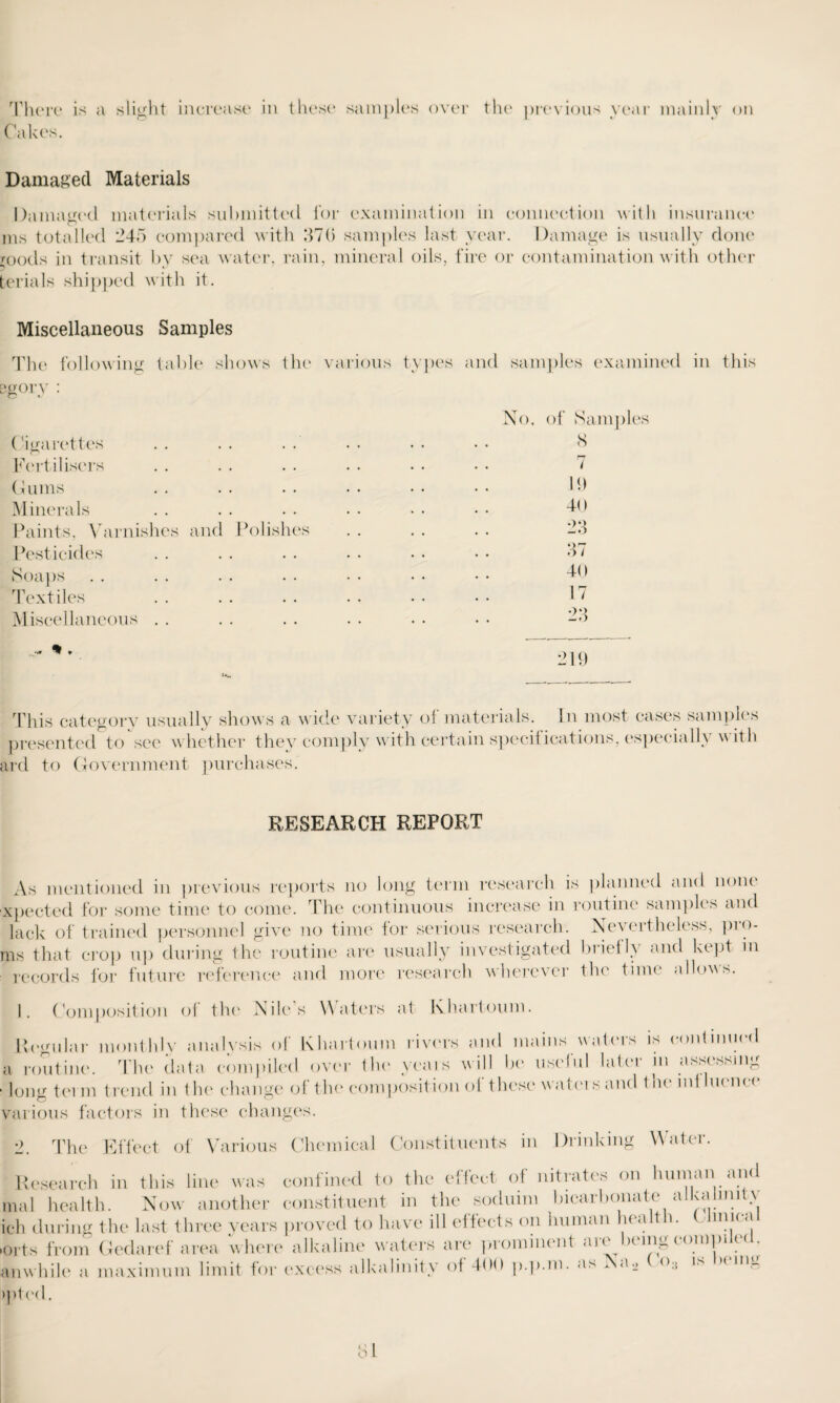 There is a slight increase in these samples over Cakes. the previous year mainly on Damaged Materials Damaged materials submitted for examination in connection with insurance ms totalled 245 compared with 370 samples last year. Damage is usually done roods in transit by sea water, rain, mineral oils, fire or contamination with other terials shipped with it. Miscellaneous Samples The following table shows the various egory : Cigarettes Fertilisers Gums Minerals Paints, Varnishes and Polishes . . Pesticides Soaps Textiles . Miscellaneous ..... %. types and samples examined in this No. of Samples 8 7 19 40 23 37 40 17 219 This category usually shows a wide variety of materials. In most cases samples presented to see whether they comply with certain specifications, especially v ith ird to Government purchases. RESEARCH REPORT As mentioned in previous reports no long term research is planned and none qiected for some time to come. The continuous increase in routine samples and lack of trained personnel give no time for serious research. Nevertheless, pro¬ as that crop up during the routine are usually investigated briefly and kept in records for future reference and more research wherever the time allous. 1. Composition of the Nile’s Waters at Khartoum. Regular monthly analysis of Khartoum rivers and mains waters is continued i routine. The data compiled over the years will be useful later in assessing long tei m trend in the change of the composition of these waters and the inf hience un ions factors in these changes. 2. The Effect of Various Chemical Constituents in Drinking Water. Research in this line was confined to the effect of nitrates on human and nal health. Now another constituent in the socluini bicarbonate alkalnutv eh during the last three years proved to have ill effects on human health. ( Imical uts from Gedaref area where alkaline waters are prominent are being compiled, tnwhile a maximum limit for excess alkalinity of 400 p.p.m. asNa., <>.( is >< m_ pted.