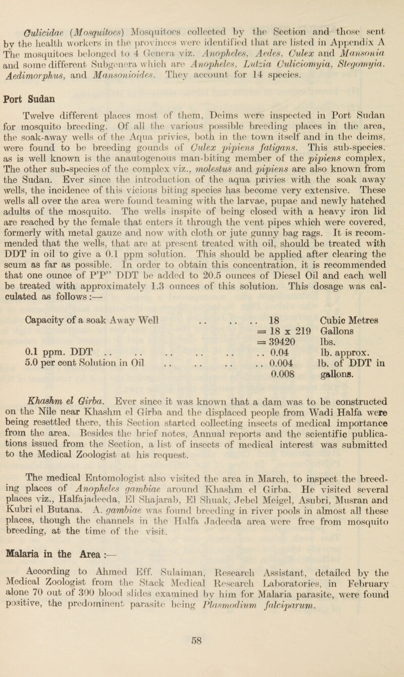 Oulicidae (Mosquitoes) Mosquitoes collected by the Section and those sent by the health workers in the provinces were identified that are listed in Appendix A The mosquitoes belonged to 4 Genera viz. Anopheles, Aedes, Gulex and Mansonia and some different Subgenera which are Anopheles, Lutzia Culiciomyia, Stegomyia. Aedimorphus, and Mansonioides. They account for 14 species. Port Sudan Twelve different places most of them, Deims were inspected in Port Sudan for mosquito breeding. Of all the various possible breeding places in the area, the soak-away wells of the Aqua privies, both in the town itself and in the deims, were found to be breeding gounds of Gulex pipiens fatigans. This sub-species, as is well known is the anautogenous man-biting member of the pipiens complex, The other sub-species of the complex viz., molestus and pipiens are also known from the Sudan. Ever since the introduction of the aqua privies with the soak away wells, the incidence of this vicious biting species has become very extensive. These wells all over the area were found teaming with the larvae, pupae and newly hatched adults of the mosquito. The wells inspite of being closed with a heavy iron lid are reached by the female that enters it through the vent pipes which were covered, formerly with metal gauze and now with cloth or jute gunny bag rags. It is recom¬ mended that the wells, that are at present treated with oil, should be treated with DDT in oil to give a 0.1 ppm solution. This should be applied after clearing the scum as far as possible. In order to obtain this concentration, it is recommended that one ounce of P’P” DDT be added to 20.5 ounces of Diesel Oil and each well be treated with approximately 1.3 ounces of this solution. This dosage was cal¬ culated as follows:— Capacity of a soak Aw ay P 0.1 ppm. DDT 5.0 per cent Solution in Oil • a • « • • • • •• • e •• co ee oo • a 18 Cubic Metres 18 x 219 Gallons 39420 lbs. 0.04 lb. approx. 0.004 lb. of DDT in 0.008 gallons. Khashm el Girba. Ever since it was known that a dam was to be constructed on the Nile near Khashm el Girba and the displaced people from Wadi Haifa were being resettled there, this Section started collecting insects of medical importance from the area. Besides the brief notes, Annual reports and the scientific publica¬ tions issued from the Section, a list of insects of medical interest was submitted to the Medical Zoologist at his request. The medical Entomologist also visited the area in March, to inspect the breed¬ ing places of Anopheles gambiae around Khashm el Girba. He visited several places viz., Halfajadeeda, El Shajarab, El Shuak, Jebel Meigel, Asubri, Musran and Kubri el Butana. A. gambiae was found breeding in river pools in almost all these places, though the channels in the Haifa Jadeeda area were free from mosquito breeding, at the time of the visit. Malaria in the Area :— According to Ahmed Eff. Sulaiman, Research Assistant, detailed by the Medical Zoologist from the Stack Medical Research Laboratories, in February alone 70 out of 300 blood slides examined by him for Malaria parasite, were found positive, the predominent parasite being Plasmodium falciparum.