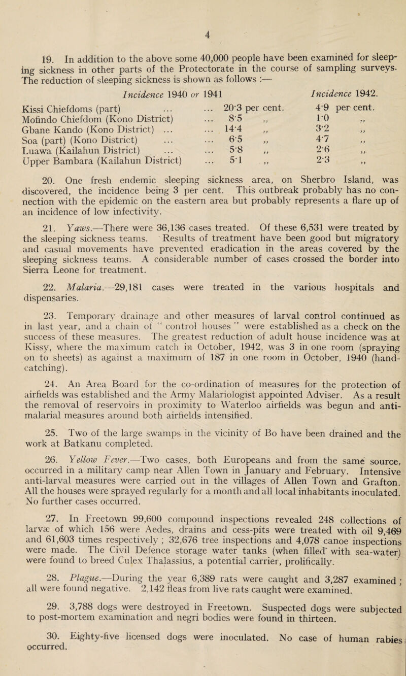 19. In addition to the above some 40,000 people have been examined for sleep¬ ing sickness in other parts of the Protectorate in the course of sampling surveys. The reduction of sleeping sickness is shown as follows :— Incidence 1940 or 1941 Incidence 1942. Kissi Chiefdoms (part) ... 20'3 per cent. 4*9 per cent. Mofindo Chiefdom (Kono District) ... 8-5 10 Gbane Kando (Kono District) ... ... 144 3*2 Soa (part) (Kono District) ... 65 4-7 Luawa (Kailahun District) 5’8 2*6 Upper Bambara (Kailahun District) ... 5T 2*3 20. One fresh endemic sleeping sickness area, on Sherbro Island, was discovered, the incidence being 3 per cent. This outbreak probably has no con¬ nection with the epidemic on the eastern area but probably represents a flare up of an incidence of low infectivity. 21. Yaws.—There were 36,136 cases treated. Of these 6,531 were treated by the sleeping sickness teams. Results of treatment have been good but migratory and casual movements have prevented eradication in the areas covered by the sleeping sickness teams. A considerable number of cases crossed the border into Sierra Leone for treatment. 22. Malaria.—29,181 cases were treated in the various hospitals and dispensaries. 23. Temporary drainage and other measures of larval control continued as in last year, and a chain of “ control houses ” were established as a check on the success of these measures. The greatest reduction of adult house incidence was at Kissy, where the maximum catch in October, 1942, was 3 in one room (spraying on to sheets) as against a maximum of 187 in one room in October, 1940 (hand- catching). 24. An Area Board for the co-ordination of measures for the protection of airfields was established and the Army Malariologist appointed Adviser. As a result the removal of reservoirs in proximity to Waterloo airfields was begun and anti- malarial. measures around both airfields intensified. 25. Two of the large swamps in the vicinity of Bo have been drained and the work at Batkanu completed. 26. Yellow Fever.—Two cases, both Europeans and from the same source, occurred in a military camp near Allen Town in January and February. Intensive anti-larval measures were carried out in the villages of Allen Town and Grafton. All the houses were sprayed regularly for a month and all local inhabitants inoculated. No further cases occurred. 27. In Freetown 99,600 compound inspections revealed 248 collections of larvae of which 156 were Aedes, drains and cess-pits were treated with oil 9,469 and 61,603 times respectively ; 32,676 tree inspections and 4,078 canoe inspections were made. The Civil Defence storage water tanks (when filled’ with sea-water) were found to breed Culex Thalassius, a potential carrier, prolifically. 28. Plague.—During the year 6,389 rats were caught and 3,287 examined ; all were found negative. 2,142 fleas from live rats caught were examined. 29. 3,788 dogs were destroyed in Freetown. Suspected dogs were subjected to post-mortem examination and negri bodies were found in thirteen. 30. Eighty-five licensed dogs were inoculated. No case of human rabies occurred.
