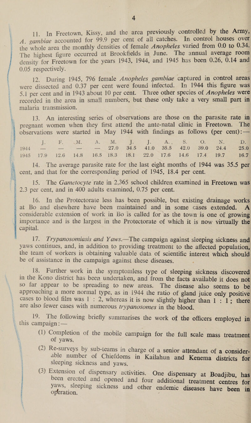 11. In Freetown, Kissy, and the area previously controlled by the Army, A. gambiae accounted for 99.9 per cent of all catches. In control houses over the whole area the monthly densities of female Anopheles varied from 0.0 to 0.34. The highest figure occurred at Brookfields in June. The annual average room i density for Freetown for the years 1943, 1944, and 1945 has been 0.26, 0.14 and 0.05 respectively. 12. During 1945, 796 female Anopheles gambiae captured in control areas were dissected and 0.37 per cent were found infected. In 1944 this figure was 5.1 per cent and In 1943 about 10 per cent. Thiee other species of Anopheles were recorded in the area in small numbers, but these only take a very small part in malaria transmission. ■ 13. An interesting series of observations are those on the parasite rate in pregnant women when they first attend the ante-natal clinic in Freetown. The observations were started in May 1944 with findings as follows (per cent): — J- F. M. A. M. J- J- A. . S. O. N. D. 1944 — — — 27.0 34.5 41.0 35.5 42.0 39.0 24.4 25.0 1945 17.9 12.6 14.8 16.5 18.3 18.1 22.0 17.6 14.6 17.4 19.7 16.7 14. The average parasite rate for the last eight months of 1944 was 35.5 per cent, and that for the corresponding period of 1945, 18.4 per cent. 15. The Gametocyte rate in 2,365 school children examined in Freetown was 2.3 per cent, and in 400 adults examined, 0.75 per cent. 16. In the Protectorate less has been possible, but existing drainage works at Bo and elsewhere have been maintained and in some cases extended. A I considerable extension of work in Bo is called for as the town is one of growing importance and is the largest in the Protectorate of which it is now virtually the capital. ! -\ n 17. Trypanosomiasis and Yaws.—The campaign against sleeping sickness and yaws continues, and, in addition to providing treatment to the affected population, the team of workers is obtaining valuable data of scientific interest which should be of assistance in the campaign against these diseases. 18. Further work in the symptomless type of sleeping sickness discovered in the Kono district has been undertaken, and from the facts available it does not so far appear to be spreading to new areas. The disease also seems to be approacning a more normal type, as in 1944 the ratio of gland juice only positive cases to blood film was 1 : 2, whereas it is now slightly higher than 1:1; there are also fewer cases with numerous trypanosomes in the blood. 19. The following briefly summarises the work of the officers employed in this campaign: — w) Completion of the mobile campaign for the full scale mass treatment of yaws, (2) Re-surveys by sub-teams in charge of a senior attendant of a consider¬ able number of Chiefdoms in Kailahun and Kenema districts for sleeping sickness and yaws. (e) Extension of dispensary activities. One dispensary at Boadjibu, has been erected and opened and four additional treatment centres for operation e^mg SldmeSS and other enciemic diseases have been in