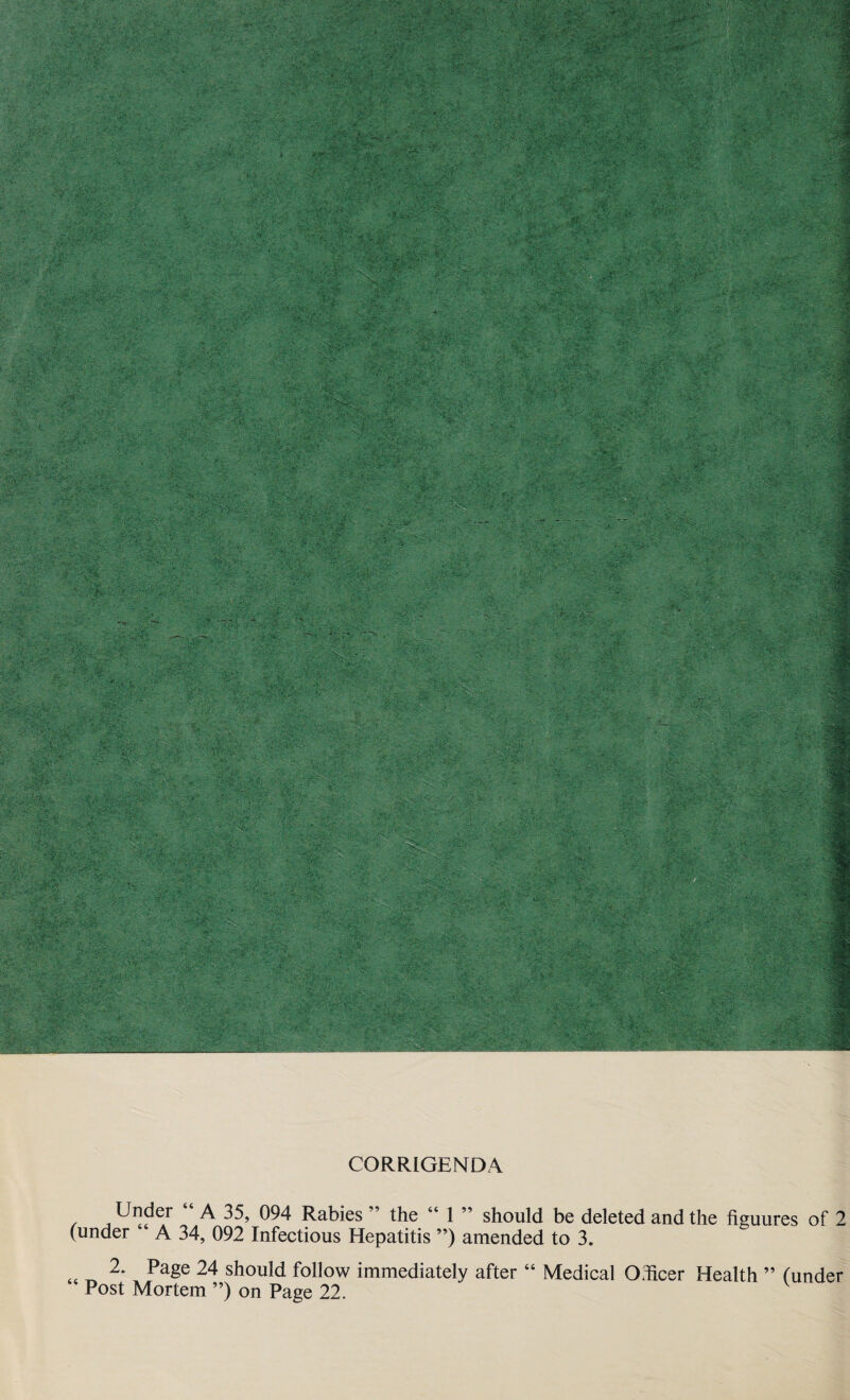 CORRIGENDA Under “ A 35, 094 Rabies ” the “ 1 ” should be deleted and the flguures of 2 (under A 34, 092 Infectious Hepatitis ”) amended to 3. 2. Page 24 should follow immediately after “ Medical Officer Health ” (under Post Mortem ”) on Page 22.