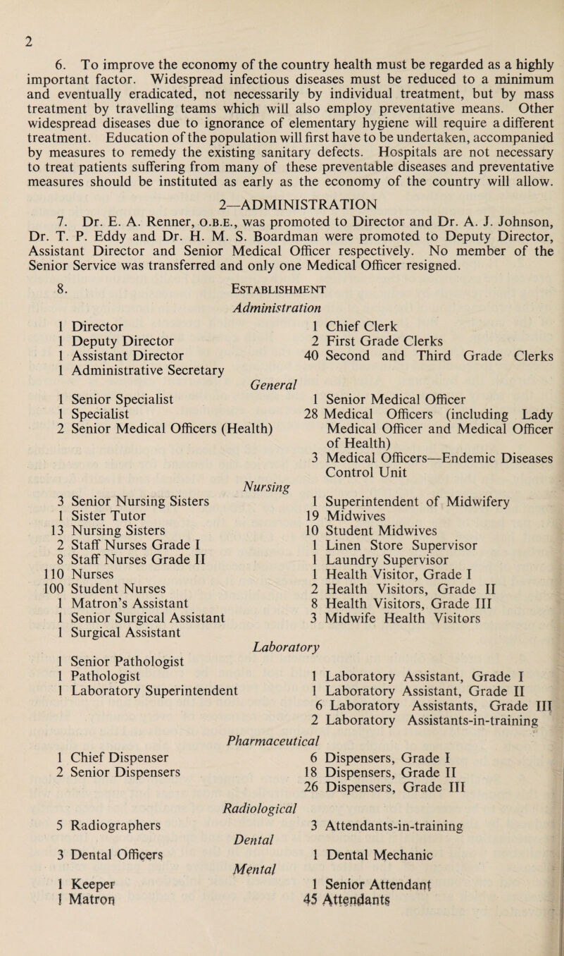 6. To improve the economy of the country health must be regarded as a highly important factor. Widespread infectious diseases must be reduced to a minimum and eventually eradicated, not necessarily by individual treatment, but by mass treatment by travelling teams which will also employ preventative means. Other widespread diseases due to ignorance of elementary hygiene will require a different treatment. Education of the population will first have to be undertaken, accompanied by measures to remedy the existing sanitary defects. Hospitals are not necessary to treat patients suffering from many of these preventable diseases and preventative measures should be instituted as early as the economy of the country will allow. 2—ADMINISTRATION 7. Dr. E. A. Renner, o.b.e., was promoted to Director and Dr. A. J. Johnson, Dr. T. P. Eddy and Dr. H. M. S. Boardman were promoted to Deputy Director, Assistant Director and Senior Medical Officer respectively. No member of the Senior Service was transferred and only one Medical Officer resigned. 8. Establishment Admin istra tion 1 Director 1 Chief Clerk 1 Deputy Director 2 First Grade Clerks 1 Assistant Director 40 Second and Third Grade Clerks 1 Administrative Secretary General 1 Senior Specialist 1 Specialist 2 Senior Medical Officers (Health) Nursing 3 Senior Nursing Sisters 1 Sister Tutor 13 Nursing Sisters 2 Staff Nurses Grade I 8 Staff Nurses Grade II 110 Nurses 100 Student Nurses 1 Matron’s Assistant 1 Senior Surgical Assistant 1 Surgical Assistant Laboratory 1 Senior Pathologist 1 Pathologist 1 Laboratory Assistant, Grade I 1 Laboratory Superintendent 1 Laboratory Assistant, Grade II 6 Laboratory Assistants, Grade III 2 Laboratory Assistants-in-training Pharmaceutical 1 Chief Dispenser 6 Dispensers, Grade I 2 Senior Dispensers 18 Dispensers, Grade II 26 Dispensers, Grade III 1 Senior Medical Officer 28 Medical Officers (including Lady Medical Officer and Medical Officer of Health) 3 Medical Officers—Endemic Diseases Control Unit 1 Superintendent of Midwifery 19 Midwives 10 Student Midwives 1 Linen Store Supervisor 1 Laundry Supervisor 1 Health Visitor, Grade I 2 Health Visitors, Grade II 8 Health Visitors, Grade III 3 Midwife Health Visitors 5 Radiographers 3 Dental Officers 1 Keeper 1 Matron Radiological Dental Mental 3 Attendants-in-training 1 Dental Mechanic 1 Senior Attendant 45 Attendants