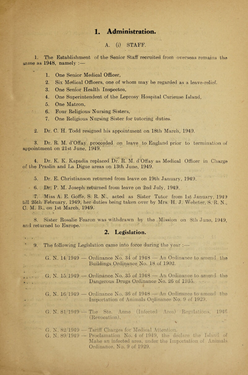 1. Administration. A. (i) STAFF. 1. The Establishment of the Senior Staff recruited from overseas remains the same as 1948, namely :— 1. One Senior Medical Officer, 2. Six Medical Officers, one of whom may he regarded as a leave-relief. 3. One Senior Health Inspectos, 4. One Superintendent of the Leprosy Hospital Curieuse Island, 5. One Matron, 6. Four Religious Nursing Sisters, 7. One Religious Nursing Sister for tutoring duties. 2. Dr. C. H. Todd resigned his appointment on 18th March, 1949. 3. Dr. R. M. d’Offay proceeded on leave to England prior to termination of appointment on 21st June, 1949.  4. Dr. K. K. Kapadia replaced Dr. R. M. d’Offay as Medical Officer in Charge of the Praslin and La Digue areas on 13th June, 1949. 5. Dr. E. Christianson returned from leave on 19th January, 1949. 6. Dr. P. M. Joseph returned from leave on 2nd July, 1949. 7. Miss A. E. Goffe, S. R. N., acted as Sister Tutor from 1st January, 1949 till 25th February, 1949, her duties being taken over by Mrs. H. J. Webster, S. R. N., C. M. B., on 1st March, 1949. 8. Sister Rosalie Fearon was withdrawn by the Mission on 8th June, 1949, and returned to Europe. 2. Legislation, 4. . t . * • : . ‘ 9. The following Legislation came into force during the year :—• G. N. 14/1949 — Ordinance No. 34 of 1948 — An Ordinance to amend the Buildings Ordinance No. 18 of 1902. . , . . G. N. 15/1949 — Ordinance No. ,35 of 1948 — An Ordinance to amend the . . , Dangerous Drugs Ordinance No. 26 of 1935. I G. N. 16/1949 — Ordinance No. 36 of 1948 — An Ordinance to amend the Importation of Animals Ordinance No. 9 of 1929. G. N. 81/1949 — The Ste. Anne (Infected Area) Regulations, 1946 (Revocation). • ' ' G. N. 82/1949 — Tariff Charges for Medical Attention. G. N. 89/1949 — Proclamation No. 4 of 1949, the declare the Island of Mahe an infected area, under the Importation of Animals