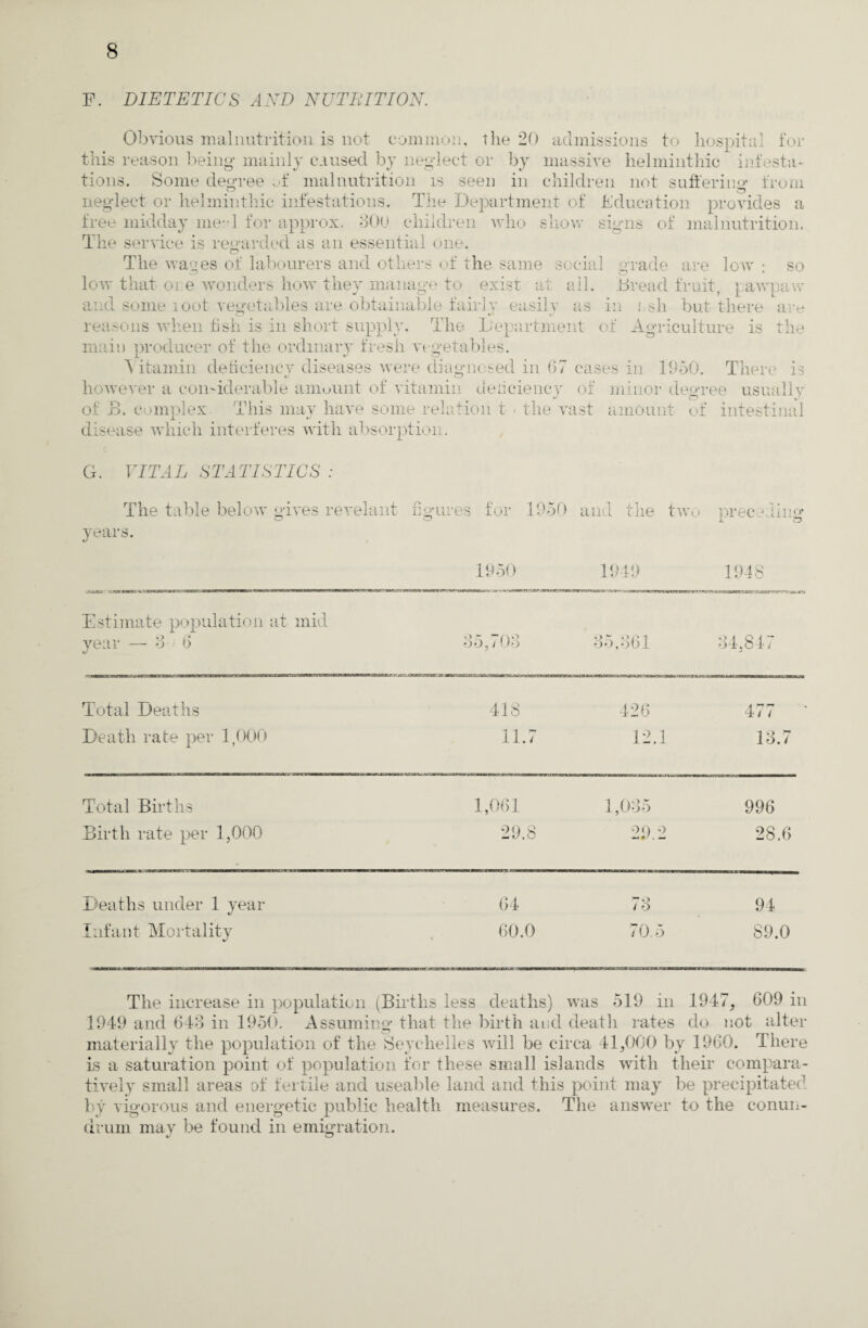 E. DIETETICS AND NUTBITION. Obvious malnutrition is not common, the 20 admissions to hospital for this reason being mainly caused by neglect or by massive helminthic infesta¬ tions. Some degree of malnutrition is seen in children not suffering from neglect or helminthic infestations. The Department of Education provides a free midday meal for approx. 3QU children who show signs of malnutrition. The service is regarded as an essential one. The wages of labourers and others of the same social grade are low : so low that ore wonders how they manage to exist at all. Bread fruit, pawpaw and some loot vegetables are obtainable fairly easily as in rsh but there are reasons when fish is in short supply. The Department of Agriculture is the main producer of the ordinary fresh vegetables. 5 itamin delieienev diseases were diagnosed in 07 cases in 1950. There is *j Co however a considerable amount of vitamin deficiency of minor decree usually of B. complex. This may have some relation t . the vast amount of intestinal disease which interferes with absorption. G. VITAL STATISTICS : The table below gives revelant figures for 1950 and the two preceding years. 1950 1949 1948 Estimate populatio n year — 3 6 at mid *> t OOji Uo 35,361 34,847 Total Deaths 418 426 477 ' Death rate per 1,000 11.7 12.1 13.7 Total Births 1,061 1,035 996 Birth rate per 1,000 29.8 29.2 28,6 Deaths under 1 year 64 73 94 Infant Mortality 60.0 70.5 89.0 The increase in population (Births less deaths) was 519 in 1947, 609 in 1949 and 643 in 1950, Assuming that the birth and death rates do not alter materially the population of the Seychelles will be circa 41,000 by 1960. There is a saturation point of population for these small islands with their compara¬ tively small areas of fertile and useable land and this point may be precipitated by vigorous and energetic public health measures. The answer to the conun¬ drum mav be found in emigration.