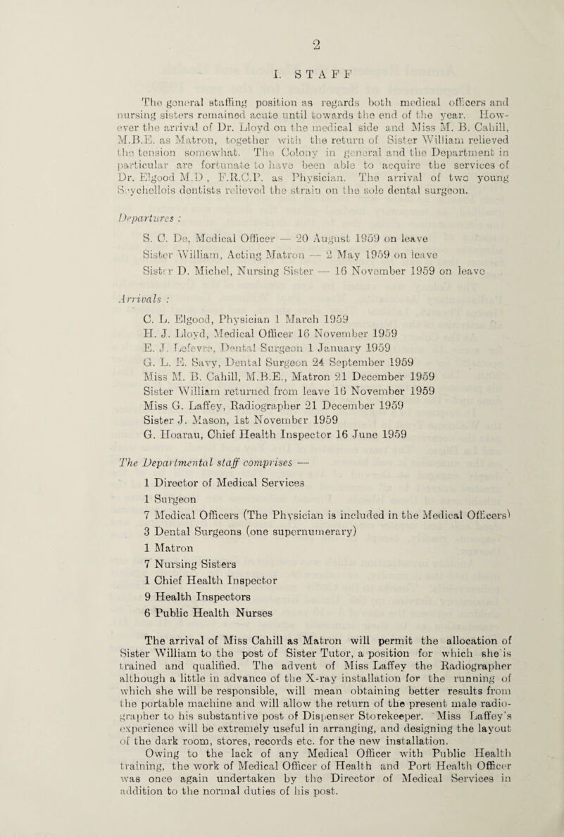 Zi I. STAFF Tho general staffing position as regards both medical officers and nursing sisters remained acute until towards the end of the year. How¬ ever the arrival of Dr. Lloyd on the medical side and Miss M. B. Cahill, M.B.E. as Matron, together with the return of Sister William relieved the tension somewhat. The Colony in general and the Department in particular are fortunate to have been able to acquire the services of Dr. Elgood M.D , F.R.C.B. as Physician. The arrival of two young Seychellois dentists relieved the strain on the sole dental surgeon. Departures : S. C. De, Medical Officer — 20 August 1959 on leave Sister William, Acting Matron — 2 May 1959 on leave Sister D. Michel, Nursing Sister — 16 November 1959 on leavo Arrivals : C. L. Elgood, Physician 1 March 1959 H. J. Lloyd, Medical Officer 16 November 1959 E. J. Lefevre, Dental Surgeon 1 January 1959 G. L. E. Savy, Dental Surgeon 24 September 1959 Miss M. B. Cahill, M.B.E., Matron 21 December 1959 Sister William returned from leave 16 November 1959 Miss G. Laffey, Radiographer 21 December 1959 Sister J. Mason, 1st November 1959 G. Hoarau, Chief Health Inspector 16 June 1959 The Departmental staff comprises — 1 Director of Medical Services 1 Surgeon 7 Medical Officers (The Physician is included in the Medical Officers'' 3 Dental Surgeons (one supernumerary) 1 Matron 7 Nursing Sisters 1 Chief Health Inspector 9 Health Inspectors 6 Public Health Nurses The arrival of Miss Cahill as Matron will permit the allocation of Sister William to the post of Sister Tutor, a position for which she is trained and qualified. The advent of Miss Laffey the Radiographer although a little in advance of the X-ray installation for the running of which she will be responsible, will mean obtaining better results from the portable machine and will allow the return of the present male radio¬ grapher to his substantive post of Dispenser Storekeeper. Miss Laffey’s experience will be extremely useful in arranging, and designing the layout of the dark room, stores, records etc. for the new installation. Owing to the lack of any Medical Officer with Public Health training, the work of Medical Officer of Health and Port Health Officer was once again undertaken by the Director of Medical Services in addition to the normal duties of his post.