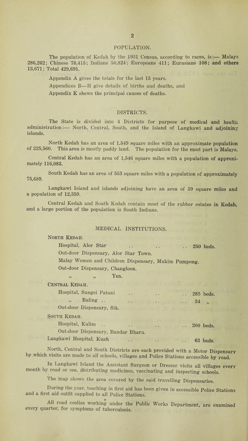 POPULATION. The population of Kedah by the 1931 Census, according to races, is:— Malays 286,262; Chinese 78,415; Indians 50,824; Europeans 411; Eurasians 108; and others 13,671; Total 429,691. Appendix A gives the totals for the last 15 years. Appendices B—H give details of births and deaths, and Appendix K shews the principal causes of deaths. DISTRICTS. The State is divided into 4 Districts for purpose of medical and health administration:— North, Central, South, and the Island of Langkawi and adjoining islands. North Kedah has an area of 1,549 square miles with an approximate population of 225,560. This area is mostly paddy land. The population for the most part is Malays. Central Kedah has an area of 1,546 square miles with a population of approxi¬ mately 116,083. South Kedah has an area of 553 square miles with a population of approximately 75,689. Langkawi Island and islands adjoining have an area of 59 square miles and a population of 12,359. Central Kedah and South Kedah contain most of the rubber estates in Kedah, and a large portion of the population is South Indians. MEDICAL INSTITUTIONS. North Kedah. Hospital, Alor Star . . . . .. 250 beds. Out-door Dispensary, Alor Star Town. Malay Women and Children Dispensary, Mukim Pumpong. Out-door Dispensary, Changloon. f t „ Yen. Central Kedah. Hospital, Sungei Patani . . . . . . 285 beds. „ Baling . . . . . . 34 * * >> Out-door Dispensary, Sik. South Kedah. Hospital, Kulim . . . . . . . , 200 beds. Out-door Dispensary, Bandar Bharu. Langkawi Hospital, Kuah . . . . . . 63 beds. North, Central and South Districts are each provided with a Motor Dispensary by which visits are made to all schools, villages and Police Stations accessible by road. In Langkawi Island the Assistant Surgeon or Dresser visits all villages every month by road or sea, distributing medicines, vaccinating and inspecting schools. The map shows the area covered by the said travelling Dispensaries. During the year, teaching in first aid has been given in accessible Police Stations and a first aid outfit supplied to all Police Stations. All road coolies working under the Public Works Department, are examined every quarter, for symptoms of tuberculosis.