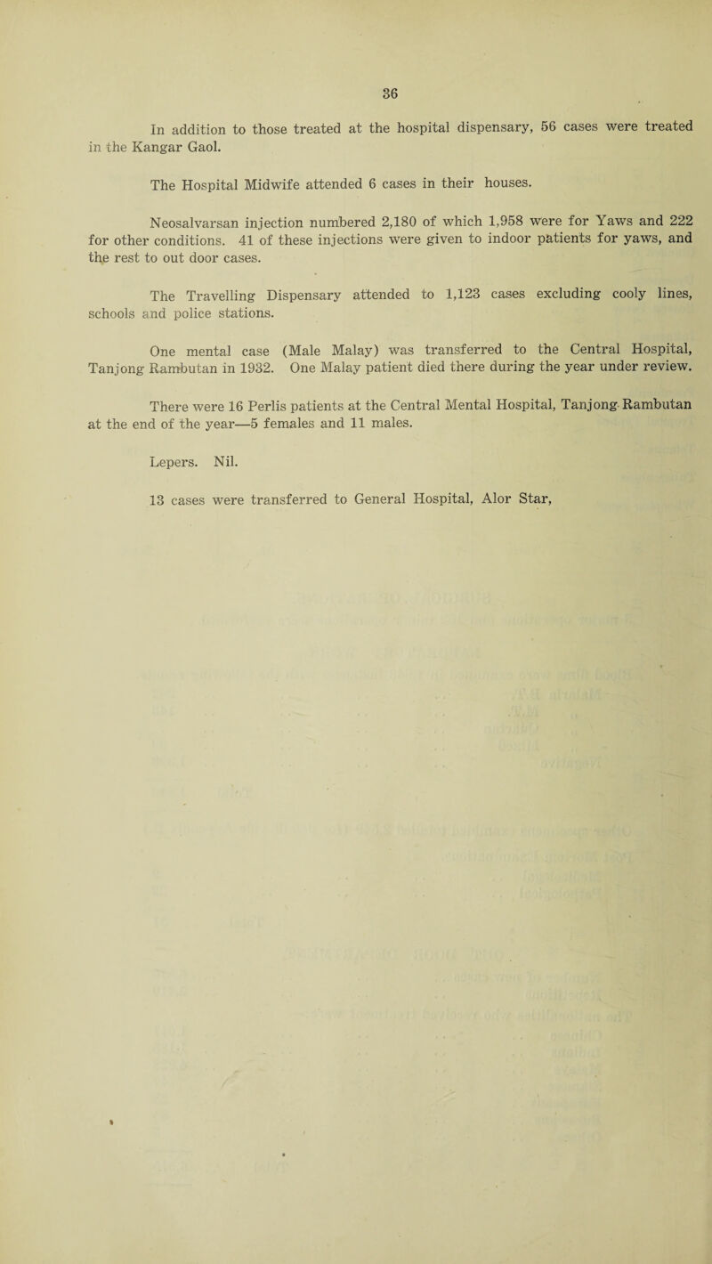In addition to those treated at the hospital dispensary, 56 cases were treated in the Kangar Gaol. The Hospital Midwife attended 6 cases in their houses. Neosalvarsan injection numbered 2,180 of which 1,958 were for Yaws and 222 for other conditions. 41 of these injections were given to indoor patients for yaws, and the rest to out door cases. The Travelling Dispensary attended to 1,123 cases excluding cooly lines, schools and police stations. One mental case (Male Malay) was transferred to the Central Hospital, Tanjong Eambutan in 1932. One Malay patient died there during the year under review. There were 16 Perlis patients at the Central Mental Hospital, Tanjong Rambutan at the end of the year—5 females and 11 males. Lepers. Nil. 13 cases were transferred to General Hospital, Alor Star, »