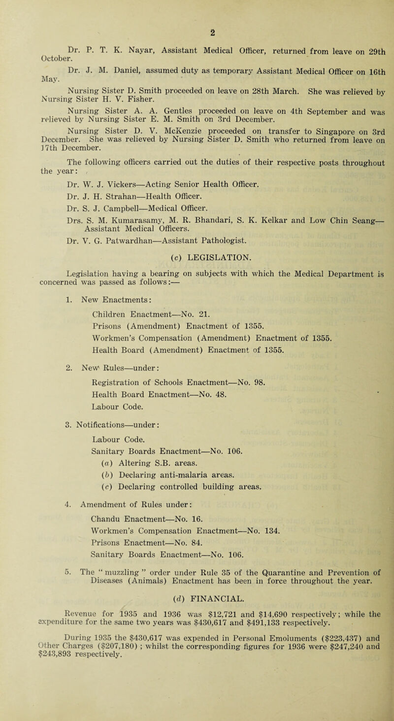 Dr. P. T. K. Nayar, Assistant Medical Officer, returned from leave on 29th October. Dr. J. M. Daniel, assumed duty as temporary Assistant Medical Officer on 16th May. Nursing Sister D. Smith proceeded on leave on 28th March. She was relieved by Nursing Sister H. V. Fisher. Nursing Sister A. A. Gentles proceeded on leave on 4th September and was relieved by Nursing Sister E. M. Smith on 3rd December. Nursing Sister D. V. McKenzie proceeded on transfer to Singapore on 3rd December. She was relieved by Nursing Sister D. Smith who returned from leave on 17th December. The following officers carried out the duties of their respective posts throughout the year: f Dr. W. J. Vickers—Acting Senior Health Officer. Dr. J. H. Strahan—Health Officer. Dr. S. J. Campbell—Medical Officer. Drs. S. M. Kumarasamy, M. R. Bhandari, S. K. Kelkar and Low Chin Seang— Assistant Medical Officers. Dr. V. G. Patwardhan—Assistant Pathologist. (c) LEGISLATION. Legislation having a bearing on subjects with which the Medical Department is concerned was passed as follows:— 1. New Enactments: Children Enactment—No. 21. Prisons (Amendment) Enactment of 1355. Workmen’s Compensation (Amendment) Enactment of 1355. Health Board (Amendment) Enactment of 1355. 2. New' Rules—under: Registration of Schools Enactment—No. 98. Health Board Enactment—No. 48. Labour Code. 3. Notifications—under: Labour Code. Sanitary Boards Enactment—No. 106. (a.) Altering S.B. areas. (5) Declaring anti-malaria areas. (c) Declaring controlled building areas. 4. Amendment of Rules under: Chandu Enactment—No. 16. Workmen’s Compensation Enactment—No. 134. Prisons Enactment—No. 84. Sanitary Boards Enactment—No. 106. 5. The “ muzzling ” order under Rule 35 of the Quarantine and Prevention of Diseases (Animals) Enactment has been in force throughout the year. (d) FINANCIAL. Revenue for 1935 and 1936 was 812,721 and $14,690 respectively; while the expenditure for the same two years was $430,617 and $491,133 respectively. During 1935 the $430,617 was expended in Personal Emoluments ($223,437) and Other Charges ($207,180) ; whilst the corresponding figures for 1936 were $247,240 and $243,893 respectively.