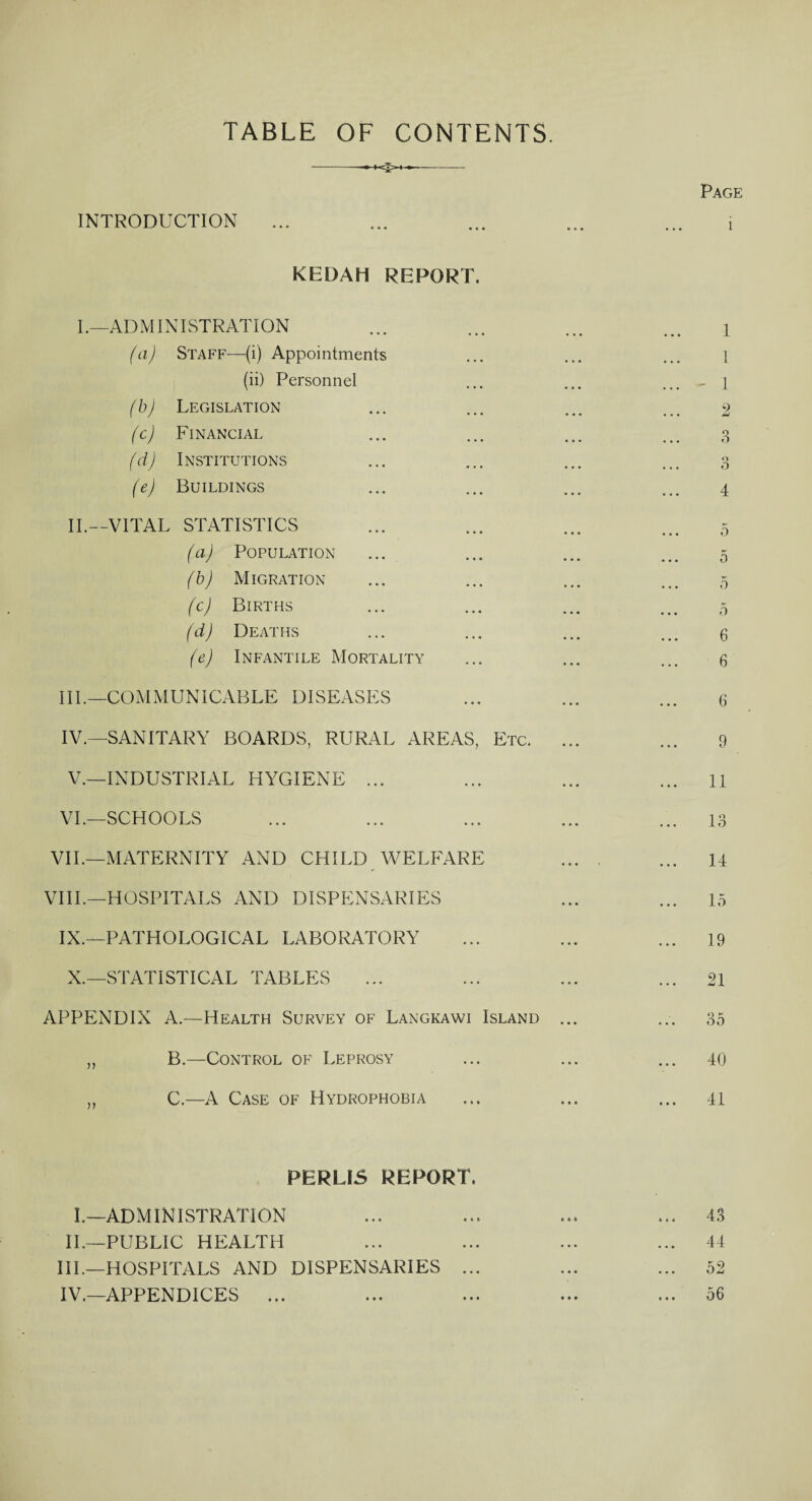 TABLE OF CONTENTS. INTRODUCTION KEDAH REPORT. I.—ADMINISTRATION (a) Staff—(i) Appointments (ii) Personnel (b) Legislation (cj Financial (d) Institutions (e) Buildings II.—VITAL STATISTICS (a) Population fb) Migration (c) Births (d) Deaths (e) Infantile Mortality III. —COMMUNICABLE DISEASES IV. —SANITARY BOARDS, RURAL AREAS, Etc. V. —INDUSTRIAL HYGIENE ... VI.—SCHOOLS VII. —MATERNITY AND CHILD WELFARE VIII. —HOSPITALS AND DISPENSARIES IX.—PATHOLOGICAL LABORATORY X.—STATISTICAL TABLES APPENDIX A.—Health Survey of Langkawi Island „ B.—Control of Leprosy „ C—A Case of Hydrophobia PERLI5 REPORT. L—ADMINISTRATION II.—PUBLIC HEALTH III. —HOSPITALS AND DISPENSARIES .. IV. —APPENDICES ...