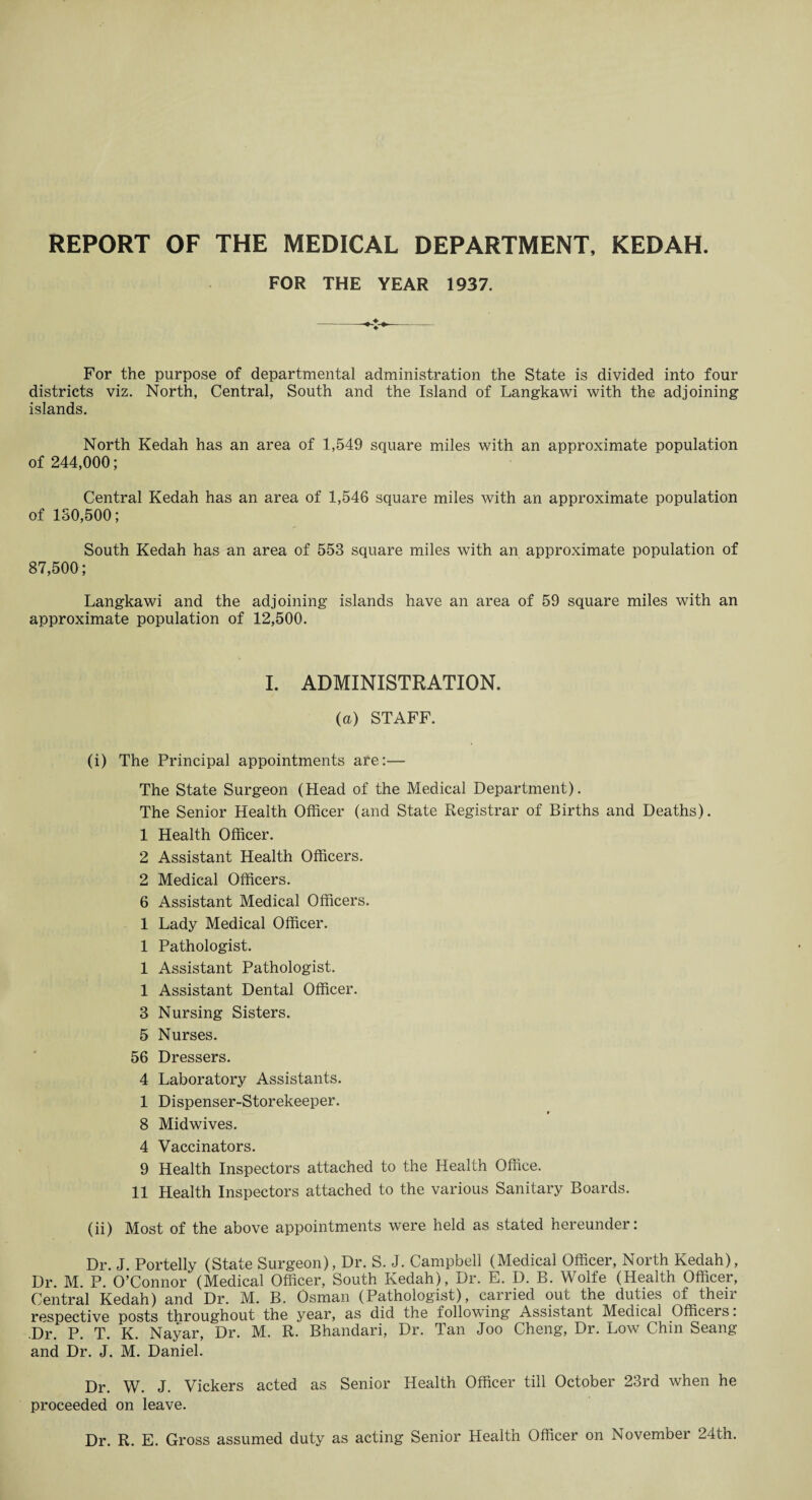 REPORT OF THE MEDICAL DEPARTMENT, KEDAH. FOR THE YEAR 1937. For the purpose of departmental administration the State is divided into four districts viz. North, Central, South and the Island of Langkawi with the adjoining islands. North Kedah has an area of 1,549 square miles with an approximate population of 244,000; Central Kedah has an area of 1,546 square miles with an approximate population of 130,500; South Kedah has an area of 553 square miles with an approximate population of 87,500; Langkawi and the adjoining islands have an area of 59 square miles with an approximate population of 12,500. I. ADMINISTRATION. (a) STAFF. (i) The Principal appointments are:— The State Surgeon (Head of the Medical Department). The Senior Health Officer (and State Registrar of Births and Deaths). 1 Health Officer. 2 Assistant Health Officers. 2 Medical Officers. 6 Assistant Medical Officers. 1 Lady Medical Officer. 1 Pathologist. 1 Assistant Pathologist. 1 Assistant Dental Officer. 3 Nursing Sisters. 5 Nurses. 56 Dressers. 4 Laboratory Assistants. 1 Dispenser-Storekeeper. » 8 Midwives. 4 Vaccinators. 9 Health Inspectors attached to the Health Office. 11 Health Inspectors attached to the various Sanitary Boards. (ii) Most of the above appointments were held as stated hereunder: Dr. J Portelly (State Surgeon), Dr. S. J. Campbell (Medical Officer, North Kedah), Dr. M. P. O’Connor (Medical Officer, South Kedah), Dr. E. D. B. Wolfe (Health Officer, Central Kedah) and Dr. M. B. Osman (Pathologist), carried out the duties of theii respective posts throughout the year, as did the following Assistant Medical Officers. .Dr. P. T. K. Nayar, Dr. M. R. Bhandari, Dr. Tan Joo Cheng, Dr. Low Chin Seang and Dr. J. M. Daniel. Dr. W. J. Vickers acted as Senior Health Officer till October 23rd when he proceeded on leave. Dr. R. E. Gross assumed duty as acting Senior Health Officer on November 24th.