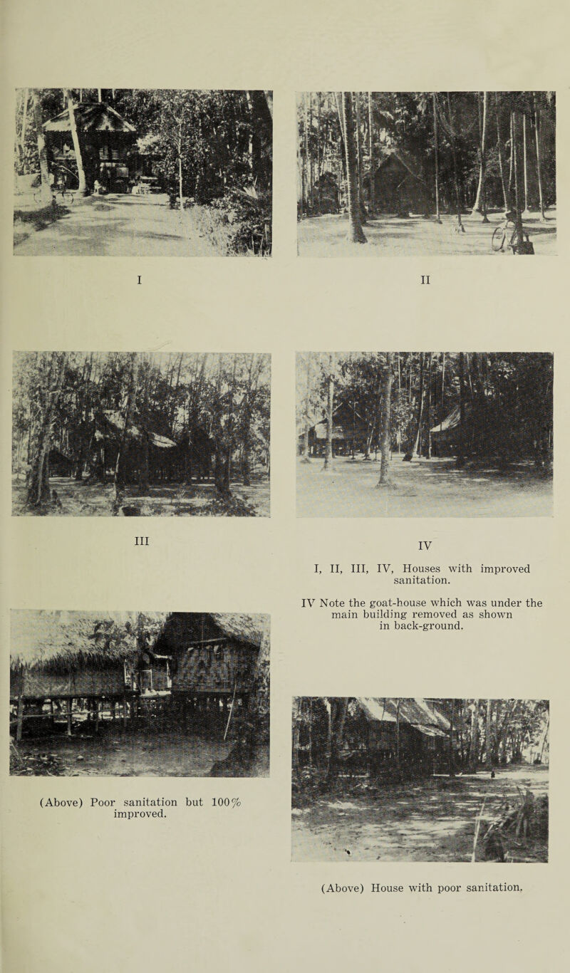 Ill IV I, II, III, IV, Houses with improved sanitation. IV Note the goat-house which was under the main building removed as shown in back-ground. (Above) Poor sanitation but 100% improved. (Above) House with poor sanitation