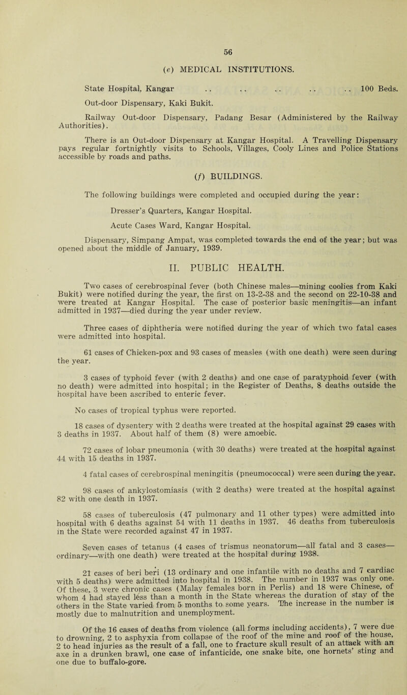 (e) MEDICAL INSTITUTIONS. State Hospital, Kangar . . . . .. . . 100 Beds. Out-door Dispensary, Kaki Bukit. Railway Out-door Dispensary, Padang Besar (Administered by the Railway Authorities). There is an Out-door Dispensary at Kangar Hospital. A Travelling Dispensary pays regular fortnightly visits to Schools, Villages, Cooly Lines and Police Stations accessible by roads and paths. (/) BUILDINGS. The following buildings were completed and occupied during the year: Dresser’s Quarters, Kangar Hospital. Acute Cases Ward, Kangar Hospital. Dispensary, Simpang Ampat, was completed towards the end of the year; but was opened about the middle of January, 1939. II. PUBLIC HEALTH. Two cases of cerebrospinal fever (both Chinese males—mining coolies from Kaki Bukit) were notified during the year, the first on 13-2-38 and the second on 22-10-38 and were treated at Kangar Hospital. The case of posterior basic meningitis—an infant admitted in 1937—died during the year under review. Three cases of diphtheria were notified during the year of which two fatal cases were admitted into hospital. 61 cases of Chicken-pox and 93 cases of measles (with one death) were seen during the year. 3 cases of typhoid fever (with 2 deaths) and one case of paratyphoid fever (with no death) were admitted into hospital; in the Register of Deaths, 8 deaths outside the hospital have been ascribed to enteric fever. No cases of tropical typhus were reported. 18 cases of dysentery with 2 deaths were treated at the hospital against 29 cases with 3 deaths in 1937. About half of them (8) were amoebic. 72 cases of lobar pneumonia (with 30 deaths) were treated at the hospital against 44 with 15 deaths in 1937. 4 fatal cases of cerebrospinal meningitis (pneumococcal) were seen during the year. 98 cases of ankylostomiasis (with 2 deaths) were treated at the hospital against 82 with one death in 1937. 58 cases of tuberculosis (47 pulmonary and 11 other types) were admitted into hospital with 6 deaths against 54 with 11 deaths in 1937. 46 deaths from tuberculosis in the State were recorded against 47 in 1937. Seven cases of tetanus (4 cases of trismus neonatorum—all fatal and 3 cases— ordinary—with one death) were treated at the hospital during 1938. 21 cases of beri beri (13 ordinary and one infantile with no deaths and 7 cardiac with 5 deaths) were admitted into hospital in 1938. The number in 1937 was only one. Of these, 3 were chronic cases (Malay females born in Perlis) and 18 were Chinese, of whom 4 had stayed Ibss than a month in the State whereas the duration of stay of the others in the State varied from 5 months to some years. The increase m the number is mostly due to malnutrition and unemployment. Of the 16 cases of deaths from violence (all forms including accidents), 7 were due to drowning, 2 to asphyxia from collapse of the roof of the mine and roof of the house, 2 to head injuries as the result of a fall, one to fracture skull result of an attack with an axe in a drunken brawl, one case of infanticide, one snake bite, one hornets sting an one due to buffalo-gore.