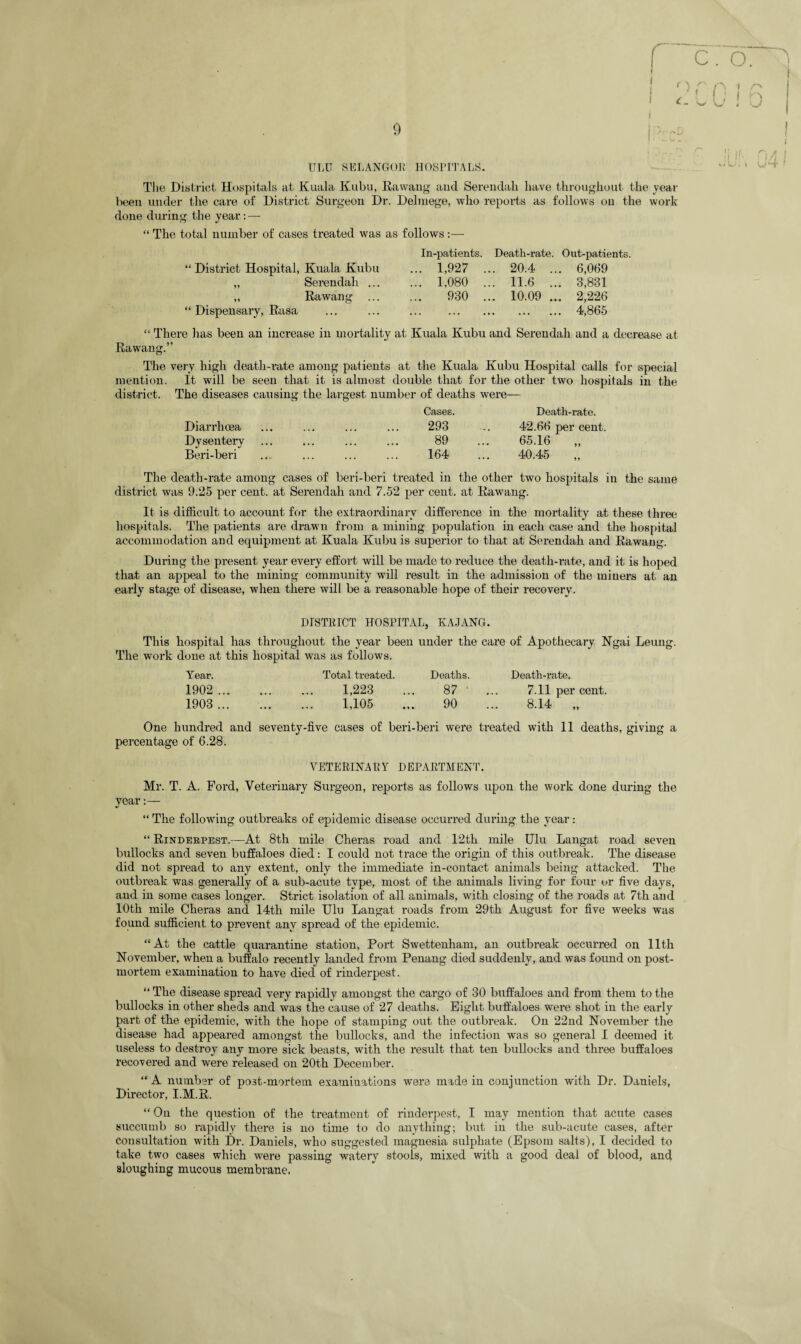 ULtT SELANGOR HOSPITALS. f C. O' 'j i PCO16 I The District Hospitals at Kuala Kubu, Rawang and Serendah have throughout the year been under the care of District Surgeon Dr. Delniege, who reports as follows on the work done during the year:— “ The total number of cases treated was as follows :— “ District Hospital, Kuala Kubu „ Serendah ... ,, Rawang “ Dispensary, Rasa In-patients. Death-rate. Out-patients. . 1,927 .. . 20.4 .. . 6,069 . 1,080 .. . 11.6 .. . 3,831 930 .. . 10.09 ... . 2,226 ... . • • . •. .. . 4,865 “ There has been an increase in mortality at Kuala Kubu and Serendah and a decrease at Rawang.” The very high death-rate among patients at the Kuala Kubu Hospital calls for special mention. It will be seen that it is almost double that for the other two hospitals in the district. The diseases causing the largest number of deaths were— Diarrhoea Dysentery Beri-beri Cases 293 89 164 Death-rate. 42.66 per cent. 65.16 40.45 The death-rate among cases of beri-beri treated in the other two hospitals in the same district was 9.25 per cent, at Serendah and 7.52 per cent, at Rawang. It is difficult to account for the extraordinary difference in the mortality at these three hospitals. The patients are drawn from a mining population in each case and the hospital accommodation and equipment at Kuala Kubu is superior to that at Serendah and Rawang. During the present year every effort will be made to reduce the death-rate, and it is hoped that an appeal to the mining community will result in the admission of the miners at an early stage of disease, when there will be a reasonable hope of their recovery. DISTRICT HOSPITAL, KAJANG. This hospital has throughout the year been under the care of Apothecary Ngai Leung. The work done at this hospital was as follows. Year. Total treated. Deaths. Death-rate. 1902 . 1,223 ... 87' ... 7.11 per cent. 1903 ... . 1,105 ... 90 ... 8.14 „ One hundred and seventy-five cases of beri-beri were treated with 11 deaths, giving a percentage of 6.28. VETERINARY DEPARTMENT. Mr. T. A. Ford, Veterinary Surgeon, reports as follows upon the work done during the year:— “ The following outbreaks of epidemic disease occurred during the year: “ Rinderpest.—At 8th mile Cheras road and 12th mile tJlu Langat road seven bullocks and seven buffaloes died: I could not trace the origin of this outbreak. The disease did not spread to any extent, only the immediate in-contact animals being attacked. The outbreak was generally of a sub-acute type, most of the animals living for four or five days, and in some cases longer. Strict isolation of all animals, with closing of the mads at 7th and 10th mile Cheras and 14th mile Ulu Langat roads from 29th August for five weeks was found sufficient to prevent any spread of the epidemic. “At the cattle quarantine station, Port Swettenham, an outbreak occurred on 11th November, when a buffalo recently landed from Penang died suddenly, and was found on post¬ mortem examination to have died of rinderpest. “ The disease spread very rapidly amongst the cargo of 30 buffaloes and from them to the bullocks in other sheds and was the cause of 27 deaths. Eight buffaloes were shot in the early part of the epidemic, with the hope of stamping out the outbreak. On 22nd November the disease had appeared amongst the bullocks, and the infection was so general I deemed it useless to destroy any more sick beasts, with the result that ten bullocks and three buffaloes recovered and were released on 20th December. “A number of po3t-mortem examinations were made in conjunction with Dr. Daniels, Director, I.M.R. “ On the question of the treatment of rinderpest, I may mention that acute cases succumb so rapidly there is no time to do anything; but in the sub-acute cases, after consultation with Dr. Daniels, who suggested magnesia sulphate (Epsom salts), I decided to take two cases which were passing watery stools, mixed with a good deal of blood, and sloughing mucous membrane.