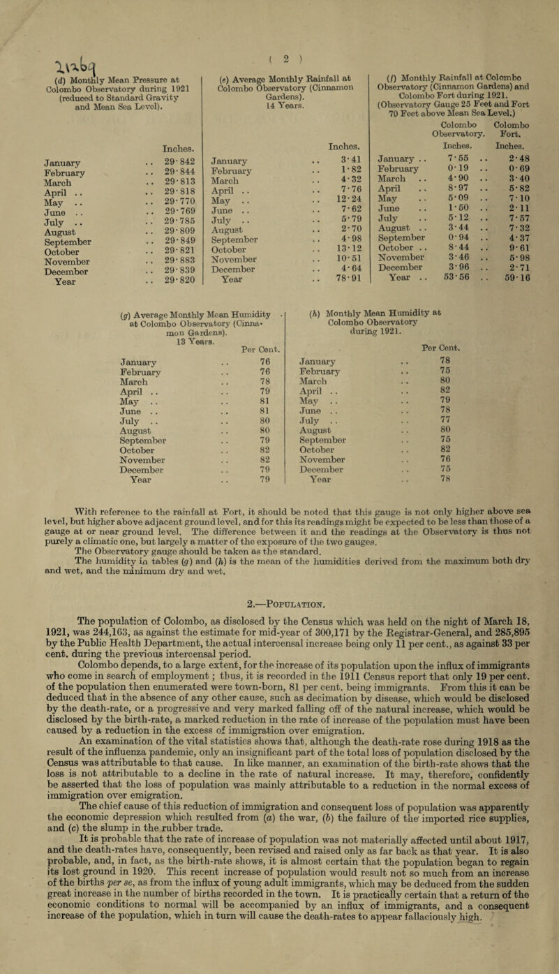 ti.VJ.ka (d) Monthly Mean Pressure at Colombo Observatory during 1921 (reduced to Standard Gravity and Mean Sea Level). January Inches. .. 29-842 February .. 29-844 March .. 29-813 April .. .. 29-818 May .. 29-770 June .. .. 29-769 July .. .. 29-785 August .. 29-809 September .. 29-849 October .. 29-821 November .. 29-883 December .. 29-839 Year .. 29-820 (e) Average Monthly Rainfall at Colombo Observatory (Cinnamon Gardens). 14 Years. January Inches. 3-41 February 1-82 March 4-32 April .. 7-76 May 12-24 June .. 7-62 July .. 5-79 August 2-70 September 4-98 October 13-12 November 10-51 December 4-64 Year 78-91 (/) Monthly Rainfall at Colombo Observatory (Cinnamon Gardens) and Colombo Fort during 1921. (Observatory Gauge 25 Feet and Fort 70 Feet above Mean Sea Level.) Colombo Colombo Observatory. Fort. Inches. Inches. January .. 7-55 .. 2-48 February 019 .. 0-69 March 4-90 .. 3-40 April 8-97 .. 5-82 May 5-09 .. 7-10 June 1-50 .. 2-11 July 5-12 .. 7-57 August .. 3-44 .. 7-32 September 0-94 .. 4-37 October . . 8-44 .. 9-61 November 3-46 .. 5-98 December 3-96 .. 2-71 Year .. 53-56 .. 59-16 (g) Average Monthly Mean Humidity . at Colombo Observatory (Cinna¬ mon Gardens). 13 Years. January Per Cent. 76 February 76 March 78 April .. 79 May 81 June .. 81 July .. 80 August 80 September 79 October 82 November 82 December 79 Year 79 (h) Monthly Mean Humidity at Colombo Observatory during 1921. Per Cent. January 78 February 75 March 80 April .. 82 Majr 79 June .. 78 July .. 77 August 80 September 75 October 82 November 76 December 75 Year 78 With reference to the rainfall at Fort, it should be noted that this gauge is not only higher above sea level, but higher above adjacent ground level, and for this its readings might be expected to be less than those of a gauge at or near ground level. The difference between it and the readings at tho Observatory is thus not purely a climatic one, but largely a matter of the exposure of the two gauges. The Observatory gauge should be taken as the standard. The humidity in tables (g) and (h) is the mean of the humidities derived from the maximum both dry and wet, and the minimum dry and wet. 2.—Population. The population of Colombo, as disclosed by the Census which was held on the night of March 18, 1921, was 244,163, as against the estimate for mid-year of 300,171 by the Registrar-General, and 285,895 by the Public Health Department, the actual intercensal increase being only 11 per cent., as against 33 per cent, during the previous intercensal period. Colombo depends, to a large extent, for the increase of its population upon the influx of immigrants who come in search of employment; thus, it is recorded in the 1911 Census report that only 19 per cent, of the population then enumerated were town-born, 81 per cent, being immigrants. From this it can be deduced that in the absence of any other cause, such as decimation by disease, which would be disclosed by the death-rate, or a progressive and very marked falling off of the natural increase, which would be disclosed by the birth-rate, a marked reduction in the rate of increase of the population must have been caused by a reduction in the excess of immigration over emigration. An examination of the vital statistics shows that, although the death-rate rose during 1918 as the result of the influenza pandemic, only an insignificant part of the total loss of population disclosed by the Census was attributable to that cause. In like manner, an examination of the birth-rate show's that the loss is not attributable to a decline in the rate of natural increase. It may, therefore, confidently be asserted that the loss of population was mainly attributable to a reduction in the normal excess of immigration over emigration. The chief cause of this reduction of immigration and consequent loss of population was apparently the economic depression which resulted from (a) the war, (b) the failure of the' imported rice supplies, and (c) the slump in the rubber trade. It is probable that the rate of increase of population was not materially affected until about 1917, and the death-rates have, consequently, been revised and raised only as far back as that year. It is also probable, and, in fact, as the birth-rate shows, it is almost certain that the population began to regain its lost ground in 1920. This recent increase of population would result not so much from an increase of the births per se, as from the influx of young adult immigrants, which may be deduced from the sudden great inorease in the number of births recorded in the town. It is practically certain that a return of the economic conditions to normal will be accompanied by an influx of immigrants, and a consequent increase of the population, which in turn will cause the death-rates to appear fallaciously high.