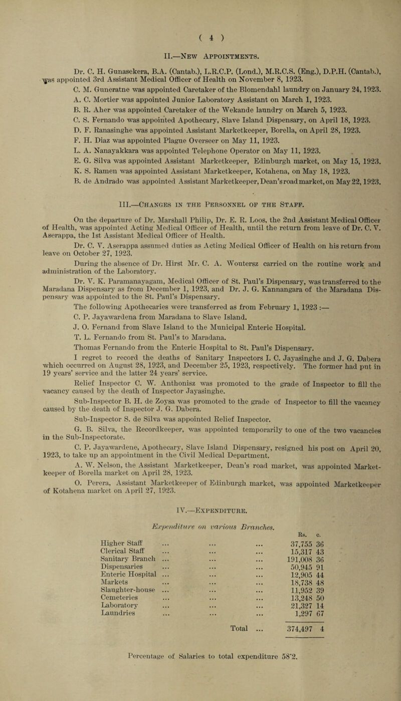 II.—New Appointments. Dr. C. H. Gunasekera, B.A. (Cantab.), L.R.C.P. (Lond.), M.R.C.S. (Eng.), D.P.H. (Cantab.), Ayas appointed 3rd Assistant Medical Officer of Health on November 8, 1923. C. M. Guneratne was appointed Caretaker of the Blomendahl laundry on January 24,1923. A. C. Mortier was appointed Junior Laboratory Assistant on March 1, 1923. B. R. Aher was appointed Caretaker of the Wekande laundry on March 5, 1923. C. S. Fernando was appointed Apothecary, Slave Island Dispensary, on April 18, 1923. D. F. Ranasinghe was appointed Assistant Marketkeeper, Borella, on April 28, 1923. F. H. Diaz was appointed Plague Overseer on May 11, 1923. L. A. Nanayakkara was appointed Telephone Operator on May 11, 1923. E. G. Silva was appointed Assistant Marketkeeper, Edinburgh market, on May 15, 1923. K. S. Ramen was appointed Assistant Marketkeeper, Kotahena, on May 18, 1923. B. de Andrado was appointed Assistant Marketkeeper, Dean’s road market, on May 22,1923. III.—Changes in the Personnel of the Staff. On the departure of Dr. Marshall Philip, Dr. E. R. Loos, the 2nd Assistant Medical Officer of Health, was appointed Acting Medical Officer of Health, until the return from leave of Dr. C. V. Aserappa, the 1st Assistant Medical Officer of Health. Dr. C. V. Aserappa assumed duties as Acting Medical Officer of Health on his return from leave on October 27, 1923. During the absence of Dr. Hirst Mr. C. A. Woutersz carried on the routine work and administration of the Laboratory. Dr. V. K. Paramanayagam, Medical Officer of St. Paul’s Dispensary, was transferred to the Maradana Dispensary as from December 1, 1923, and Dr. J. G. Kannangara of the Maradana Dis¬ pensary was appointed to the St. Paul’s Dispensary. The following Apothecaries were transferred as from February 1, 1923 :— C. P. Jayawardena from Maradana to Slave Island. J. 0. Fernand from Slave Island to the Municipal Enteric Hospital. T. L. Fernando from St. Paul’s to Maradana. Thomas Fernando from the Enteric Hospital to St. Paul’s Dispensary. I regret to record the deaths of Sanitary Inspectors I. C. Jayasinghe and J. G. Dabera which occurred on August 28, 1923, and December 25, 1923, respectively. The former had put in 19 years’ service and the latter 24 years’ service. Relief Inspector C. W. Anthonisz was promoted to the grade of Inspector to fill the vacancy caused by the death of Inspector Jayasinghe. Sub-Inspector B. H. de Zoysa was promoted to the grade of Inspector to fill the vacancy caused by the death of Inspector J. G. Dabera. Sub-Inspector S. de Silva was appointed Relief Inspector. G. B. Silva, the Recordkeeper, was appointed temporarily to one of the two vacancies in the Sub-Inspectorate. C. P. Jayawardene, Apothecary, Slave Island Dispensary, resigned his post on April 20, 1923, to take up an appointment in the Civil Medical Department. A. W. Nelson, the Assistant Marketkeeper, Dean’s road market, was appointed Market- keeper of Borella market on April 28, 1923. 0. Perera, Assistant Marketkeeper of Edinburgh market, was appointed Marketkeeper of Kotahena market on April 27, 1923. IV.—Expenditure. Expenditure on various Branches. Rs. c. Higher Staff 37,755 36 Clerical Staff 15,317 43 Sanitary Branch ... 191,008 36 Dispensaries 50,945 91 Enteric Hospital ... 12,905 44 Markets 18,738 48 Slaughter-house ... 11,952 39 Cemeteries 13,248 50 Laboratory 21,327 14 Laundries 1,297 67 Total ... 374,497 4 Percentage of Salaries to total expenditure 58’2.