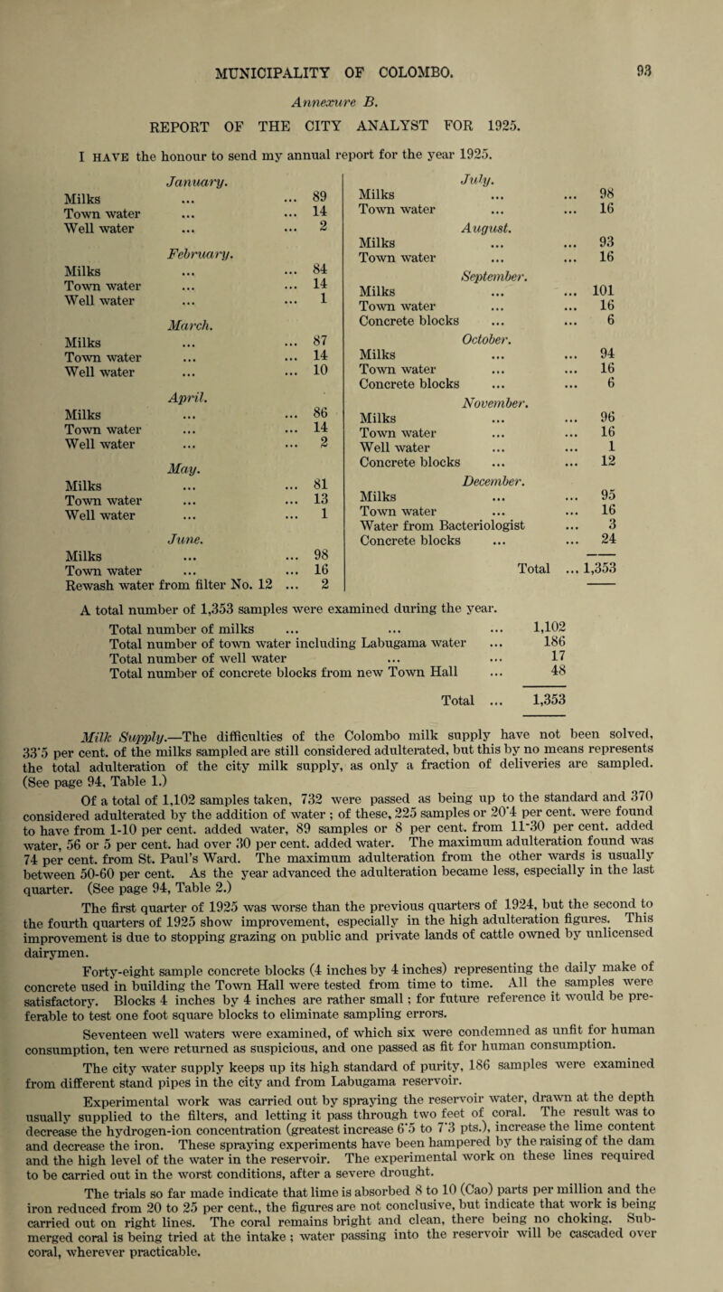 Annexure B. REPORT OF THE CITY ANALYST FOR 1925. I HAVE the honour to send my annual report for the year 1925. Milks Town water Well water Milks Town water Well water Milks Town water Well water Milks Town water Well water January. February. • • • March. • • • • • • • • • April. 89 14 2 ... 84 ... 14 ... 1 ... 87 ... 14 ... 10 86 14 2 May. Milks Town water Well water 81 June. Milks ... ... 98 Town water ... ... 16 Rewash water from filter No. 12 ... 2 July. Milks ... 98 Town water ... 16 August. Milks ... 93 Town water ... 16 September. Milks ... 101 Town water ... 16 Concrete blocks 6 October. Milks ... 94 Town water ... 16 Concrete blocks 6 November. Milks ... 96 Town water ... 16 Well water 1 Concrete blocks ... 12 December. Milks ... 95 Town water ... 16 Water from Bacteriologist 3 Concrete blocks ... 24 Total ... 1,353 A total number of 1,353 samples were examined during the year. Total number of milks ... ... ... 1,102 Total number of town water including Labugama water ... 186 Total number of well water ... ... 17 Total number of concrete blocks from new Town Hall ... 48 Total ... 1,353 Milk Supply.—The difficulties of the Colombo milk supply have not been solved, 33*5 per cent, of the milks sampled are still considered adulterated, but this by no means represents the total adulteration of the city milk supply, as only a fraction of deliveries are sampled. (See page 94, Table 1.) Of a total of 1,102 samples taken, 732 were passed as being up to the standard and 370 considered adulterated by the addition of water ; of these, 225 samples or 20*4 per cent, were found to have from 1-10 per cent, added water, 89 samples or 8 per cent, from 1130 per cent, added water, 56 or 5 per cent, had over 30 per cent, added water. The maximum adulteration found was 74 per cent, from St. Paul’s Ward. The maximum adulteration from the other wards is usually between 50-60 per cent. As the year advanced the adulteration became less, especially in the last quarter. (See page 94, Table 2.) The first quarter of 1925 was worse than the previous quarters of 1924, but the second to the fourth quarters of 1925 show improvement, especially in the high adulteration figures. This improvement is due to stopping grazing on public and private lands of cattle owned by unlicensed dairymen. Forty-eight sample concrete blocks (4 inches by 4 inches) representing the daily make of concrete used in building the Town Hall were tested from time to time. All the samples were satisfactory. Blocks 4 inches by 4 inches are rather small; for future reference it would be pre¬ ferable to test one foot square blocks to eliminate sampling errors. Seventeen well waters were examined, of which six were condemned as unfit for human consumption, ten were returned as suspicious, and one passed as fit for human consumption. The city water supply keeps up its high standard of purity, 186 samples were examined from different stand pipes in the city and from Labugama reservoir. Experimental work was carried out by spraying the reservoir water, drawn at the depth usually supplied to the filters, and letting it pass through two feet of coral. The result was to decrease the hydrogen-ion concentration (greatest increase 6‘5 to 7 3 pts.), increase the lime content and decrease the iron. These spraying experiments have been hampered by the raising of the dam and the high level of the water in the reservoir. The experimental work on these lines required to be carried out in the worst conditions, after a severe drought. The trials so far made indicate that lime is absorbed 8 to 10 (Cao) parts per million and the iron reduced from 20 to 25 per cent., the figures are not conclusive, but indicate that work is being carried out on right lines. The coral remains bright and clean, there being no choking. Sub¬ merged coral is being tried at the intake; water passing into the reservoir will be cascaded over coral, wherever practicable.
