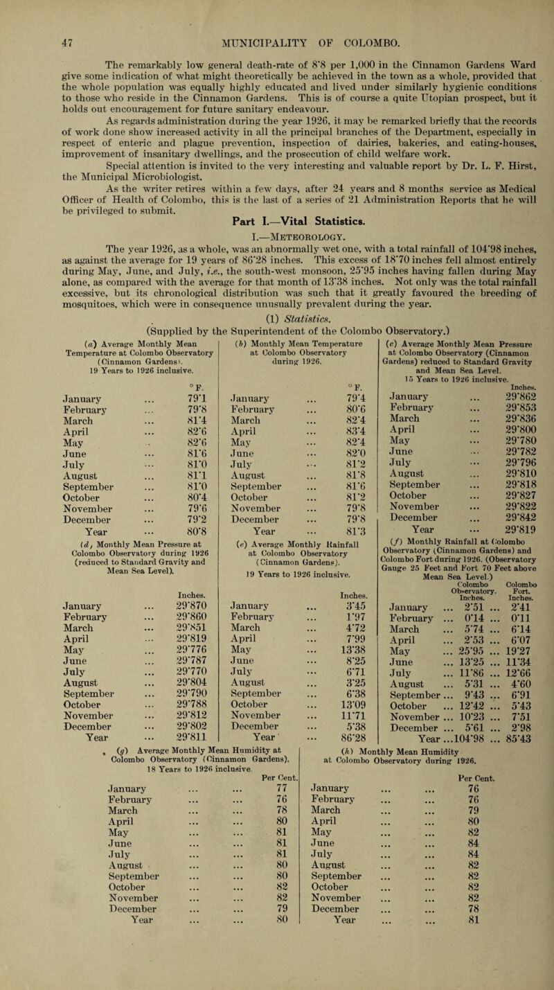 The remarkably low general death-rate of 8’8 per 1,000 in the Cinnamon Gardens Ward give some indication of what might theoretically be achieved in the town as a whole, provided that the whole population was equally highly educated and lived under similarly hygienic conditions to those who reside in the Cinnamon Gardens. This is of course a quite Utopian prospect, but it holds out encouragement for future sanitary endeavour. As regards administration during the year 1926, it may be remarked briefly that the records of work done show increased activity in all the principal branches of the Department, especially in respect of enteric and plague prevention, inspection of dairies, bakeries, and eating-houses, improvement of insanitary dwellings, and the prosecution of child welfare work. Special attention is invited to the very interesting and valuable report by Dr. L. F. Hirst, the Municipal Microbiologist. As the writer retires within a few days, after 24 years and 8 months service as Medical Officer of Health of Colombo, this is the last of a series of 21 Administration Reports that he will be privileged to submit. Part I.—Vital Statistics. I.—Meteorology. The year 1926, as a whole, was an abnormally wet one, with a total rainfall of 104*98 inches, as against the average for 19 years of 86*28 inches. This excess of 18*70 inches fell almost entirely during May, June, and July, i.e., the south-west monsoon, 25*95 inches having fallen during May alone, as compared with the average for that month of 13*38 inches. Not only was the total rainfall excessive, but its chronological distribution was such that it greatly favoured the breeding of mosquitoes, which were in consequence unusually prevalent during the year. (1) Statistics. (Supplied by the Superintendent of the Colombo Observatory.) («) Average Monthly Mean (5) Monthly Mean Temperature (c) Average Monthly Mean Pressure Temperature at Colombo Observatory at Colombo Observatory at Colombo Observatory (Cinnamon (Cinnamon Gardens'. during 1926. Gardens) reduced to Standard Gravity 19 Years to 1926 inclusive. and Mean Sea Level. 16 Years to 1926 inclusive. O ° F. Inches. January 79*1 January 79*4 January 29*862 February 79*8 February 80*6 February 29*853 March 81*4 March 82*4 March 29*836 April 82*6 April 83*4 April 29*800 May 82*6 May 82*4 May 29*780 June 81*6 June 82*0 June 29*782 July 81*0 July 81*2 July 29*796 August 81*1 August 81*8 August 29*810 September 81*0 September 81*6 September 29*818 October 80*4 October 81*2 October 29*827 November 79*6 November 79*8 November 29*822 December 79*2 December 79*8 December 29*842 Year 80*8 Year 81*3 Year 29*819 (d, Monthly Mean Pressure at (d) Average Monthly Rainfall (/) Monthly Rainfall at Colombo Colombo Observatory during 1926 at Colombo Observatory Observatory (Cinnamon Gardens) and (reduced to Standard Gravity and (Cinnamon Gardens). Colombo Fort during 1926. (Observatory Mean Sea Level), 19 Years to 1926 inclusive. Gauge 25 Feet and Fort 70 Feet above Mean Sea Level.) Colombo Colombo Inches. Inches. Observatory- Inches. Fort. Inches. January 29*870 January 3*45 January 9*51 • •• rW fj X. ••• 2*41 February 29*860 February 1*97 February ... 0*14 ... 0*11 March 29*851 March 4*72 March ... 5*74 ... 6*14 April 29*819 April 7*99 April ... 2*53 ... 6*07 May 29*776 May 13*38 May ... 25*95 ... 19*27 June 29*787 June 8*25 June ... 13*25 ... 11*34 July 29*770 July 6*71 July ... 11*86 ... 12*66 August 29*804 August 3*25 August ... 5*31 ... 4*60 September 29*790 September 6*38 September ... 9*43 ... 6*91 October 29*788 October 13*09 October ... 12*42 ... 5*43 November 29*812 November 11*71 November ... 10*23 ... 7*51 December 29*802 December 5*38 December ... 5*61 ... 2*98 Year 29*811 Year 86*28 Year ...104*98 ... 85*43 (</) Average Monthly Mean Humidity at Colombo Observatory (Cinnamon Gardens). 18 Years to 1926 inclusive Per Cent. January ... ... 77 February ... ... 76 March ... ... 78 April ... ... 80 May ... ... 81 June ... ... 81 July ... ... 81 August ... ... 80 September ... ... 80 October ... ... 82 November ... ... 82 December ... ... 79 (A) Monthly Mean Humidity at Colombo Observatory during 1926. Per Cent. January ... ... 76 February ... ... 76 March ... ... 79 April ... ... 80 May ... ... 82 June ... ... 84 July ... ... 84 August ... ... 82 September ... ... 82 October ... ... 82 November ... ... 82 December ... ... 78 Year 80 Year 81