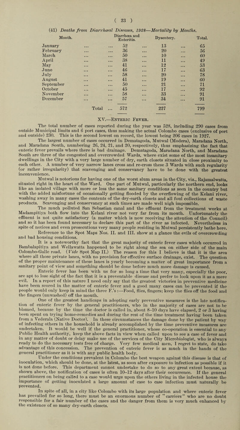 (41) Deaths from Diarrhceal Diseases, 1928—Mortality by Months. Month. Diarrhoea and Enteritis. Dysentery. Total. January 52 13 65 February 36 20 56 March 50 10 60 April 38 11 49 May 41 12 53 June 46 17 63 July 58 20 78 August 41 19 60 September 50 21 71 October 45 17 92 November 58 33 91 December 57 34 91 Total ... 572 227 799 XV.—Enteric Fever. The total number of cases reported during the year was 528, including 290 cases from outside Municipal limits and G port cases, thus making the actual Colombo cases (exclusive of port and outside) 230. This is the second lowest on record, the lowest being 206 cases in 1927. The largest number of cases occurred in Dematagoda, Mutwal (Modera), Maradana North, and Maradana South, numbering 26, 24, 21, and 20, respectively, thus emphasizing the fact that enteric fever prevails where there is bad drainage. Dematagoda, Maradana North, and Maradana South are three of the congested and overcrowded Wards, where exist some of the most insanitary dwellings in the City with a very large number of dry, earth closets situated in close proximity to each other. A number of very narrow lanes cross and re-cross these 3 Wards with such regularity (or rather irregularity) that scavenging and conservancy have to be done with the greatest inconvenience. Mutwal is notorious for having one of the worst slum areas in the City, viz., Rajamalwatta, situated right in the heart of the Ward. One part of Mutwal, particularly the northern end, looks like an isolated village with more or less the same sanitary conditions as seen in the country but with the added misfortune of occasionally getting flooded by the overflowing of the Kelani river, washing away in many cases the contents of the dry-earth closets and all foul collections of waste products. Scavenging and conservancy at such times are made well nigh impossible. The much polluted San Sebastian canal and the effluent from the treatment works at Madampitiya both flow into the Kelani river not very far from its mouth. Unfortunately the effluent is not quite satisfactory (a matter which is now receiving the attention of the Council) and so it has been found necessary to declare this part of the river as infected. Nevertheless in spite of notices and even prosecutions very many people residing in Mutwal persistently bathe here. Reference to the Spot Maps Nos. II. and III. show at a glance the evils of overcrowding and bad housing conditions. It is a noteworthy fact that the great majority of enteric fever cases which occurred in Bambalapitiya and Wellawatta happened to be right along the sea on either side of the main Colombo-Galle road. (Vide Spot Map II.) The reason for this I believe is that it is the area where all those private lanes, with no provision for effective surface drainage, exist. The question of the proper maintenance of these lanes is yearly becoming a matter of great importance from a sanitary point of view and something should be done before much more damage is caused. Enteric fever has been with us for so long a time that very many, especially the poor, are apt to lose sight of the fact that it is a preventable disease and prefer to look upon it as a mere evil. In a report of this nature I need only say that the greatest victories in preventive medicine have been scored in the matter of enteric fever and a good many cases can be prevented if the people would only keep in mind the three F.’s :—Food, flies, fingers; keep the flies off the food and the fingers (unwashed) off the mouth. One of the greatest handicaps in adopting early preventive measures is the late notifica¬ tion of enteric fever by the general practitioners, who in the majority of cases are not to lie blamed, because by the time the doctor is called in, about 8-10 days have elapsed, 2 or 3 having- been spent on trying home-remedies and during the rest of the time treatment having been taken from a Vederala (Native Doctor). In these circumstances the damage done by the patient by way of infecting others in the household is already accomplished by the time preventive measures are undertaken. It would be well if the general practitioner, whose co-operation is essential to any Public Health authority, keep the above facts in view when called upon to see a case of fever and in any matter of doubt or delay make use of the services of the City Microbiologist, who is always ready to do the necessary tests free of charge. Very few medical men, I regret to state, do take advantage of this concession. The prevention of enteric fever is as much in the hands of the general practitioner as it is with any public health body. Under the conditions prevalent in Colombo the best weapon against this disease is that of inoculation, which should be done, at the latest, as soon after exposure to infection as possible if it is not done before. This department cannot undertake to do so to any great extent because, as shown above, the notification of cases is often 10-12 days after their occurrence. If the general practitioners on being called to a case would urge upon the others living in the infected house the importance of getting inoculated a large amount of case to case infection must naturally be prevented. In spite of all, in a city like Colombo with its large population and where enteric fever has prevailed for so long, there must be an enormous number of “ carriers ” who are no doubt responsible for a fair number of the cases and the danger from them is very much enhanced by the existence of so many dry-earth closets.